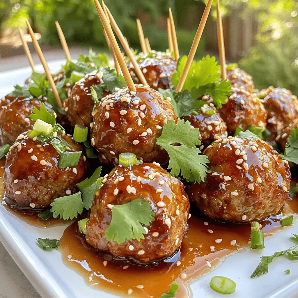 - Ground beef or turkey - Breadcrumbs - Green onions - Garlic The base of these meatballs is ground meat. I like using ground beef. You can use turkey for a lighter dish. Breadcrumbs help bind the meat together and add texture. Green onions give a fresh taste and a pop of color. Garlic adds a strong flavor that makes these meatballs shine. - Honey - Low-sodium soy sauce - Sriracha The sauce is what makes these meatballs special. Honey brings sweetness and a nice glaze. Low-sodium soy sauce adds saltiness and depth. Sriracha gives a spicy kick. You can adjust the sriracha to fit your taste. - Sesame oil for frying - Fresh cilantro for garnish Using sesame oil adds a nutty flavor when you fry the meatballs. Fresh cilantro on top makes the dish look bright and fresh. You can skip these if you want, but they enhance the dish. For the full recipe with all details, check out the [Full Recipe]. 1. Combining the ingredients Start by grabbing a large mixing bowl. Add 1 pound of ground beef or turkey. Then, toss in 1/2 cup of breadcrumbs. Next, include 1/4 cup of finely chopped green onions and 1/4 cup of grated Parmesan cheese. Don’t forget to crack in 1 large egg. Add 2 cloves of finely minced garlic, 1 teaspoon of salt, 1/2 teaspoon of black pepper, and 1/2 teaspoon of red pepper flakes for heat. Mix all these together well. 2. Proper mixing techniques Use your hands to combine the ingredients. This helps you feel the texture. Mix until everything is evenly blended. The mixture should feel cohesive and hold together. Avoid overmixing to keep the meatballs tender. 1. Preheating the oven Preheat your oven to 375°F (190°C). This step is important. A hot oven cooks the meatballs evenly and helps them brown. 2. Baking time and temperature Shape the meat mixture into small balls, about the size of a golf ball. Place them on a parchment-lined baking sheet, spaced apart. Bake in the preheated oven for about 20 minutes. You want them golden brown and cooked through. 1. Cooking instructions for the sauce While the meatballs bake, let’s make the sauce. In a small saucepan, combine 1/4 cup of honey, 1/4 cup of low-sodium soy sauce, and 1 tablespoon of sriracha if you like it spicier. Stir the mixture well. 2. Timing for sauce preparation Heat the saucepan over medium heat. Let it simmer for about 5-7 minutes. You want the sauce to thicken slightly. This sauce will give the meatballs that sweet and spicy kick. Now you have your meatballs and sauce ready. For the complete experience, check the Full Recipe! To keep your meatballs moist, do not overmix the meat. Mix until just combined. Use ground beef or turkey for great texture. If you want more flavor, add a bit more garlic. Bake the meatballs at 375°F (190°C) for 20 minutes. Check for a nice golden brown color. This way, you avoid overcooking them and drying them out. For a fun presentation, serve your meatballs on a platter with toothpicks. Drizzle extra spicy honey garlic sauce on top for a tasty look. Sprinkle sesame seeds and extra chopped green onions for color. Pair the meatballs with jasmine rice or steamed broccoli to balance the spice. Serve with a side salad for a fresh touch. If you have leftovers, you can make a meatball sub. Just place the meatballs in a bun with extra sauce. You can also add cheese for a gooey texture. Another option is to slice the meatballs and toss them in pasta with marinara sauce. To reheat, place them in the microwave for a quick meal. You can also warm them on the stove in a bit of sauce. {{image_4}} You can switch up the meat for your meatballs. Ground chicken works well in this recipe. It gives a lighter taste but stays juicy. Ground pork is another great choice. It adds a nice richness. If you want to skip meat, try using lentils or chickpeas. Mash them up and mix with breadcrumbs and spices. This gives a hearty yet plant-based option. You can still enjoy the same spicy honey garlic flavor. You can adjust the spice level to fit your taste. If you love heat, add more red pepper flakes or a splash of hot sauce. For a milder option, use less red pepper or skip it altogether. Adding unique ingredients can change the flavor profile. Consider mixing in crushed pineapple for sweetness. You could also add chopped bell peppers for crunch. These tweaks keep the dish fresh and exciting. To make this dish gluten-free, swap breadcrumbs with gluten-free options. You can use ground oats or gluten-free breadcrumbs. If you're avoiding dairy, leave out the Parmesan cheese. The meatballs will still be tasty and flavorful. You can also use a dairy-free cheese alternative if desired. This way, everyone can enjoy the spicy honey garlic meatballs. For the full recipe, check out the recipe section. To properly freeze cooked meatballs, let them cool first. Place them in a single layer on a baking sheet. Freeze for about one hour, then pack them in a freezer-safe bag. Remove as much air as you can to prevent freezer burn. These meatballs can last for up to three months in the freezer. For thawing, move the meatballs from the freezer to the fridge. Let them thaw overnight. You can also use the microwave for quick thawing, but be careful not to cook them. Store leftover meatballs in an airtight container in the fridge. This keeps them fresh longer. They will last for about three to four days. Make sure to check for any signs of spoilage before eating. If they smell off or look strange, it’s best to toss them. The best methods for reheating meatballs are baking or microwaving. To bake, set your oven to 350°F (175°C). Place the meatballs on a baking sheet and heat for about ten minutes. If using the microwave, place them on a microwave-safe plate. Heat in short bursts of 30 seconds. Check often to avoid overheating. To avoid sogginess, do not cover the meatballs while reheating. This helps keep them crisp and tasty. Enjoy your Spicy Honey Garlic Meatballs! For the full recipe, check out the details above. To check if your meatballs are done, look for a few signs: - The meatballs should be golden brown on the outside. - Use a meat thermometer to see if they reach 160°F (71°C). - Cut one in half; it should be cooked through with no pink inside. Cooking times may vary, so keep an eye on them towards the end. Yes, you can prepare these meatballs in advance. Here are some tips: - Form the meatballs and place them on a baking sheet. - Cover them with plastic wrap and store them in the fridge for up to a day. - You can also freeze the raw meatballs. Just place them in a single layer and freeze until firm. - Once frozen, transfer to a freezer bag for up to three months. - Simply bake them from frozen, adding a few extra minutes to the cooking time. These meatballs pair well with many sides. Here are some ideas: - Serve them over rice or noodles for a filling meal. - Add a fresh salad with crunchy veggies for a light touch. - Pair with steamed broccoli or green beans for a healthy side. - You can also enjoy them as appetizers with toothpicks. For more great serving ideas, check the Full Recipe. In this post, we covered how to make spicy honey garlic meatballs. We discussed essential ingredients, step-by-step cooking instructions, and tips for the best results. You can also explore variations to suit different diets or preferences. Proper storage and reheating techniques help keep your meatballs fresh. Try these meatballs for your next meal. They are simple and delicious. Enjoy the flavors!