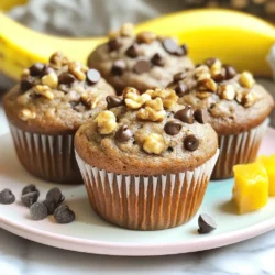 To make the best chocolate chip banana muffins, you need some key items. Here’s what you will need: - 3 ripe bananas, mashed - 1/2 cup (1 stick) unsalted butter, melted - 3/4 cup packed brown sugar - 1/4 cup granulated sugar Ripe bananas are crucial. They add natural sweetness and moisture. Use bananas that have brown spots for the best flavor. Unsalted butter gives a rich taste without extra salt. The mix of brown and granulated sugar creates a perfect balance of flavor and texture. You can add some fun extras to your muffins. Here are some optional ingredients to consider: - 1/2 cup chopped walnuts - 1 cup semi-sweet chocolate chips Chopped walnuts add a nice crunch and nutty flavor. You can mix in different types of chocolate chips, like dark chocolate or milk chocolate, to change the taste. Feel free to mix it up! If you need to make swaps, there are easy options. Here are some ideas: - For a dairy-free option, use coconut oil instead of butter. - You can also try almond milk or oat milk for moisture. - If you want gluten-free muffins, use almond flour or a gluten-free flour blend. These substitutions help you enjoy these muffins no matter your dietary needs. Always remember to check your ingredients to ensure they work well together. Explore the full recipe for more details! First, preheat your oven to 350°F (175°C). This helps your muffins bake evenly. Next, prepare your muffin tray. You can line it with paper liners or grease each cup with a little butter or non-stick spray. This step keeps your muffins from sticking. Now, grab those ripe bananas. Mash them in a large bowl until they look smooth. The riper the bananas, the sweeter your muffins will be! Once mashed, stir in the melted butter. Mix until it looks creamy and well blended. Add the brown sugar and granulated sugar to the banana mixture. Make sure to mix it well. You want no lumps at all! Then, add the eggs one at a time. Beat well after each egg. This adds air to your batter and makes your muffins fluffy. Don’t forget the vanilla extract; it adds a lovely flavor! Next, sprinkle the baking soda, baking powder, and salt over the batter. Gently mix it all together. Be careful not to over-mix; you just want everything combined. Then, fold in the all-purpose flour using a spatula. It’s okay if there are a few lumps, but stop mixing once you don’t see any flour streaks. Finally, fold in the chocolate chips. If you like walnuts, add them too. They add a nice crunch and flavor. Now it’s time to fill those muffin cups! Use a scoop or spoon to fill each cup about 3/4 full. This gives your muffins space to rise. Place the muffin tray in the preheated oven. Bake for 18-20 minutes. To check if they’re done, insert a toothpick into the center of a muffin. If it comes out clean, they are ready! Once baked, take them out of the oven. Let the muffins cool in the pan for about 5 minutes. After that, transfer them to a wire rack to cool completely. Enjoy your delicious muffins! To make your muffins light and fluffy, use ripe bananas. They bring moisture and sweetness. Room temperature ingredients also help. When butter and eggs are warm, they mix better, creating a smoother batter. Over-mixing your dough can ruin your muffins. It leads to tough, dense results. Mix gently until just combined. To prevent muffins from sticking, use paper liners or grease the muffin cups. This step is key for easy removal. For an attractive presentation, serve muffins warm on a nice plate. You can sprinkle some chocolate chips or walnut pieces on top. Pair the muffins with coffee or tea for a delightful treat. Adding fresh fruit on the side can elevate your breakfast experience. Enjoy your delicious muffins! For the complete recipe, refer to the Full Recipe section. {{image_4}} You can make your chocolate chip banana muffins even better. A simple way is to add spices. I love using cinnamon or nutmeg. These spices add warmth and depth to your muffins. Start with just a half teaspoon and adjust to taste. You can also switch up the chocolate. Instead of semi-sweet chocolate chips, try dark or white chocolate. Each type brings a unique flavor. Want a vegan version? Replace eggs with flaxseed meal or applesauce. Use plant-based butter instead of regular butter. For a low-sugar option, cut the sugar by half. You can also use natural sweeteners like honey or maple syrup. These options keep your muffins tasty while being healthier. Seasonal fruits can really change your muffins. In summer, add fresh berries for a burst of flavor. In fall, try pumpkin puree or apples for a cozy twist. You can even make holiday-themed muffins. Use peppermint extract for a festive touch around Christmas. These variations keep your chocolate chip banana muffins exciting all year. For the full recipe, check out the details above! To keep your muffins fresh, use an airtight container. This helps keep moisture in and air out. Store them at room temperature for up to three days. If you want to keep them longer, refrigeration is not the best choice. Cold air can dry out your muffins and change their texture. Instead, let them cool completely before transferring them to a container. Freezing muffins is a great way to enjoy them later. Wrap each muffin in plastic wrap or foil. Then, place them in a freezer bag. This helps prevent freezer burn. When you're ready to eat a muffin, simply take one out. Let it thaw at room temperature or warm it in the microwave for about 15 seconds. This keeps them soft and delicious. Muffins stay fresh for about three days at room temperature. If frozen, they can last for up to three months. Always check for signs of spoilage. Look for mold or off smells. If they feel dry or hard, it’s time to toss them. You want to enjoy your muffins at their best! For the full recipe, check the earlier section. To enhance moisture in your muffins, use ripe bananas. The riper, the better! They add natural sweetness and moisture. You can also add a bit more butter or sour cream. This adds richness to the batter. Finally, avoid over-baking. Check your muffins a few minutes early. Remove them when a toothpick comes out clean. Yes, you can use frozen bananas! They work great for baking. Frozen bananas often become very soft, making them easy to mash. They also add extra moisture to your muffins. Just thaw them first and drain any excess liquid. This helps keep your batter from becoming too wet. You can customize your muffins with many fun mix-ins! Try adding chopped nuts, like walnuts or pecans. They add a nice crunch. You could also use dried fruit, like raisins or cranberries. If you want more chocolate, mix in white chocolate chips or dark chocolate chunks. Get creative with spices too. A dash of cinnamon or nutmeg can add warmth. Yes, you can easily convert this muffin recipe into a loaf! Simply pour the batter into a greased loaf pan. Bake at 350°F (175°C) for about 50-60 minutes. Start checking for doneness at 50 minutes. A toothpick should come out clean from the center. This change makes a delicious bread perfect for slicing. To reheat leftover muffins, use your oven or microwave. For the oven, set it to 350°F (175°C). Place the muffins on a baking sheet for about 5-10 minutes. This warms them and keeps them soft. In the microwave, heat for about 15-20 seconds. Enjoy them warm, just like fresh out of the oven! For more details, check the Full Recipe. This guide shared everything you need for chocolate chip banana muffins. We covered essential and optional ingredients, easy step-by-step instructions, and tips for perfect texture. You learned variations to keep things fresh and fun, plus how to store muffins for later. Remember, baking is about enjoying the process and sharing delicious treats. Experiment with flavors and enjoy your tasty results!