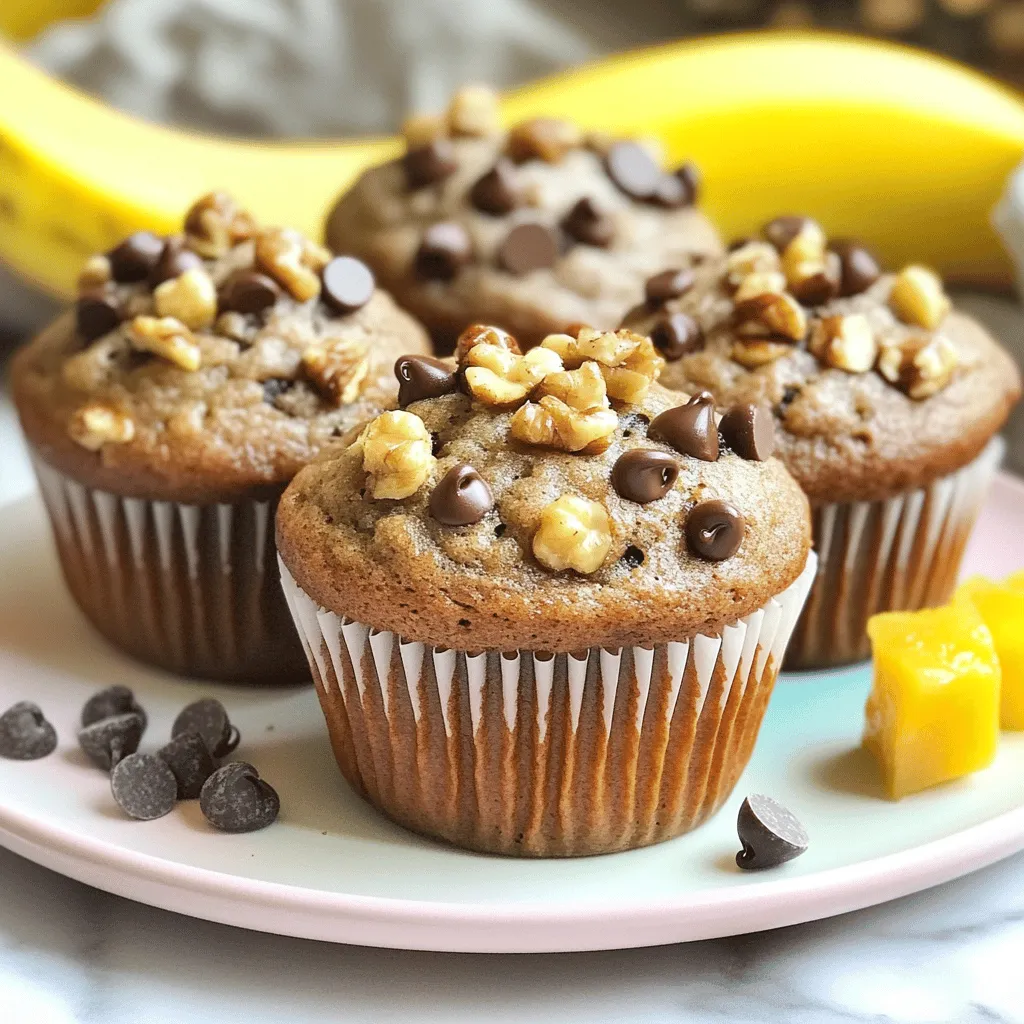 To make the best chocolate chip banana muffins, you need some key items. Here’s what you will need: - 3 ripe bananas, mashed - 1/2 cup (1 stick) unsalted butter, melted - 3/4 cup packed brown sugar - 1/4 cup granulated sugar Ripe bananas are crucial. They add natural sweetness and moisture. Use bananas that have brown spots for the best flavor. Unsalted butter gives a rich taste without extra salt. The mix of brown and granulated sugar creates a perfect balance of flavor and texture. You can add some fun extras to your muffins. Here are some optional ingredients to consider: - 1/2 cup chopped walnuts - 1 cup semi-sweet chocolate chips Chopped walnuts add a nice crunch and nutty flavor. You can mix in different types of chocolate chips, like dark chocolate or milk chocolate, to change the taste. Feel free to mix it up! If you need to make swaps, there are easy options. Here are some ideas: - For a dairy-free option, use coconut oil instead of butter. - You can also try almond milk or oat milk for moisture. - If you want gluten-free muffins, use almond flour or a gluten-free flour blend. These substitutions help you enjoy these muffins no matter your dietary needs. Always remember to check your ingredients to ensure they work well together. Explore the full recipe for more details! First, preheat your oven to 350°F (175°C). This helps your muffins bake evenly. Next, prepare your muffin tray. You can line it with paper liners or grease each cup with a little butter or non-stick spray. This step keeps your muffins from sticking. Now, grab those ripe bananas. Mash them in a large bowl until they look smooth. The riper the bananas, the sweeter your muffins will be! Once mashed, stir in the melted butter. Mix until it looks creamy and well blended. Add the brown sugar and granulated sugar to the banana mixture. Make sure to mix it well. You want no lumps at all! Then, add the eggs one at a time. Beat well after each egg. This adds air to your batter and makes your muffins fluffy. Don’t forget the vanilla extract; it adds a lovely flavor! Next, sprinkle the baking soda, baking powder, and salt over the batter. Gently mix it all together. Be careful not to over-mix; you just want everything combined. Then, fold in the all-purpose flour using a spatula. It’s okay if there are a few lumps, but stop mixing once you don’t see any flour streaks. Finally, fold in the chocolate chips. If you like walnuts, add them too. They add a nice crunch and flavor. Now it’s time to fill those muffin cups! Use a scoop or spoon to fill each cup about 3/4 full. This gives your muffins space to rise. Place the muffin tray in the preheated oven. Bake for 18-20 minutes. To check if they’re done, insert a toothpick into the center of a muffin. If it comes out clean, they are ready! Once baked, take them out of the oven. Let the muffins cool in the pan for about 5 minutes. After that, transfer them to a wire rack to cool completely. Enjoy your delicious muffins! To make your muffins light and fluffy, use ripe bananas. They bring moisture and sweetness. Room temperature ingredients also help. When butter and eggs are warm, they mix better, creating a smoother batter. Over-mixing your dough can ruin your muffins. It leads to tough, dense results. Mix gently until just combined. To prevent muffins from sticking, use paper liners or grease the muffin cups. This step is key for easy removal. For an attractive presentation, serve muffins warm on a nice plate. You can sprinkle some chocolate chips or walnut pieces on top. Pair the muffins with coffee or tea for a delightful treat. Adding fresh fruit on the side can elevate your breakfast experience. Enjoy your delicious muffins! For the complete recipe, refer to the Full Recipe section. {{image_4}} You can make your chocolate chip banana muffins even better. A simple way is to add spices. I love using cinnamon or nutmeg. These spices add warmth and depth to your muffins. Start with just a half teaspoon and adjust to taste. You can also switch up the chocolate. Instead of semi-sweet chocolate chips, try dark or white chocolate. Each type brings a unique flavor. Want a vegan version? Replace eggs with flaxseed meal or applesauce. Use plant-based butter instead of regular butter. For a low-sugar option, cut the sugar by half. You can also use natural sweeteners like honey or maple syrup. These options keep your muffins tasty while being healthier. Seasonal fruits can really change your muffins. In summer, add fresh berries for a burst of flavor. In fall, try pumpkin puree or apples for a cozy twist. You can even make holiday-themed muffins. Use peppermint extract for a festive touch around Christmas. These variations keep your chocolate chip banana muffins exciting all year. For the full recipe, check out the details above! To keep your muffins fresh, use an airtight container. This helps keep moisture in and air out. Store them at room temperature for up to three days. If you want to keep them longer, refrigeration is not the best choice. Cold air can dry out your muffins and change their texture. Instead, let them cool completely before transferring them to a container. Freezing muffins is a great way to enjoy them later. Wrap each muffin in plastic wrap or foil. Then, place them in a freezer bag. This helps prevent freezer burn. When you're ready to eat a muffin, simply take one out. Let it thaw at room temperature or warm it in the microwave for about 15 seconds. This keeps them soft and delicious. Muffins stay fresh for about three days at room temperature. If frozen, they can last for up to three months. Always check for signs of spoilage. Look for mold or off smells. If they feel dry or hard, it’s time to toss them. You want to enjoy your muffins at their best! For the full recipe, check the earlier section. To enhance moisture in your muffins, use ripe bananas. The riper, the better! They add natural sweetness and moisture. You can also add a bit more butter or sour cream. This adds richness to the batter. Finally, avoid over-baking. Check your muffins a few minutes early. Remove them when a toothpick comes out clean. Yes, you can use frozen bananas! They work great for baking. Frozen bananas often become very soft, making them easy to mash. They also add extra moisture to your muffins. Just thaw them first and drain any excess liquid. This helps keep your batter from becoming too wet. You can customize your muffins with many fun mix-ins! Try adding chopped nuts, like walnuts or pecans. They add a nice crunch. You could also use dried fruit, like raisins or cranberries. If you want more chocolate, mix in white chocolate chips or dark chocolate chunks. Get creative with spices too. A dash of cinnamon or nutmeg can add warmth. Yes, you can easily convert this muffin recipe into a loaf! Simply pour the batter into a greased loaf pan. Bake at 350°F (175°C) for about 50-60 minutes. Start checking for doneness at 50 minutes. A toothpick should come out clean from the center. This change makes a delicious bread perfect for slicing. To reheat leftover muffins, use your oven or microwave. For the oven, set it to 350°F (175°C). Place the muffins on a baking sheet for about 5-10 minutes. This warms them and keeps them soft. In the microwave, heat for about 15-20 seconds. Enjoy them warm, just like fresh out of the oven! For more details, check the Full Recipe. This guide shared everything you need for chocolate chip banana muffins. We covered essential and optional ingredients, easy step-by-step instructions, and tips for perfect texture. You learned variations to keep things fresh and fun, plus how to store muffins for later. Remember, baking is about enjoying the process and sharing delicious treats. Experiment with flavors and enjoy your tasty results!