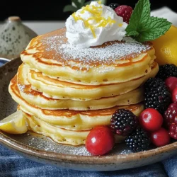 - 1 cup of creamy ricotta cheese - 3/4 cup of whole milk - 2 large eggs - Zest of 1 fresh lemon - 1 tablespoon freshly squeezed lemon juice - 1 cup all-purpose flour - 2 tablespoons granulated sugar - 2 teaspoons baking powder - 1/2 teaspoon fine sea salt - Butter or cooking spray for greasing the pan These ingredients create a light and fluffy pancake. The ricotta cheese adds creaminess. The lemon zest and juice give a bright, fresh flavor. Be sure to use fresh lemon for the best taste. The flour and baking powder provide structure and lift. Grab a mixing bowl and prepare to create magic. Start with ricotta cheese, milk, and eggs. The eggs help bind the mix. Zest your lemon carefully. You want just the yellow part. It holds essential oils for flavor. Next, squeeze the lemon juice. Fresh juice brings out a nice tang. Gather your dry ingredients. Sifting the flour, sugar, baking powder, and salt helps mix them well. This step is key for fluffy pancakes. Use butter or cooking spray for your pan. It keeps pancakes from sticking. You can enjoy these pancakes with syrup or berries. They are perfect for breakfast or brunch. Don't forget to check the Full Recipe for more details! First, grab a large mixing bowl. Combine the following ingredients: - 1 cup of creamy ricotta cheese - 3/4 cup of whole milk - 2 large eggs - Zest of 1 fresh lemon - 1 tablespoon of freshly squeezed lemon juice Now, use a whisk or fork to blend everything together. Mix until it feels smooth and creamy. This step is key for a light and airy pancake texture. In a separate bowl, sift together: - 1 cup of all-purpose flour - 2 tablespoons of granulated sugar - 2 teaspoons of baking powder - 1/2 teaspoon of fine sea salt Sifting helps mix the flour and other dry ingredients evenly. This ensures your pancakes rise beautifully. Next, preheat your skillet or griddle over medium heat. Lightly grease it with butter or cooking spray. This prevents sticking and gives your pancakes a nice golden color. Pour about 1/4 cup of batter onto the skillet for each pancake. Cook for 2-3 minutes. You'll see bubbles forming and the edges will look set. Carefully flip the pancakes and cook for another 1-2 minutes until both sides are golden brown. Keep cooking the rest of the batter, greasing the pan as needed. Once they are done, stack them on a plate. Enjoy them warm with maple syrup or fresh berries. For the complete recipe, check the Full Recipe section. To make your pancakes fluffy, avoid overmixing the batter. Mix just until the dry ingredients integrate. A few lumps are okay! Overmixing can lead to dense pancakes, which you don’t want. Next, watch the cooking temperature. Set your skillet to medium heat. If it’s too hot, the pancakes will burn on the outside but stay raw inside. The right temperature ensures a golden brown exterior and a soft, fluffy interior. For a delightful finish, serve your pancakes with pure maple syrup or fresh berries. The sweet syrup adds richness, while berries bring a burst of freshness. You can also garnish with a dollop of whipped cream. It makes the dish look stunning and adds a creamy note. Consider adding lemon zest on top for a pop of color. Fresh mint leaves can also make your plate look vibrant. These small touches enhance both flavor and presentation, making your pancakes a hit at any meal. For the complete cooking process, refer to the Full Recipe. {{image_4}} You can give your lemon ricotta pancakes a fun twist. Adding spices like cinnamon or nutmeg can enhance the flavor. Just a pinch of cinnamon can add warmth. Nutmeg brings a rich, earthy taste. You can also mix in blueberries or chocolate chips for extra sweetness. Fresh blueberries burst with juice as they cook. Chocolate chips melt and create a gooey treat. Both options make your pancakes even more delicious. If you need a gluten-free version, try using almond flour or oat flour. These flours work well and keep the pancakes fluffy. You can also combine them for a unique taste. For a dairy-free option, substitute the ricotta cheese with a plant-based alternative. Cashew cream or tofu can work nicely. Both options keep the pancakes moist and tasty without dairy. Feel free to explore these variations. They will help you enjoy lemon ricotta pancakes in new ways. For the full recipe, check the link provided. To keep your leftover pancakes fresh, place them in an airtight container. You can store them in the refrigerator for up to three days. For longer storage, use the freezer. Just stack the pancakes with parchment paper between each one. This will help prevent sticking. Wrap the stack tightly in plastic wrap and then place it in a freezer bag. When you're ready to eat, you can reheat them easily. To reheat from the refrigerator, simply pop the pancakes in the microwave for about 20-30 seconds. If they are frozen, microwave them for 1-2 minutes, flipping halfway through. You can also reheat them on a skillet over low heat. This method keeps the pancakes warm and gives them a nice crisp edge. When stored properly, pancakes can last up to three days in the fridge and up to two months in the freezer. Always check for signs of spoilage before eating. If the pancakes smell sour or have an off color, it’s best to throw them away. Fresh pancakes should look fluffy and feel soft to the touch. Enjoy your lemon ricotta pancakes at their best! To make pancakes fluffy, focus on how you mix the eggs. Whisk the eggs well before adding them to the batter. This helps to incorporate air, which makes pancakes light. Use room temperature ingredients. Cold ingredients can lead to denser pancakes. Ensure the right ratio of wet to dry ingredients is correct. Too much flour can make the pancakes heavy. Yes, you can prepare these pancakes ahead of time. You can make the batter the night before and store it in the fridge. Just remember to stir it gently before cooking. If you have cooked pancakes left, store them in an airtight container. They can last in the fridge for 3-4 days. Reheat them in a toaster or microwave for a quick meal. These pancakes pair well with many toppings. Fresh berries add a pop of flavor. You can also drizzle pure maple syrup for sweetness. A dollop of whipped cream makes them feel fancy. For a citrus twist, add more lemon zest on top. Even a sprinkle of powdered sugar works great. You can find the Full Recipe of Fluffy Lemon Ricotta Pancakes in the earlier sections. These lemon ricotta pancakes are easy to make and taste great. You mix creamy ricotta, milk, eggs, and lemon juice for a smooth batter. Then, add in your dry ingredients for perfect fluffiness. Remember to avoid overmixing. You can customize your pancakes with fruit or spices. Store leftovers properly to enjoy another day. With these tips, you’ll whip up fantastic pancakes every time. Enjoy your delicious breakfast!