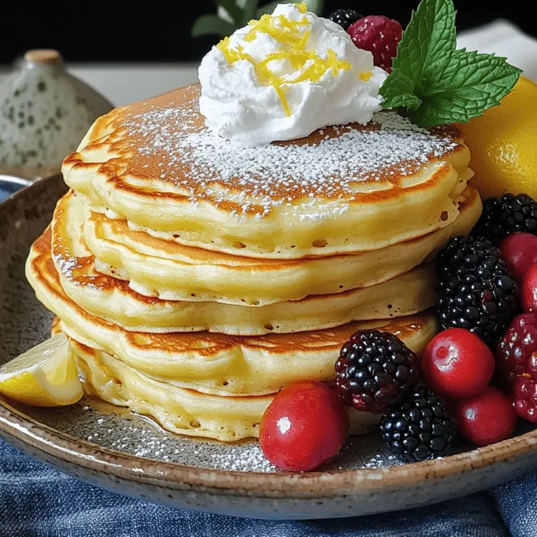 - 1 cup of creamy ricotta cheese - 3/4 cup of whole milk - 2 large eggs - Zest of 1 fresh lemon - 1 tablespoon freshly squeezed lemon juice - 1 cup all-purpose flour - 2 tablespoons granulated sugar - 2 teaspoons baking powder - 1/2 teaspoon fine sea salt - Butter or cooking spray for greasing the pan These ingredients create a light and fluffy pancake. The ricotta cheese adds creaminess. The lemon zest and juice give a bright, fresh flavor. Be sure to use fresh lemon for the best taste. The flour and baking powder provide structure and lift. Grab a mixing bowl and prepare to create magic. Start with ricotta cheese, milk, and eggs. The eggs help bind the mix. Zest your lemon carefully. You want just the yellow part. It holds essential oils for flavor. Next, squeeze the lemon juice. Fresh juice brings out a nice tang. Gather your dry ingredients. Sifting the flour, sugar, baking powder, and salt helps mix them well. This step is key for fluffy pancakes. Use butter or cooking spray for your pan. It keeps pancakes from sticking. You can enjoy these pancakes with syrup or berries. They are perfect for breakfast or brunch. Don't forget to check the Full Recipe for more details! First, grab a large mixing bowl. Combine the following ingredients: - 1 cup of creamy ricotta cheese - 3/4 cup of whole milk - 2 large eggs - Zest of 1 fresh lemon - 1 tablespoon of freshly squeezed lemon juice Now, use a whisk or fork to blend everything together. Mix until it feels smooth and creamy. This step is key for a light and airy pancake texture. In a separate bowl, sift together: - 1 cup of all-purpose flour - 2 tablespoons of granulated sugar - 2 teaspoons of baking powder - 1/2 teaspoon of fine sea salt Sifting helps mix the flour and other dry ingredients evenly. This ensures your pancakes rise beautifully. Next, preheat your skillet or griddle over medium heat. Lightly grease it with butter or cooking spray. This prevents sticking and gives your pancakes a nice golden color. Pour about 1/4 cup of batter onto the skillet for each pancake. Cook for 2-3 minutes. You'll see bubbles forming and the edges will look set. Carefully flip the pancakes and cook for another 1-2 minutes until both sides are golden brown. Keep cooking the rest of the batter, greasing the pan as needed. Once they are done, stack them on a plate. Enjoy them warm with maple syrup or fresh berries. For the complete recipe, check the Full Recipe section. To make your pancakes fluffy, avoid overmixing the batter. Mix just until the dry ingredients integrate. A few lumps are okay! Overmixing can lead to dense pancakes, which you don’t want. Next, watch the cooking temperature. Set your skillet to medium heat. If it’s too hot, the pancakes will burn on the outside but stay raw inside. The right temperature ensures a golden brown exterior and a soft, fluffy interior. For a delightful finish, serve your pancakes with pure maple syrup or fresh berries. The sweet syrup adds richness, while berries bring a burst of freshness. You can also garnish with a dollop of whipped cream. It makes the dish look stunning and adds a creamy note. Consider adding lemon zest on top for a pop of color. Fresh mint leaves can also make your plate look vibrant. These small touches enhance both flavor and presentation, making your pancakes a hit at any meal. For the complete cooking process, refer to the Full Recipe. {{image_4}} You can give your lemon ricotta pancakes a fun twist. Adding spices like cinnamon or nutmeg can enhance the flavor. Just a pinch of cinnamon can add warmth. Nutmeg brings a rich, earthy taste. You can also mix in blueberries or chocolate chips for extra sweetness. Fresh blueberries burst with juice as they cook. Chocolate chips melt and create a gooey treat. Both options make your pancakes even more delicious. If you need a gluten-free version, try using almond flour or oat flour. These flours work well and keep the pancakes fluffy. You can also combine them for a unique taste. For a dairy-free option, substitute the ricotta cheese with a plant-based alternative. Cashew cream or tofu can work nicely. Both options keep the pancakes moist and tasty without dairy. Feel free to explore these variations. They will help you enjoy lemon ricotta pancakes in new ways. For the full recipe, check the link provided. To keep your leftover pancakes fresh, place them in an airtight container. You can store them in the refrigerator for up to three days. For longer storage, use the freezer. Just stack the pancakes with parchment paper between each one. This will help prevent sticking. Wrap the stack tightly in plastic wrap and then place it in a freezer bag. When you're ready to eat, you can reheat them easily. To reheat from the refrigerator, simply pop the pancakes in the microwave for about 20-30 seconds. If they are frozen, microwave them for 1-2 minutes, flipping halfway through. You can also reheat them on a skillet over low heat. This method keeps the pancakes warm and gives them a nice crisp edge. When stored properly, pancakes can last up to three days in the fridge and up to two months in the freezer. Always check for signs of spoilage before eating. If the pancakes smell sour or have an off color, it’s best to throw them away. Fresh pancakes should look fluffy and feel soft to the touch. Enjoy your lemon ricotta pancakes at their best! To make pancakes fluffy, focus on how you mix the eggs. Whisk the eggs well before adding them to the batter. This helps to incorporate air, which makes pancakes light. Use room temperature ingredients. Cold ingredients can lead to denser pancakes. Ensure the right ratio of wet to dry ingredients is correct. Too much flour can make the pancakes heavy. Yes, you can prepare these pancakes ahead of time. You can make the batter the night before and store it in the fridge. Just remember to stir it gently before cooking. If you have cooked pancakes left, store them in an airtight container. They can last in the fridge for 3-4 days. Reheat them in a toaster or microwave for a quick meal. These pancakes pair well with many toppings. Fresh berries add a pop of flavor. You can also drizzle pure maple syrup for sweetness. A dollop of whipped cream makes them feel fancy. For a citrus twist, add more lemon zest on top. Even a sprinkle of powdered sugar works great. You can find the Full Recipe of Fluffy Lemon Ricotta Pancakes in the earlier sections. These lemon ricotta pancakes are easy to make and taste great. You mix creamy ricotta, milk, eggs, and lemon juice for a smooth batter. Then, add in your dry ingredients for perfect fluffiness. Remember to avoid overmixing. You can customize your pancakes with fruit or spices. Store leftovers properly to enjoy another day. With these tips, you’ll whip up fantastic pancakes every time. Enjoy your delicious breakfast!