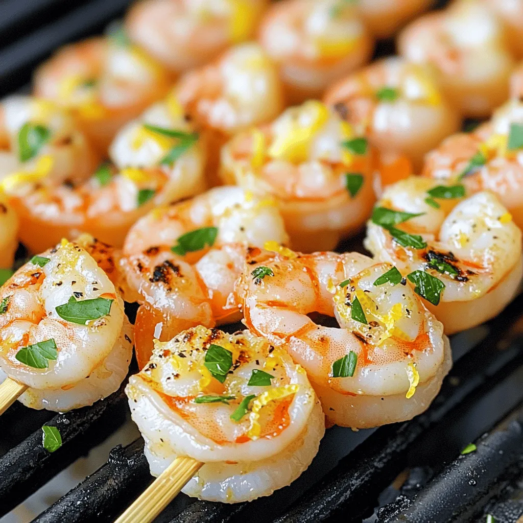 To make Lemon Garlic Grilled Shrimp Skewers, you need fresh shrimp and a few key ingredients. This dish bursts with flavor and is simple to prepare. The recipe takes about 30 minutes, from start to finish, and serves four people. Here are the ingredients you will need: - 1 pound large shrimp, peeled and deveined - 3 tablespoons extra virgin olive oil - 4 garlic cloves, finely minced - Zest from 1 whole lemon - Juice from 1 whole lemon - 1 teaspoon sweet paprika - 1 teaspoon dried oregano - Sea salt and cracked black pepper to taste - Fresh parsley, finely chopped (for garnish) - 8-10 skewers (wooden or metal; soak wooden ones in water for 30 minutes) The shrimp is the star here, so choose large, fresh shrimp for the best taste. The marinade combines olive oil, garlic, lemon zest, lemon juice, paprika, and oregano. This mix gives the shrimp a bright and zesty flavor. You only need a few tools to make this dish: - Mixing bowl for the marinade - Whisk to combine the ingredients - Skewers for grilling - Grill to cook the shrimp If you want to elevate your dish, use a grill basket or a grill mat. These tools help keep the shrimp from falling through the grates. Always ensure your grill is clean and preheated before cooking. Enjoy crafting these delicious skewers! To start, grab a medium mixing bowl. Add 3 tablespoons of extra virgin olive oil. Next, finely mince 4 garlic cloves and add them to the bowl. Then, zest one whole lemon and squeeze its juice into the bowl. Add 1 teaspoon of sweet paprika and 1 teaspoon of dried oregano. Season with sea salt and cracked black pepper to taste. Whisk everything together until smooth. This is your marinade, and it will add great flavor to the shrimp. Now, take 1 pound of large, peeled, and deveined shrimp. Add them to the marinade, making sure every shrimp is well coated. Cover the bowl with plastic wrap and place it in the fridge. Let the shrimp marinate for at least 20 minutes. This time helps the shrimp soak up all those delicious flavors. The longer you marinate, the better the taste! While the shrimp marinates, preheat your grill to medium-high heat. This is key for great grilling. Take 8 to 10 skewers (if you use wooden skewers, soak them in water for 30 minutes). Thread about 4 to 5 shrimp onto each skewer. Make sure to leave some space between the shrimp for even cooking. Once skewered, place them on the hot grill. Grill each side for about 2-3 minutes. Look for the shrimp to turn pink and opaque. Once done, remove them from the grill and let them rest for a minute. This helps the juices settle. Finally, sprinkle with chopped parsley before serving for a fresh touch. For the full recipe, check out the earlier section! To grill shrimp just right, start with fresh shrimp. Look for shrimp that smell like the ocean. If you use frozen shrimp, thaw them completely before cooking. The key is to not overcook them. Shrimp cook fast, usually in just 2-3 minutes per side. When they turn pink and opaque, they are done. Use a timer to help keep track of cooking time. To make your shrimp burst with flavor, focus on the marinade. The combination of lemon, garlic, and spices is key. Let the shrimp soak in the marinade for at least 20 minutes. This gives the flavors time to blend. You can also add a pinch of red pepper flakes for heat. Experiment with fresh herbs like thyme or basil for extra depth. Safety is important when grilling. Always ensure your grill is clean before use. For wooden skewers, soak them in water first. This helps prevent them from burning. Use tongs instead of a fork to handle shrimp. This keeps the juices in and avoids burns. Lastly, always check that shrimp are cooked through before serving. If in doubt, cut one in half to check. For the complete cooking experience, check the Full Recipe for more details. {{image_4}} You can switch the shrimp for other seafood. Try scallops or fish fillets. If you want a vegetarian option, use firm tofu or mushrooms. Instead of lemon, lime adds a fun twist. You can also try different herbs like thyme or basil for varied flavors. Grilling is not the only way to cook shrimp skewers. You can use a grill pan or broiler. Both methods work well and give nice char marks. If you prefer indoors, the oven is a great choice too. Set it to broil and cook for about 6-8 minutes. Just keep an eye on them to avoid burning. Lemon garlic grilled shrimp skewers pair well with fresh salads and rice. A light green salad with vinaigrette complements the dish nicely. For a heartier meal, serve with quinoa or couscous. Grilled vegetables like zucchini or bell peppers also make great sides. Try serving the skewers with a tangy dipping sauce like tzatziki or chimichurri for extra flavor. Check out the Full Recipe for more ideas! After enjoying your lemon garlic grilled shrimp skewers, store any leftovers right away. Place them in an airtight container. This helps keep them fresh. You can store them in the fridge for up to two days. The shrimp may lose some texture, but they will still taste great. If you want to save your shrimp for later, freezing is a good option. Make sure the shrimp are completely cool. Then, place them in a freezer-safe bag. Remove as much air as possible to prevent freezer burn. You can freeze them for up to three months. When you're ready to eat, let them thaw in the fridge overnight. Reheating your shrimp needs a gentle touch. The best way is to use a skillet. Heat it over medium heat and add a little olive oil. Once hot, add the shrimp. Cook them for a few minutes until warmed through. Avoid using a microwave, as it can make the shrimp rubbery. Enjoy your tasty dish again! For more details, check out the Full Recipe. Marinating shrimp for 20 to 30 minutes works best. This time allows the shrimp to soak up the flavors, making them tasty. If you marinate too long, the shrimp can become tough. A quick soak gives you that juicy, fresh taste you want. I recommend using large shrimp. They hold up well on skewers and won’t fall apart. Look for shrimp labeled as "U/15" or "16/20." These numbers tell you how many shrimp fit in a pound. Larger shrimp make grilling easier and give you a nice bite. Yes, you can use frozen shrimp! Just make sure to thaw them first. Place the shrimp in a bowl of cold water for about 10 to 15 minutes. Once thawed, pat them dry with a paper towel before marinating. This way, your shrimp will soak up all the lemon and garlic flavor. For the full recipe, refer to the section above! This blog post guided you through the shrimp grilling process. We covered the right ingredients, marinade tips, and equipment. You learned how to prepare and grill shrimp step-by-step. I shared tricks to enhance flavors and important safety tips. You also discovered ways to store leftover shrimp and answered common questions. Grilling shrimp can be fun and easy. Experiment with flavors and enjoy your meals. Share this journey with others who love good food.
