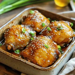 - 4 bone-in, skin-on chicken thighs - ½ cup low-sodium soy sauce - ¼ cup honey - 2 tablespoons rice vinegar - 2 tablespoons sesame oil - 3 cloves garlic, finely minced - 1 tablespoon fresh ginger, finely grated - 1 teaspoon cornstarch (for thickening) - 1 tablespoon sesame seeds - 2 green onions, thinly sliced (for garnish) For this baked teriyaki chicken thighs recipe, you need simple, fresh ingredients. Start with four bone-in, skin-on chicken thighs. They provide great flavor and stay juicy as they cook. Next, gather your liquids. You’ll need ½ cup of low-sodium soy sauce for that savory kick. Add ¼ cup of honey to balance the saltiness and create a nice glaze. For some zing, use 2 tablespoons of rice vinegar and 2 tablespoons of sesame oil. Both add depth to the sauce. Don't forget the aromatics! Use 3 cloves of garlic, finely minced, and 1 tablespoon of fresh ginger, finely grated. These will give your chicken a lovely flavor. For those who like a thicker sauce, consider adding 1 teaspoon of cornstarch. It’s not necessary, but it can make the glaze stick better. To finish, sprinkle 1 tablespoon of sesame seeds on top for crunch and a hint of nuttiness. Lastly, slice 2 green onions thinly for a fresh garnish. They add color and a mild onion flavor. You can find the Full Recipe for detailed steps on how to bring these ingredients together into a delicious dish. Enjoy your cooking adventure! - Preheat your oven to 425°F (220°C). - In a bowl, mix low-sodium soy sauce, honey, rice vinegar, sesame oil, minced garlic, and grated ginger. Whisk these well until smooth. This marinade will give your chicken great flavor. - Take the chicken thighs and place them skin side up in a baking dish. - Pour the marinade over the chicken, making sure each piece is well-coated. - Don’t forget to save some marinade for later. You’ll use it to baste the chicken while it cooks. - Place the dish with chicken in the preheated oven. Bake it for 30-35 minutes. - Check for crispy skin and make sure the chicken reaches an internal temperature of 165°F (75°C). - Halfway through baking, baste the chicken with the reserved marinade. This adds moisture and enhances the flavor. Following these steps will ensure your baked teriyaki chicken thighs turn out juicy and delicious. For the full recipe and more details, refer to the Full Recipe. To get that perfect crispy skin on your chicken thighs, start by drying them well. Use paper towels to pat them dry. This helps the skin crisp up nicely in the oven. Next, make sure the oven is hot enough. Preheating to 425°F (220°C) is key. The high heat helps render the fat and creates that golden brown skin we all love. Basting is also important. Halfway through cooking, take the reserved marinade and brush it over the chicken. This adds flavor and helps keep the skin moist while still achieving the crispiness you desire. Resting the chicken is a must before serving. It allows the juices to settle back into the meat. If you skip this step, the juices will run out when you cut it. This can make the chicken dry. To rest the chicken, simply take it out of the oven and cover it loosely with foil. Let it sit for about 5 to 10 minutes. This short wait makes a big difference. Your chicken will be more juicy and flavorful. Enjoy every bite! {{image_4}} You can change up the taste of your baked teriyaki chicken thighs with a few simple tweaks. Try adding extra spices or ingredients. A pinch of red pepper flakes adds heat. Or, mix in pineapple juice for sweetness and tartness. You can also use different types of chicken. Bone-in thighs are juicy, but boneless thighs work well too. Even chicken breasts can be used if you prefer less fat. Just adjust the cooking time, as breasts cook faster than thighs. You have choices when it comes to cooking methods. While baking gives you crispy skin and deep flavor, grilling offers a smoky twist. Grill the chicken thighs over medium heat for about 20 minutes. Turn them often to avoid burning. You can also use a slow cooker for a hands-off method. Just place the chicken in the cooker with the marinade and cook on low for 6-7 hours. This makes the chicken very tender and full of flavor. For the best results, try different methods to find your favorite! To keep your baked teriyaki chicken thighs fresh, follow these tips: - Cool Down: Let the chicken cool to room temperature. - Use Airtight Containers: Store in airtight containers to prevent moisture loss. - Label and Date: Write the date on the container for easy tracking. - Refrigerate: Place the containers in the fridge. They stay good for 3-4 days. When you want to enjoy your leftovers, here’s how to reheat them well: - Oven Method: Preheat your oven to 350°F (175°C). Place chicken on a baking sheet and cover with foil. Heat for about 15-20 minutes. - Microwave Method: Use a microwave-safe plate. Cover the chicken with a damp paper towel. Heat in 30-second intervals until warm. - Keep It Moist: Adding a splash of water or chicken broth helps keep the chicken juicy while reheating. Can I use boneless chicken thighs for this recipe? Yes, you can use boneless chicken thighs. They cook faster than bone-in thighs. Adjust the bake time to about 20-25 minutes. Always check for a safe internal temperature of 165°F (75°C). How do I know when the chicken is fully cooked? To check if your chicken is done, use a meat thermometer. The thickest part of the thigh should reach 165°F (75°C). The juices should run clear, not pink. If you're unsure, give it a few more minutes in the oven. Can I freeze leftovers? Absolutely! Let the chicken cool completely. Place it in an airtight container or freezer bag. It will keep well for up to three months. Thaw it in the fridge overnight before reheating. What should I serve with baked teriyaki chicken thighs? I love serving the chicken with steamed rice or quinoa. Stir-fried vegetables also make a great side. For a fresh touch, add a simple salad or some pickled veggies. You can find the full recipe to get the best out of this dish. This blog post guided you through making baked teriyaki chicken thighs. We covered the ingredients, preparation, cooking tips, and storage for leftovers. Remember to marinate the chicken well and baste it for crispy skin. Feel free to experiment with flavors and cooking methods to suit your taste. Whether you grill or bake, enjoy the process, and don’t forget to rest the chicken before serving. With these tips, your meal will be a hit every time. Happy cooking!