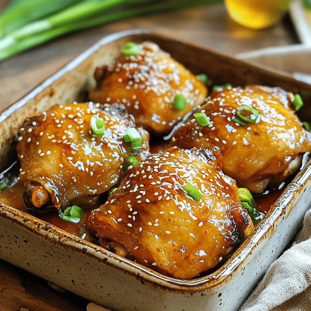 - 4 bone-in, skin-on chicken thighs - ½ cup low-sodium soy sauce - ¼ cup honey - 2 tablespoons rice vinegar - 2 tablespoons sesame oil - 3 cloves garlic, finely minced - 1 tablespoon fresh ginger, finely grated - 1 teaspoon cornstarch (for thickening) - 1 tablespoon sesame seeds - 2 green onions, thinly sliced (for garnish) For this baked teriyaki chicken thighs recipe, you need simple, fresh ingredients. Start with four bone-in, skin-on chicken thighs. They provide great flavor and stay juicy as they cook. Next, gather your liquids. You’ll need ½ cup of low-sodium soy sauce for that savory kick. Add ¼ cup of honey to balance the saltiness and create a nice glaze. For some zing, use 2 tablespoons of rice vinegar and 2 tablespoons of sesame oil. Both add depth to the sauce. Don't forget the aromatics! Use 3 cloves of garlic, finely minced, and 1 tablespoon of fresh ginger, finely grated. These will give your chicken a lovely flavor. For those who like a thicker sauce, consider adding 1 teaspoon of cornstarch. It’s not necessary, but it can make the glaze stick better. To finish, sprinkle 1 tablespoon of sesame seeds on top for crunch and a hint of nuttiness. Lastly, slice 2 green onions thinly for a fresh garnish. They add color and a mild onion flavor. You can find the Full Recipe for detailed steps on how to bring these ingredients together into a delicious dish. Enjoy your cooking adventure! - Preheat your oven to 425°F (220°C). - In a bowl, mix low-sodium soy sauce, honey, rice vinegar, sesame oil, minced garlic, and grated ginger. Whisk these well until smooth. This marinade will give your chicken great flavor. - Take the chicken thighs and place them skin side up in a baking dish. - Pour the marinade over the chicken, making sure each piece is well-coated. - Don’t forget to save some marinade for later. You’ll use it to baste the chicken while it cooks. - Place the dish with chicken in the preheated oven. Bake it for 30-35 minutes. - Check for crispy skin and make sure the chicken reaches an internal temperature of 165°F (75°C). - Halfway through baking, baste the chicken with the reserved marinade. This adds moisture and enhances the flavor. Following these steps will ensure your baked teriyaki chicken thighs turn out juicy and delicious. For the full recipe and more details, refer to the Full Recipe. To get that perfect crispy skin on your chicken thighs, start by drying them well. Use paper towels to pat them dry. This helps the skin crisp up nicely in the oven. Next, make sure the oven is hot enough. Preheating to 425°F (220°C) is key. The high heat helps render the fat and creates that golden brown skin we all love. Basting is also important. Halfway through cooking, take the reserved marinade and brush it over the chicken. This adds flavor and helps keep the skin moist while still achieving the crispiness you desire. Resting the chicken is a must before serving. It allows the juices to settle back into the meat. If you skip this step, the juices will run out when you cut it. This can make the chicken dry. To rest the chicken, simply take it out of the oven and cover it loosely with foil. Let it sit for about 5 to 10 minutes. This short wait makes a big difference. Your chicken will be more juicy and flavorful. Enjoy every bite! {{image_4}} You can change up the taste of your baked teriyaki chicken thighs with a few simple tweaks. Try adding extra spices or ingredients. A pinch of red pepper flakes adds heat. Or, mix in pineapple juice for sweetness and tartness. You can also use different types of chicken. Bone-in thighs are juicy, but boneless thighs work well too. Even chicken breasts can be used if you prefer less fat. Just adjust the cooking time, as breasts cook faster than thighs. You have choices when it comes to cooking methods. While baking gives you crispy skin and deep flavor, grilling offers a smoky twist. Grill the chicken thighs over medium heat for about 20 minutes. Turn them often to avoid burning. You can also use a slow cooker for a hands-off method. Just place the chicken in the cooker with the marinade and cook on low for 6-7 hours. This makes the chicken very tender and full of flavor. For the best results, try different methods to find your favorite! To keep your baked teriyaki chicken thighs fresh, follow these tips: - Cool Down: Let the chicken cool to room temperature. - Use Airtight Containers: Store in airtight containers to prevent moisture loss. - Label and Date: Write the date on the container for easy tracking. - Refrigerate: Place the containers in the fridge. They stay good for 3-4 days. When you want to enjoy your leftovers, here’s how to reheat them well: - Oven Method: Preheat your oven to 350°F (175°C). Place chicken on a baking sheet and cover with foil. Heat for about 15-20 minutes. - Microwave Method: Use a microwave-safe plate. Cover the chicken with a damp paper towel. Heat in 30-second intervals until warm. - Keep It Moist: Adding a splash of water or chicken broth helps keep the chicken juicy while reheating. Can I use boneless chicken thighs for this recipe? Yes, you can use boneless chicken thighs. They cook faster than bone-in thighs. Adjust the bake time to about 20-25 minutes. Always check for a safe internal temperature of 165°F (75°C). How do I know when the chicken is fully cooked? To check if your chicken is done, use a meat thermometer. The thickest part of the thigh should reach 165°F (75°C). The juices should run clear, not pink. If you're unsure, give it a few more minutes in the oven. Can I freeze leftovers? Absolutely! Let the chicken cool completely. Place it in an airtight container or freezer bag. It will keep well for up to three months. Thaw it in the fridge overnight before reheating. What should I serve with baked teriyaki chicken thighs? I love serving the chicken with steamed rice or quinoa. Stir-fried vegetables also make a great side. For a fresh touch, add a simple salad or some pickled veggies. You can find the full recipe to get the best out of this dish. This blog post guided you through making baked teriyaki chicken thighs. We covered the ingredients, preparation, cooking tips, and storage for leftovers. Remember to marinate the chicken well and baste it for crispy skin. Feel free to experiment with flavors and cooking methods to suit your taste. Whether you grill or bake, enjoy the process, and don’t forget to rest the chicken before serving. With these tips, your meal will be a hit every time. Happy cooking!