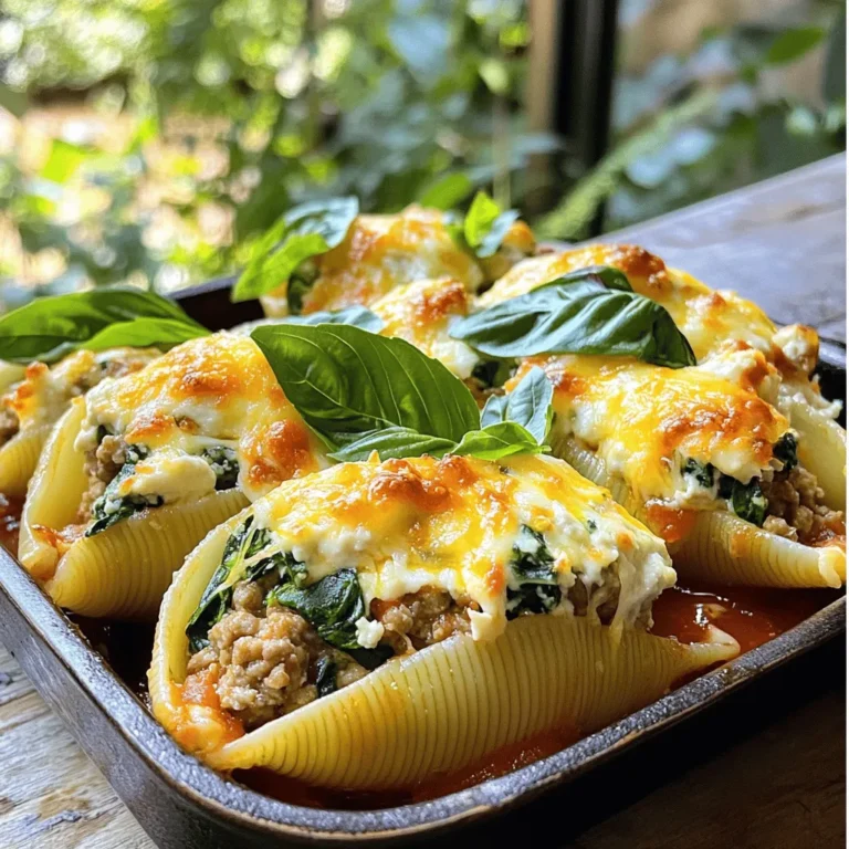 To make Turkey and Spinach Stuffed Shells, gather these ingredients: - 20 large pasta shells - 1 pound ground turkey - 2 cups fresh spinach, chopped - 1 cup ricotta cheese - 1 cup shredded mozzarella cheese, divided - 1/2 cup grated Parmesan cheese - 1 egg, beaten - 1 teaspoon garlic powder - 1 teaspoon onion powder - 1 teaspoon Italian seasoning - Salt and freshly ground black pepper to taste - 3 cups marinara sauce - Fresh basil leaves for garnish Each ingredient plays a key role. The ground turkey gives a nice, lean protein. Spinach adds nutrients and color. The cheeses create a creamy filling that melts well. Don't skip the seasonings; they bring everything to life. Marinara sauce ties the dish together, adding moisture and flavor. For the best taste, use fresh ingredients whenever possible. You can find the full recipe at the end of this section. Enjoy cooking! - Preheat the oven to 375°F (190°C). This makes sure your shells bake evenly. - Cook the pasta shells. Boil water in a big pot. Add the shells and cook for 8-10 minutes. They should be firm but not hard. Drain them and set aside. - Prepare the turkey and spinach filling. In a pan over medium heat, cook 1 pound of ground turkey for 5-7 minutes. Stir until it turns brown. Add 2 cups of chopped spinach. Cook until the spinach wilts. - Combine filling ingredients. In a bowl, mix the cooked turkey and spinach with 1 cup of ricotta cheese, half of 1 cup shredded mozzarella cheese, 1/2 cup grated Parmesan cheese, 1 beaten egg, 1 teaspoon of garlic powder, 1 teaspoon of onion powder, 1 teaspoon of Italian seasoning, and salt and pepper to taste. Stir until creamy. - Stuff the pasta shells. Use a small spatula or your hands to fill each shell with the turkey and spinach mix. - Assemble the baking dish. Spread a thin layer of 3 cups of marinara sauce on the bottom of a 9x13 inch baking dish. Place the stuffed shells in the dish with the open side up. - Bake covered, then uncovered. Pour the rest of the sauce over the shells. Sprinkle the remaining mozzarella on top. Cover the dish with foil and bake for 25 minutes. Remove the foil and bake for another 10-15 minutes. The cheese should be bubbly and golden brown. - How to ensure the pasta doesn’t stick To keep pasta shells from sticking, cook them in plenty of salted water. Stir them gently while boiling. After cooking, rinse them in cold water. This halts the cooking and helps prevent sticking. - Ideal filling consistency The filling should be creamy but thick enough to hold its shape. Mix the turkey, spinach, ricotta, and spices until smooth. If it’s too runny, add more ricotta or a bit of grated cheese. - Best ways to enhance flavor Use fresh herbs like basil or parsley in the filling. A splash of lemon juice brightens the flavors. You can also add red pepper flakes for a bit of heat. A sprinkle of extra cheese on top adds a savory touch. - Recommended pots and pans Use a large pot for boiling pasta. A non-stick skillet works well for cooking turkey and spinach. A 9x13 inch baking dish is perfect for assembling the stuffed shells. - Useful kitchen tools for ease A large spoon or spatula helps with mixing and stuffing. A small spoon is great for filling the shells. Use a whisk for beating the egg. Having kitchen scissors handy can help with cutting herbs. For more details on making Turkey and Spinach Stuffed Shells, see the Full Recipe. {{image_4}} You can easily switch up the protein in this dish. Instead of turkey, use chicken or beef for a different taste. Both options work well with the spinach and cheese. If you want a lighter option, try ground chicken. For a fun twist, swap ricotta cheese for cottage cheese. It makes the filling creamy but lower in fat. If you're looking for vegan or vegetarian options, use lentils or mushrooms. These ingredients offer great texture and flavor. Combine them with spinach and a vegan cheese alternative for a filling that everyone can enjoy. The sauce you choose can change the whole dish. A rich Alfredo sauce can make these shells extra creamy. Just pour it over the stuffed shells before baking. You can also get creative with pesto sauce. It adds a fresh, herby flavor that pairs well with the turkey. If you prefer marinara, try making your own. Use fresh tomatoes, garlic, and herbs for a vibrant sauce. You can even add a pinch of red pepper flakes for some heat. Each sauce option gives your Turkey and Spinach Stuffed Shells a new twist. For the full recipe, check out the link provided. To keep your Turkey and Spinach Stuffed Shells fresh, proper storage is key. After serving, let the dish cool to room temperature. Then, place leftovers in an airtight container. Store the container in the fridge for up to three days. If you want to keep them longer, freezing is a great option. To freeze, first, let the stuffed shells cool completely. Then, wrap each shell in plastic wrap. Place the wrapped shells in a freezer-safe bag. They can last in the freezer for up to three months. Label the bag with the date for easy tracking. When it's time to enjoy your leftovers, reheating them requires care. The best way to reheat stuffed shells is in the oven. Preheat your oven to 350°F (175°C). Place the shells in a baking dish. Add a splash of marinara sauce to keep them moist. Cover the dish with foil to prevent drying out. Heat for about 20 minutes. You can also use the microwave for quick reheating. Place the shells on a microwave-safe plate. Add a bit of sauce to keep the filling moist. Cover with a damp paper towel. Heat in 30-second intervals until warm. This method is fast but may not keep the texture as nice as the oven. For both methods, check if the shells are heated through. This keeps the flavor and texture intact, making every bite delicious. Can I prepare stuffed shells in advance? Yes, you can make stuffed shells ahead of time. Prepare and stuff the shells, then place them in a baking dish. Cover with sauce and foil, and keep in the fridge. Bake them the next day or freeze for later. What can I serve with Turkey and Spinach Stuffed Shells? These stuffed shells pair well with a side salad or garlic bread. A light Caesar salad gives a crisp contrast to the creamy shells. Garlic bread adds a nice crunch, perfect for scooping up any sauce. How do I fix runny filling? If your filling is too runny, add more ricotta or Parmesan cheese. You can also mix in a bit of breadcrumbs. This will help absorb excess moisture, making the filling firmer and easier to stuff. Can I use store-bought sauce? Absolutely! Store-bought marinara sauce works great. Just select a brand you enjoy. If you want to jazz it up, add herbs or spices. This simple step can enhance the flavor without much effort. Is this recipe suitable for meal prep? Yes, this recipe is perfect for meal prep. You can make a large batch and divide it into portions. Store them in airtight containers for easy lunches or dinners throughout the week. Can I make stuffed shells gluten-free? You can make stuffed shells gluten-free by using gluten-free pasta. Many brands offer shells that taste great. Just check the package for cooking directions, as they may differ from regular pasta. How do I make them dairy-free? To make these shells dairy-free, substitute ricotta with a plant-based cheese. You can also use dairy-free mozzarella for topping. Check labels to ensure no dairy ingredients are included. This blog post covered a tasty recipe for Turkey and Spinach Stuffed Shells. We listed the key ingredients, guided you through prep and baking steps, and offered tips for perfect shells. We also suggested fun variations and shared storage and reheating methods. In conclusion, making these stuffed shells is easy and fun. You can customize them to fit your needs and enjoy leftovers later. Try this recipe to impress friends and family at your next meal.