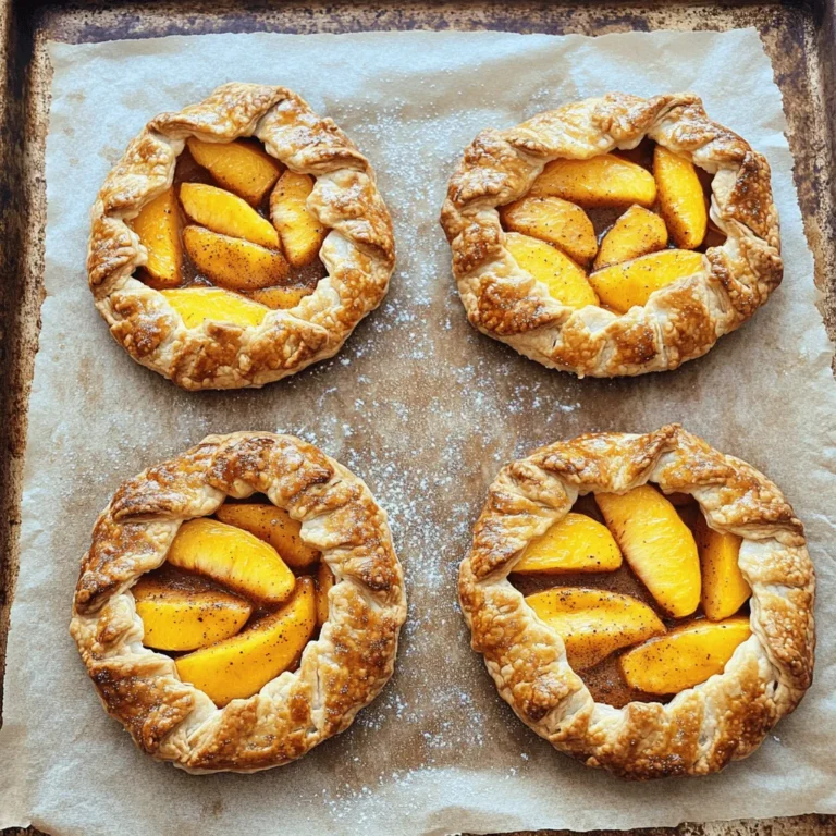 - 1 ½ cups all-purpose flour - ½ teaspoon salt - 1 tablespoon granulated sugar - ½ cup unsalted butter, cold and cubed - 4-6 tablespoons ice water - 2 ripe peaches, thinly sliced - 1 tablespoon fresh lemon juice - 2 tablespoons brown sugar - 1 teaspoon ground cinnamon - 1 egg, beaten (for egg wash) - Additional granulated sugar for sprinkling For this mini peach galette, you'll need simple, fresh ingredients. Start with the flour. It forms the base of your crust. The salt adds flavor, while sugar gives a hint of sweetness. Cold butter is key. It helps create a flaky texture. Ice water binds it all together. Next, grab your ripe peaches. They should be sweet and juicy. Lemon juice adds a bright note to the peaches. Brown sugar gives depth, and cinnamon adds warmth. The beaten egg acts as a wash to give your galettes a golden finish. Finally, sprinkle some sugar on top for a sweet crust. With these ingredients, you can create a delightful dessert. For the full recipe, check the details in the article. 1. Start by mixing the flour, salt, and sugar in a bowl. This forms your dry mix. 2. Next, add the cold, cubed butter to the bowl. Use a pastry cutter or your fingers to mix. You want pea-sized bits of butter in the flour. 3. Gradually add ice water, one tablespoon at a time. Mix gently with a fork until the dough sticks together. You may not need all the water. 4. Once it holds together, shape it into a disc. Wrap it in plastic wrap and chill for at least 30 minutes. 1. In a bowl, combine the thin peach slices with lemon juice. This keeps the fruit fresh. 2. Add brown sugar and cinnamon to the peaches. Toss gently until all slices are coated. 1. Roll out the chilled dough on a floured surface until it's about ¼ inch thick. 2. Use a round cutter to make 4-6 circles. Each should be equal in size. 3. Place the dough circles on a baking sheet. Leave space between them. 4. Spoon the peach mixture into the center of each circle. Leave a border for folding. 5. Fold the edges of the dough over the peach filling. Pleat the dough for a rustic look. 6. Brush the edges with beaten egg for a golden finish. Sprinkle a bit of sugar on top for extra sweetness. 1. Preheat your oven to 375°F (190°C). Line a baking sheet with parchment paper. 2. Bake the galettes for 25-30 minutes. They should be golden brown, and the filling should bubble. 3. Let the mini galettes cool slightly on the baking sheet. Then, move them to a wire rack or serving plate. For the full recipe, you can refer back to the earlier section. Enjoy every bite of these delightful mini peach galettes! To make great dough, keep the butter cold. Cold butter makes the crust flaky. If your butter gets warm, the dough will not be as good. Cut the butter into small cubes. Mix it into the flour until it looks like coarse crumbs. Next, adjust the ice water. Add one tablespoon at a time. Mix gently. You want the dough to stick together but not be wet. If it feels too dry, add a bit more water. If it feels too wet, add a little flour. Always use fresh, ripe peaches. Ripe peaches taste sweet and juicy. Look for peaches that yield slightly when pressed. If they feel hard, they might not be ready. You can also play with spices. Cinnamon adds warmth, while nutmeg can give a nice twist. You might try adding a bit of vanilla or almond extract for more flavor. Sweeten your peaches to your taste. Use brown sugar for a deeper flavor or granulated sugar for a lighter touch. Serving your galettes well makes them even more special. For special occasions, place them on a nice platter. Dust them with powdered sugar for a lovely touch. Garnish with a scoop of ice cream or a dollop of whipped cream. The creaminess contrasts nicely with the warm, fruity filling. You can even sprinkle some fresh mint leaves on top for color and taste. For the full recipe, check out the detailed instructions to create these tasty treats! {{image_4}} You can easily switch out peaches for other fruits. Apples work well in galettes. They give a nice crunch and sweet flavor. Berries also add a burst of color and taste. Mix fruits for a unique twist. Try combining peaches with blueberries or raspberries. This mix will give your galette a fun flavor profile. If you want to save time, use store-bought puff pastry. It can make your galettes even flakier. Just roll it out like regular dough. For those needing gluten-free options, look for gluten-free dough at the store. This way, everyone can enjoy your delicious mini peach galettes. Add fresh herbs to boost flavor. Basil or mint can bring a lovely twist to your galettes. You can also use flavored extracts in the filling. Almond or vanilla extract adds depth to the sweet peach flavor. These small changes can make a big difference in taste and excitement. To keep your mini peach galettes fresh, follow these tips. First, let them cool completely. Place leftovers in an airtight container. Store them in the fridge for up to three days. If you want to save them longer, freeze the galettes. Wrap each one in plastic wrap, then place them in a freezer bag. They can last in the freezer for about two months. When it's time to enjoy your galettes again, you have a few choices. For a quick option, use the microwave. Heat them on a microwave-safe plate for about 30 seconds. But if you want a crispy crust, the oven is best. Preheat your oven to 350°F (175°C). Place the galettes on a baking sheet. Bake for about 10-15 minutes. This method keeps the crust nice and crunchy. Look for a golden color on the crust. The edges should be firm and crisp. You will also see the peach filling bubbling. If you smell a sweet aroma, that’s a good sign too! Yes! You can make the dough a day early. Wrap it tightly in plastic wrap and place it in the fridge. Just remember to chill it for at least 30 minutes before rolling it out. To make it vegan, replace the butter with coconut oil or vegan butter. For the egg wash, you can use a mix of plant-based milk and maple syrup. This keeps the galettes golden and tasty! You can find them at local bakeries or farmers' markets. Many grocery stores also sell pre-made options in the frozen aisle. Just check the dessert section! These galettes go well with vanilla ice cream or whipped cream. Try pairing them with a scoop of yogurt for a lighter treat. A cup of tea or coffee also makes a great match! For the complete recipe, check the [Full Recipe]. It has all the steps you need to create these delightful bites! You learned how to make mini peach galettes using simple ingredients and steps. We covered everything from preparing the dough to baking and storing your galettes. Don't forget to try different fruits and crust options for fun twists. Enjoy making these tasty treats, and feel free to share your own flavor ideas. The joy of baking lies in trying new things! So get creative, and happy baking!