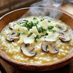 Let’s gather all the tasty items we need for creamy mushroom risotto. Each ingredient adds a special touch. Here’s the list: - 1 cup Arborio rice - 4 cups vegetable broth (kept warm) - 1 cup cremini mushrooms, sliced - 1 cup shiitake mushrooms, sliced - 1 medium onion, finely chopped - 3 garlic cloves, minced - 1 cup heavy cream - 1/2 cup grated Parmesan cheese - 2 tablespoons olive oil - 2 tablespoons unsalted butter - Salt and freshly ground black pepper, to taste - Fresh parsley, chopped (for garnish) These ingredients will help us create a rich and satisfying meal. I love using Arborio rice because it makes the risotto creamy. The mushrooms add a deep, earthy flavor. Using two types of mushrooms gives a nice contrast. The heavy cream and Parmesan cheese make it extra luxurious. You can find the full recipe of creamy mushroom risotto above. Prepare to enjoy a warm bowl of comfort! - Step 1: Warm the Broth In a medium saucepan, place the vegetable broth over low heat. Keep it warm as you cook the risotto. This helps the rice cook evenly. - Step 2: Sauté Aromatics In a large skillet, heat the olive oil and one tablespoon of unsalted butter over medium heat. Add the chopped onion. Cook until the onion is soft and clear, about three to four minutes. - Step 3: Add Garlic Stir in the minced garlic. Cook for about one minute. The garlic should smell great but not burn. - Step 4: Cook the Mushrooms Next, add the sliced cremini and shiitake mushrooms. Sauté for five to seven minutes. Stir often until the mushrooms soften and release their moisture. - Step 5: Toast the Rice Pour in the Arborio rice. Stir constantly for one to two minutes. The rice will look slightly clear around the edges. It should be coated with the oil and butter mix. - Step 6: Gradually Add Broth Use a ladle to add one portion of warmed vegetable broth to the skillet. Stir often. Wait for the rice to absorb the liquid before adding more. Repeat this for 18 to 20 minutes until the rice is creamy but still has a little bite. - Step 7: Finish the Risotto When the rice is just right, take the skillet off the heat. Stir in the remaining tablespoon of butter, the heavy cream, and the grated Parmesan cheese. Mix well until it becomes creamy. - Step 8: Season Taste your risotto. Add salt and freshly ground black pepper as needed. - Step 9: Serve Spoon the creamy mushroom risotto into warm bowls. Top with freshly chopped parsley for a pop of color. For a nice touch, serve with lemon wedges on the side. This step-by-step guide helps you create a rich and satisfying meal. For the full recipe of Creamy Mushroom Risotto , refer to the ingredients and instructions above. To make your creamy mushroom risotto shine, follow these tips: - Use Arborio Rice: This type of rice has the right starch to make risotto creamy. - Warm Your Broth: Always keep your vegetable broth warm. Adding cold broth will slow down cooking. - Stir Constantly: Stirring often helps release starch, making the risotto creamy. - Slowly Add Broth: Add broth one ladle at a time. Wait until it absorbs before adding more. - Finish with Fat: Stir in butter and heavy cream at the end. This helps achieve a rich texture. - Don’t Overcook: Aim for al dente rice. It should have a slight bite, adding to the texture. - Skipping the Sauté Step: Always sauté onions and garlic first. This builds flavor. - Not Stirring Enough: If you don’t stir, the rice can stick and burn. Stirring is key! - Adding Too Much Broth at Once: This can lead to mushy rice. Patience is important. - Large Skillet: A wide skillet helps the rice cook evenly. - Wooden Spoon: This is perfect for stirring without scratching your skillet. - Ladle: Use a ladle for adding broth. It makes pouring easier and more controlled. For the Full Recipe of Creamy Mushroom Risotto , refer to the ingredients and instructions above. {{image_4}} You can customize creamy mushroom risotto in many tasty ways. Here are some ideas: - Add-ins for Extra Flavor: Spinach adds a pop of color and nutrition. Asparagus brings a nice crunch. You can also try peas or roasted red peppers for a sweet twist. - Using Different Types of Mushrooms: If you want to change the flavor, try other mushrooms. Portobello mushrooms give a rich taste. Oyster mushrooms are delicate and light. Each type adds its own unique flair. - Vegan Adaptations and Substitutions: To make this dish vegan, swap the heavy cream for coconut cream. Use nutritional yeast instead of Parmesan for a cheesy flavor. You can also replace butter with olive oil for a full vegan dish. Feel free to experiment! Each variation can lead to a new favorite. If you want to see the full recipe, check out the Full Recipe of Creamy Mushroom Risotto above. How do you properly store risotto? First, let it cool to room temperature. Then, place it in an airtight container. This keeps moisture in and prevents it from drying out. You can store risotto in the fridge for 3 to 5 days. Make sure to label it with the date so you know when to use it. What are the reheating instructions? Reheat leftover risotto on the stove or in the microwave. If using the stove, add a splash of broth or water. This helps bring back the creamy texture. Stir often over low heat until it warms through. If using a microwave, cover the bowl with a damp paper towel. Heat in short bursts, stirring in between, until hot. What tips do you have for freezing and thawing? You can freeze risotto, but it may change texture. Use a freezer-safe container, and leave some space for expansion. When ready to eat, transfer it to the fridge to thaw overnight. Reheat it in a pot, adding broth or water to help with the texture. Enjoy a delicious, creamy dish even after freezing! For the full recipe of Creamy Mushroom Risotto , check above. How long does it take to make creamy mushroom risotto? Making creamy mushroom risotto takes about 30 minutes. This includes time for prep and cooking. You’ll love how quick it comes together! Can I make risotto ahead of time? You can make risotto ahead, but it’s best fresh. If you do make it early, store it in the fridge. Just remember, it may lose some creaminess. What is the best type of rice for risotto? The best rice for risotto is Arborio rice. It has a high starch content, making your dish creamy. Other good options include Carnaroli and Vialone Nano. How can I make risotto without wine? You can skip the wine by using extra broth. This will still give you great flavor. Just add a bit more seasoning to enhance the taste. What to serve with creamy mushroom risotto? Creamy mushroom risotto pairs well with a fresh salad or grilled veggies. You can also serve it with roasted chicken or fish for a full meal. Where did mushroom risotto originate? Mushroom risotto comes from Italy, especially the northern regions. It’s a classic dish that showcases the rich flavors of Italian cooking. Full Recipe of Creamy Mushroom Risotto available above. In this post, I covered how to make creamy mushroom risotto step by step. You learned about key ingredients, cooking tips, and easy variations. Risotto's creamy texture can impress anyone. Remember to cook slowly and stir often for the best results. Use the full recipe above to guide you. Enjoy your cooking journey, and don't be afraid to experiment with flavors!