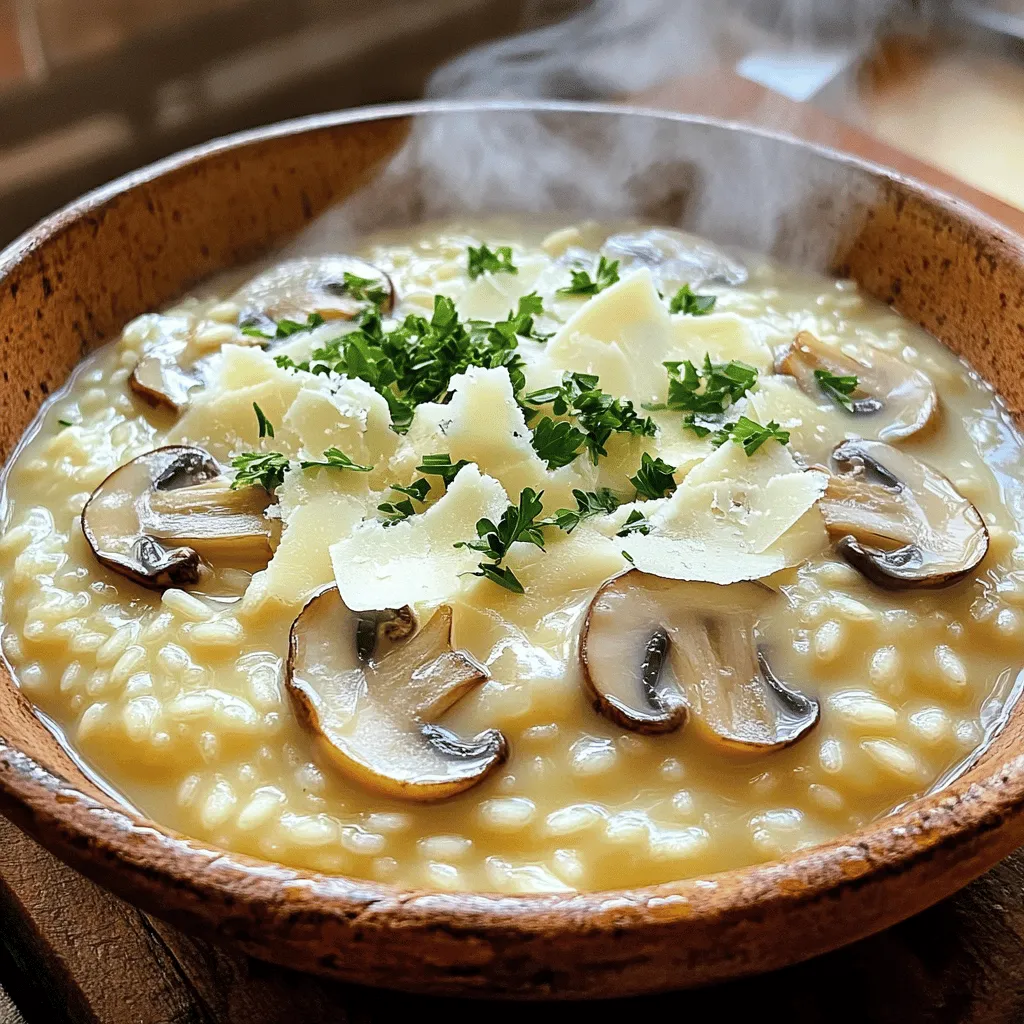 Let’s gather all the tasty items we need for creamy mushroom risotto. Each ingredient adds a special touch. Here’s the list: - 1 cup Arborio rice - 4 cups vegetable broth (kept warm) - 1 cup cremini mushrooms, sliced - 1 cup shiitake mushrooms, sliced - 1 medium onion, finely chopped - 3 garlic cloves, minced - 1 cup heavy cream - 1/2 cup grated Parmesan cheese - 2 tablespoons olive oil - 2 tablespoons unsalted butter - Salt and freshly ground black pepper, to taste - Fresh parsley, chopped (for garnish) These ingredients will help us create a rich and satisfying meal. I love using Arborio rice because it makes the risotto creamy. The mushrooms add a deep, earthy flavor. Using two types of mushrooms gives a nice contrast. The heavy cream and Parmesan cheese make it extra luxurious. You can find the full recipe of creamy mushroom risotto above. Prepare to enjoy a warm bowl of comfort! - Step 1: Warm the Broth In a medium saucepan, place the vegetable broth over low heat. Keep it warm as you cook the risotto. This helps the rice cook evenly. - Step 2: Sauté Aromatics In a large skillet, heat the olive oil and one tablespoon of unsalted butter over medium heat. Add the chopped onion. Cook until the onion is soft and clear, about three to four minutes. - Step 3: Add Garlic Stir in the minced garlic. Cook for about one minute. The garlic should smell great but not burn. - Step 4: Cook the Mushrooms Next, add the sliced cremini and shiitake mushrooms. Sauté for five to seven minutes. Stir often until the mushrooms soften and release their moisture. - Step 5: Toast the Rice Pour in the Arborio rice. Stir constantly for one to two minutes. The rice will look slightly clear around the edges. It should be coated with the oil and butter mix. - Step 6: Gradually Add Broth Use a ladle to add one portion of warmed vegetable broth to the skillet. Stir often. Wait for the rice to absorb the liquid before adding more. Repeat this for 18 to 20 minutes until the rice is creamy but still has a little bite. - Step 7: Finish the Risotto When the rice is just right, take the skillet off the heat. Stir in the remaining tablespoon of butter, the heavy cream, and the grated Parmesan cheese. Mix well until it becomes creamy. - Step 8: Season Taste your risotto. Add salt and freshly ground black pepper as needed. - Step 9: Serve Spoon the creamy mushroom risotto into warm bowls. Top with freshly chopped parsley for a pop of color. For a nice touch, serve with lemon wedges on the side. This step-by-step guide helps you create a rich and satisfying meal. For the full recipe of Creamy Mushroom Risotto , refer to the ingredients and instructions above. To make your creamy mushroom risotto shine, follow these tips: - Use Arborio Rice: This type of rice has the right starch to make risotto creamy. - Warm Your Broth: Always keep your vegetable broth warm. Adding cold broth will slow down cooking. - Stir Constantly: Stirring often helps release starch, making the risotto creamy. - Slowly Add Broth: Add broth one ladle at a time. Wait until it absorbs before adding more. - Finish with Fat: Stir in butter and heavy cream at the end. This helps achieve a rich texture. - Don’t Overcook: Aim for al dente rice. It should have a slight bite, adding to the texture. - Skipping the Sauté Step: Always sauté onions and garlic first. This builds flavor. - Not Stirring Enough: If you don’t stir, the rice can stick and burn. Stirring is key! - Adding Too Much Broth at Once: This can lead to mushy rice. Patience is important. - Large Skillet: A wide skillet helps the rice cook evenly. - Wooden Spoon: This is perfect for stirring without scratching your skillet. - Ladle: Use a ladle for adding broth. It makes pouring easier and more controlled. For the Full Recipe of Creamy Mushroom Risotto , refer to the ingredients and instructions above. {{image_4}} You can customize creamy mushroom risotto in many tasty ways. Here are some ideas: - Add-ins for Extra Flavor: Spinach adds a pop of color and nutrition. Asparagus brings a nice crunch. You can also try peas or roasted red peppers for a sweet twist. - Using Different Types of Mushrooms: If you want to change the flavor, try other mushrooms. Portobello mushrooms give a rich taste. Oyster mushrooms are delicate and light. Each type adds its own unique flair. - Vegan Adaptations and Substitutions: To make this dish vegan, swap the heavy cream for coconut cream. Use nutritional yeast instead of Parmesan for a cheesy flavor. You can also replace butter with olive oil for a full vegan dish. Feel free to experiment! Each variation can lead to a new favorite. If you want to see the full recipe, check out the Full Recipe of Creamy Mushroom Risotto above. How do you properly store risotto? First, let it cool to room temperature. Then, place it in an airtight container. This keeps moisture in and prevents it from drying out. You can store risotto in the fridge for 3 to 5 days. Make sure to label it with the date so you know when to use it. What are the reheating instructions? Reheat leftover risotto on the stove or in the microwave. If using the stove, add a splash of broth or water. This helps bring back the creamy texture. Stir often over low heat until it warms through. If using a microwave, cover the bowl with a damp paper towel. Heat in short bursts, stirring in between, until hot. What tips do you have for freezing and thawing? You can freeze risotto, but it may change texture. Use a freezer-safe container, and leave some space for expansion. When ready to eat, transfer it to the fridge to thaw overnight. Reheat it in a pot, adding broth or water to help with the texture. Enjoy a delicious, creamy dish even after freezing! For the full recipe of Creamy Mushroom Risotto , check above. How long does it take to make creamy mushroom risotto? Making creamy mushroom risotto takes about 30 minutes. This includes time for prep and cooking. You’ll love how quick it comes together! Can I make risotto ahead of time? You can make risotto ahead, but it’s best fresh. If you do make it early, store it in the fridge. Just remember, it may lose some creaminess. What is the best type of rice for risotto? The best rice for risotto is Arborio rice. It has a high starch content, making your dish creamy. Other good options include Carnaroli and Vialone Nano. How can I make risotto without wine? You can skip the wine by using extra broth. This will still give you great flavor. Just add a bit more seasoning to enhance the taste. What to serve with creamy mushroom risotto? Creamy mushroom risotto pairs well with a fresh salad or grilled veggies. You can also serve it with roasted chicken or fish for a full meal. Where did mushroom risotto originate? Mushroom risotto comes from Italy, especially the northern regions. It’s a classic dish that showcases the rich flavors of Italian cooking. Full Recipe of Creamy Mushroom Risotto available above. In this post, I covered how to make creamy mushroom risotto step by step. You learned about key ingredients, cooking tips, and easy variations. Risotto's creamy texture can impress anyone. Remember to cook slowly and stir often for the best results. Use the full recipe above to guide you. Enjoy your cooking journey, and don't be afraid to experiment with flavors!