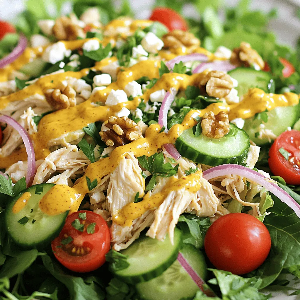 To make a tasty honey mustard chicken salad, you will need: - 2 cups cooked chicken breast, shredded or diced - 4 cups mixed salad greens (arugula, baby spinach, and romaine) - 1 cup cherry tomatoes, halved - 1/2 cup cucumber, thinly sliced - 1/4 cup red onion, thinly sliced - 1/4 cup walnuts, chopped (or pecans) - 1/2 cup feta cheese, crumbled - 1/4 cup honey mustard dressing (store-bought or homemade) - Salt and pepper to taste - Fresh parsley leaves, for garnish You can change the salad to fit your taste. Try adding: - Avocado for creaminess - Apples for sweetness - Bell peppers for crunch - Hard-boiled eggs for extra protein - Different nuts like almonds or pecans This salad is not just tasty; it’s healthy too. Here’s a quick look at what it offers: - High in protein from chicken and feta - Rich in vitamins from greens and veggies - Healthy fats from walnuts - Low in carbs, making it great for lighter meals - Approximately 350 calories per serving, depending on the dressing used This honey mustard chicken salad is both flavorful and nutritious! For the full recipe, check out the details above. To start, gather all your ingredients. If your chicken breast is raw, season it with salt and pepper. You can grill or bake it until fully cooked. The ideal internal temperature is 165°F (75°C). After cooking, let it cool a bit. Then, shred or dice it into small pieces. In a large bowl, mix the salad greens, halved cherry tomatoes, cucumber, red onion, and walnuts. Toss them gently for an even mix. Grilling your chicken adds a great flavor. Use a meat thermometer to check doneness. If you bake, set your oven to 375°F (190°C). Cook for about 25 to 30 minutes. Letting the chicken rest is key. This keeps it juicy and tender. You can also use leftover chicken for a faster meal. Just make sure it's chopped before adding to the salad. Now, fold the shredded chicken into the salad bowl. This helps blend all the flavors. Drizzle the honey mustard dressing over the mixture. Toss everything well so that each bite is tasty. Taste your salad and adjust the seasoning with more salt or pepper if needed. Finally, sprinkle the crumbled feta cheese on top. This adds a nice salty kick. Serve it right away with fresh parsley leaves for a pop of color. Enjoy your Honey Mustard Chicken Salad Delight! For the complete details, check out the Full Recipe. When picking greens for your salad, freshness is key. Look for vibrant colors, crisp leaves, and no brown spots. A mix of textures makes the salad more exciting. I love using arugula, baby spinach, and romaine. Each brings its unique flavor and crunch. You can also try kale or spring mix for a twist. If you have leftovers, store them in an airtight container. This keeps the greens fresh and crisp. Try not to add dressing until you are ready to eat. This way, the salad stays crunchy for longer. You can keep it in the fridge for up to two days. Just check for freshness before you dig in. You can easily swap ingredients if you have allergies. For example, if you're allergic to nuts, skip the walnuts. You can try sunflower seeds or pumpkin seeds instead. If you can't have dairy, omit the feta cheese or use a dairy-free option. Always check labels to ensure safety. These simple changes keep this dish safe and tasty for everyone. If you want the full recipe, check it out [Full Recipe]. {{image_4}} You can boost the flavor of your honey mustard chicken salad with fun toppings. Try adding sliced apples or pears for a sweet touch. Dried cranberries or raisins add a nice fruity bite. For crunch, toss in some sunflower seeds or pumpkin seeds. You might also enjoy adding cooked bacon for a savory kick. Each of these additions makes the salad exciting and unique. While honey mustard dressing is a star, switching dressings can change the salad's taste. A balsamic vinaigrette adds a tangy depth. A creamy ranch or blue cheese dressing brings a rich flavor. For a spicy twist, consider a chipotle dressing. Each dressing can bring out different flavors from the chicken and veggies. Using seasonal ingredients keeps the salad fresh and vibrant. In spring, add sweet peas or asparagus for a crisp bite. Summer is perfect for juicy peaches or fresh corn. In fall, consider roasted butternut squash or apples for sweetness. Winter veggies like roasted Brussels sprouts can give warmth and comfort. Adjusting ingredients by season keeps your meal exciting and delicious. For the full experience, check out the Full Recipe. To keep your honey mustard chicken salad fresh, store it in an airtight container. Make sure to seal it tightly. Place it in the fridge right after serving. This will help maintain its taste and texture. Ideally, consume it within three days. This way, you enjoy the best flavor. If you want to freeze chicken for later, do it right after cooking. Let it cool down. Then, place it in freezer-safe bags or containers. Be sure to remove as much air as you can from the bags. This will help prevent freezer burn. Use the frozen chicken within three months for the best taste. To keep your salad fresh, add the dressing just before serving. This keeps the greens crisp. If you have leftovers, store the salad without the dressing. After adding the dressing, eat it within a day to enjoy the best quality. For long-term storage of the chicken, always follow the freezing tips shared above. The best way to serve Honey Mustard Chicken Salad is fresh. Place it in a bowl or on a plate. You can add extra toppings like fresh herbs or more cheese. Serve it chilled for a refreshing meal. Pair it with crispy bread or crackers for crunch. This salad shines when you eat it right after making it. Yes, you can make the salad ahead of time. However, I recommend keeping the dressing separate. Mix the salad ingredients together, then store them in a bowl. Keep the honey mustard dressing in a jar. When you're ready to eat, just drizzle the dressing over the salad and toss. This keeps the greens fresh and crisp. Honey Mustard Chicken Salad pairs well with many side dishes. Here are a few ideas: - Garlic bread: Adds a warm, buttery touch. - Vegetable sticks: Carrots and celery for a crunchy bite. - Fruit salad: A sweet contrast to the savory salad. - Chips: Potato or tortilla chips for extra crunch. These sides complement the flavors and make the meal more filling. You now have all you need to make a great Honey Mustard Chicken Salad. We covered the key ingredients and how to customize them for your taste. The step-by-step guide will help you prepare and cook the chicken perfectly. Plus, the tips on choosing greens and storing leftovers will make your cooking easier. Don’t forget the variations you can try for extra flavor. Enjoy your salad and share it with friends or family. This meal can fit any occasion and please any crowd.