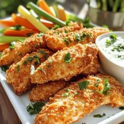 - 1 pound chicken tenders - 1 cup breadcrumbs (choose between panko for extra crunch or regular) - 1/2 cup finely grated Parmesan cheese - 1 packet (1 oz) ranch seasoning mix - 1/2 cup all-purpose flour - 2 large eggs - 2 tablespoons milk - Salt and freshly ground black pepper - Cooking spray or olive oil When making baked ranch chicken tenders, the ingredients are key to their flavor. First, the chicken tenders serve as the base. They are juicy and easy to cook. Next, breadcrumbs give that nice crunch. You can use panko for a crispier bite or regular breadcrumbs for a softer texture. Parmesan cheese adds a rich flavor. It melts slightly during baking, creating a tasty crust. The ranch seasoning mix gives the tenders that iconic ranch taste. It is a blend of herbs and spices that makes each bite delicious. For the coating, all-purpose flour helps the breading stick. The eggs and milk create a wet mix that binds the breading to the chicken. Don’t forget salt and pepper! They enhance all the flavors in the dish. Finally, a light spray of cooking spray or olive oil helps the tenders bake to a perfect golden brown. For the complete recipe, check out the Full Recipe section. First, preheat your oven to 425°F (220°C). This high heat helps the chicken tenders get nice and crispy. Next, grab a baking sheet. Line it with parchment paper or use a silicone mat. This step makes cleanup easy and prevents sticking. In a shallow dish, combine the breadcrumbs, finely grated Parmesan cheese, and ranch seasoning. Mix these well until they blend together. This mixture adds great flavor to the chicken. You can choose panko breadcrumbs for extra crunch or regular ones for a softer bite. In another shallow dish, add the all-purpose flour. Season it with salt and freshly ground black pepper. This seasoning gives the chicken a tasty start. In a third dish, whisk together the eggs and milk until smooth. This will help the breading stick to the chicken. Now, take a chicken tender. Dredge it in the seasoned flour, shaking off any extra. This keeps the breading from getting too thick. Next, dip the tender into the egg mixture. Make sure it is fully coated, then let any excess egg drip off. Finally, roll it in the breadcrumb mixture. Press gently to help the breading stick well. Place the breaded chicken tenders on your prepared baking sheet. To make them even crispier, spray them lightly with cooking spray or drizzle a bit of olive oil on top. Bake in your preheated oven for 15-20 minutes. The chicken should reach an internal temperature of 165°F (75°C) and look golden brown and crispy. To make your chicken tenders crispy, bake them at 425°F (220°C). This high heat helps the coating get golden brown. Use a baking sheet lined with parchment paper for easy cleanup. For added crispiness, lightly spray the tenders with cooking spray. This little step makes a big difference. Getting the breading to stick is key. Start by dredging each chicken tender in seasoned flour. Shake off any extra flour. Then, dip the tender in the egg mixture. Make sure it is fully coated. After this, roll it in the breadcrumb mixture. Press down gently to help the breading stick. This method ensures a crunchy and flavorful crust. Serve your chicken tenders with tasty sides and dips. Fresh veggie sticks like carrots and celery pair well. For dips, ranch dressing is a perfect choice. You can also try honey mustard or BBQ sauce for variety. Serving on a colorful platter makes the dish more appealing. Add fresh herbs for a pop of color. Enjoy your meal! {{image_4}} You can change the flavor of your Baked Ranch Chicken Tenders by using different seasonings. Try using taco seasoning for a zesty twist. Or, go for a lemon-pepper blend for a fresh taste. You can also mix herbs like thyme or oregano into your breadcrumb mix. This gives a unique flavor that makes each bite special. If you want a crunchier texture, try crushed cornflakes or crushed pretzels instead of breadcrumbs. They add extra crunch and flavor. You don’t have to stick to chicken tenders. You can use chicken breasts cut into strips for a thicker bite. Turkey tenders are also a great choice if you want something leaner. If you want to go meatless, try using tofu or cauliflower. These options absorb flavors well and are perfect for making a crispy coating. Just make sure to adjust the cooking time based on the protein you choose. For a gluten-free version, swap out regular breadcrumbs for gluten-free options. Almond flour or crushed gluten-free crackers work well too. You can also skip the flour and use only egg and breadcrumbs to reduce carbs. If you're looking for a lighter version, use skinless chicken and bake without oil. This keeps the dish healthier without losing that delicious flavor. To keep your baked ranch chicken tenders fresh, start by letting them cool. After cooling, place them in an airtight container. You can also use plastic wrap. This helps lock in moisture and flavor. If you want to freeze them, wrap each tender in foil. Then, place them in a freezer bag. This method keeps them from getting freezer burn. When you are ready to enjoy leftovers, reheating is key. Preheat your oven to 375°F (190°C). Place the chicken tenders on a baking sheet. Bake for about 10-15 minutes. This helps maintain the crispiness that makes them tasty. If you want, you can use a toaster oven as well for a quick option. Just watch them closely to avoid drying out. In the fridge, your baked chicken tenders will stay good for about 3-4 days. If you freeze them, they can last up to 3 months. Just remember to label your containers with the date. This way, you know when to use them. Enjoying your leftovers is easy with these storage tips! Bake your chicken tenders for 15 to 20 minutes. Ensure your oven is at 425°F (220°C) for best results. To check if they are done, use a meat thermometer. The chicken should reach an internal temperature of 165°F (75°C). For extra crispiness, give them a light spray of cooking oil before baking. You can use frozen chicken tenders, but adjust the time. Bake them for about 25 to 30 minutes. It’s best to check them halfway through. If needed, flip them to get even cooking. Frozen tenders may not get as crispy as fresh ones. These chicken tenders pair well with many sides. Consider serving them with: - Fresh veggie sticks like carrots, celery, and bell peppers - A side of creamy ranch or honey mustard for dipping - French fries or sweet potato fries for a classic touch - A light salad for a healthy balance You can find the full recipe titled "Crispy Baked Ranch Chicken Tenders ." This recipe gives you all the steps needed to create a delicious meal. Baked ranch chicken tenders are easy and fun to make. You learned about the main ingredients, how to prepare, and the baking process. I shared tips for crispy results and creative variations. Remember, you can use different seasonings or proteins to mix things up. Store your leftovers well for tasty meals later. For more details, check out the full recipe: Crispy Baked Ranch Chicken Tenders . Enjoy cooking!