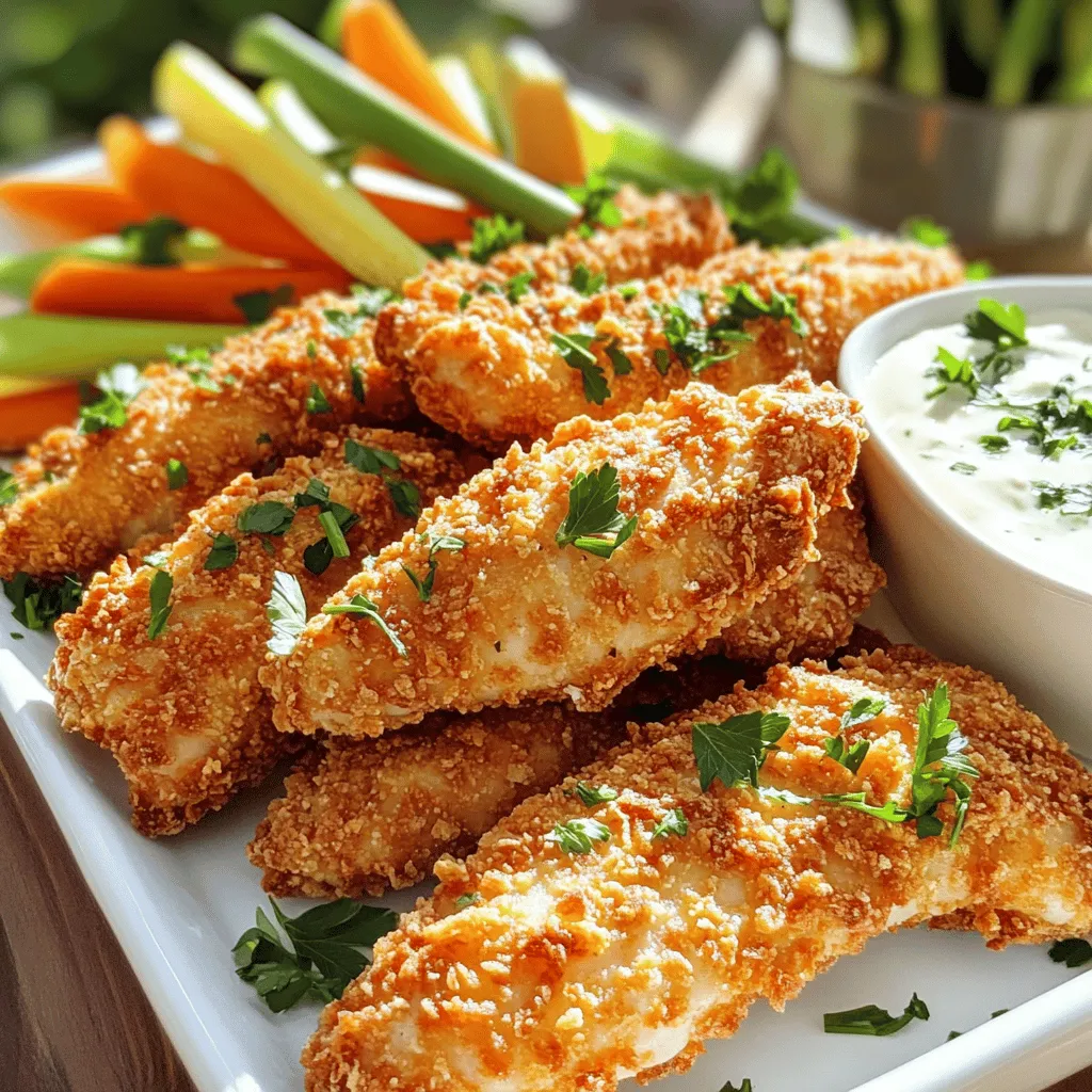 - 1 pound chicken tenders - 1 cup breadcrumbs (choose between panko for extra crunch or regular) - 1/2 cup finely grated Parmesan cheese - 1 packet (1 oz) ranch seasoning mix - 1/2 cup all-purpose flour - 2 large eggs - 2 tablespoons milk - Salt and freshly ground black pepper - Cooking spray or olive oil When making baked ranch chicken tenders, the ingredients are key to their flavor. First, the chicken tenders serve as the base. They are juicy and easy to cook. Next, breadcrumbs give that nice crunch. You can use panko for a crispier bite or regular breadcrumbs for a softer texture. Parmesan cheese adds a rich flavor. It melts slightly during baking, creating a tasty crust. The ranch seasoning mix gives the tenders that iconic ranch taste. It is a blend of herbs and spices that makes each bite delicious. For the coating, all-purpose flour helps the breading stick. The eggs and milk create a wet mix that binds the breading to the chicken. Don’t forget salt and pepper! They enhance all the flavors in the dish. Finally, a light spray of cooking spray or olive oil helps the tenders bake to a perfect golden brown. For the complete recipe, check out the Full Recipe section. First, preheat your oven to 425°F (220°C). This high heat helps the chicken tenders get nice and crispy. Next, grab a baking sheet. Line it with parchment paper or use a silicone mat. This step makes cleanup easy and prevents sticking. In a shallow dish, combine the breadcrumbs, finely grated Parmesan cheese, and ranch seasoning. Mix these well until they blend together. This mixture adds great flavor to the chicken. You can choose panko breadcrumbs for extra crunch or regular ones for a softer bite. In another shallow dish, add the all-purpose flour. Season it with salt and freshly ground black pepper. This seasoning gives the chicken a tasty start. In a third dish, whisk together the eggs and milk until smooth. This will help the breading stick to the chicken. Now, take a chicken tender. Dredge it in the seasoned flour, shaking off any extra. This keeps the breading from getting too thick. Next, dip the tender into the egg mixture. Make sure it is fully coated, then let any excess egg drip off. Finally, roll it in the breadcrumb mixture. Press gently to help the breading stick well. Place the breaded chicken tenders on your prepared baking sheet. To make them even crispier, spray them lightly with cooking spray or drizzle a bit of olive oil on top. Bake in your preheated oven for 15-20 minutes. The chicken should reach an internal temperature of 165°F (75°C) and look golden brown and crispy. To make your chicken tenders crispy, bake them at 425°F (220°C). This high heat helps the coating get golden brown. Use a baking sheet lined with parchment paper for easy cleanup. For added crispiness, lightly spray the tenders with cooking spray. This little step makes a big difference. Getting the breading to stick is key. Start by dredging each chicken tender in seasoned flour. Shake off any extra flour. Then, dip the tender in the egg mixture. Make sure it is fully coated. After this, roll it in the breadcrumb mixture. Press down gently to help the breading stick. This method ensures a crunchy and flavorful crust. Serve your chicken tenders with tasty sides and dips. Fresh veggie sticks like carrots and celery pair well. For dips, ranch dressing is a perfect choice. You can also try honey mustard or BBQ sauce for variety. Serving on a colorful platter makes the dish more appealing. Add fresh herbs for a pop of color. Enjoy your meal! {{image_4}} You can change the flavor of your Baked Ranch Chicken Tenders by using different seasonings. Try using taco seasoning for a zesty twist. Or, go for a lemon-pepper blend for a fresh taste. You can also mix herbs like thyme or oregano into your breadcrumb mix. This gives a unique flavor that makes each bite special. If you want a crunchier texture, try crushed cornflakes or crushed pretzels instead of breadcrumbs. They add extra crunch and flavor. You don’t have to stick to chicken tenders. You can use chicken breasts cut into strips for a thicker bite. Turkey tenders are also a great choice if you want something leaner. If you want to go meatless, try using tofu or cauliflower. These options absorb flavors well and are perfect for making a crispy coating. Just make sure to adjust the cooking time based on the protein you choose. For a gluten-free version, swap out regular breadcrumbs for gluten-free options. Almond flour or crushed gluten-free crackers work well too. You can also skip the flour and use only egg and breadcrumbs to reduce carbs. If you're looking for a lighter version, use skinless chicken and bake without oil. This keeps the dish healthier without losing that delicious flavor. To keep your baked ranch chicken tenders fresh, start by letting them cool. After cooling, place them in an airtight container. You can also use plastic wrap. This helps lock in moisture and flavor. If you want to freeze them, wrap each tender in foil. Then, place them in a freezer bag. This method keeps them from getting freezer burn. When you are ready to enjoy leftovers, reheating is key. Preheat your oven to 375°F (190°C). Place the chicken tenders on a baking sheet. Bake for about 10-15 minutes. This helps maintain the crispiness that makes them tasty. If you want, you can use a toaster oven as well for a quick option. Just watch them closely to avoid drying out. In the fridge, your baked chicken tenders will stay good for about 3-4 days. If you freeze them, they can last up to 3 months. Just remember to label your containers with the date. This way, you know when to use them. Enjoying your leftovers is easy with these storage tips! Bake your chicken tenders for 15 to 20 minutes. Ensure your oven is at 425°F (220°C) for best results. To check if they are done, use a meat thermometer. The chicken should reach an internal temperature of 165°F (75°C). For extra crispiness, give them a light spray of cooking oil before baking. You can use frozen chicken tenders, but adjust the time. Bake them for about 25 to 30 minutes. It’s best to check them halfway through. If needed, flip them to get even cooking. Frozen tenders may not get as crispy as fresh ones. These chicken tenders pair well with many sides. Consider serving them with: - Fresh veggie sticks like carrots, celery, and bell peppers - A side of creamy ranch or honey mustard for dipping - French fries or sweet potato fries for a classic touch - A light salad for a healthy balance You can find the full recipe titled "Crispy Baked Ranch Chicken Tenders ." This recipe gives you all the steps needed to create a delicious meal. Baked ranch chicken tenders are easy and fun to make. You learned about the main ingredients, how to prepare, and the baking process. I shared tips for crispy results and creative variations. Remember, you can use different seasonings or proteins to mix things up. Store your leftovers well for tasty meals later. For more details, check out the full recipe: Crispy Baked Ranch Chicken Tenders . Enjoy cooking!