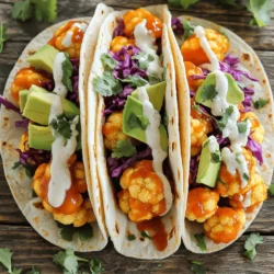 - Cauliflower and its preparation For these tacos, start with a medium head of cauliflower. Cut it into equal florets. This helps them cook evenly. Rinse the florets well to remove any dirt. Pat them dry with a towel. This step prevents excess water from making the batter soggy. - Flour, water, and seasonings for batter You will need 1 cup of all-purpose flour and 1 cup of water. Mix these in a bowl. Add 1 teaspoon of garlic powder, onion powder, smoked paprika, and salt. Whisk until the batter is smooth and free of lumps. This mixture coats the cauliflower and gives it flavor. - Buffalo sauce and toppings Use 1 cup of buffalo sauce. You can adjust the heat to match your taste. Once the cauliflower is baked, toss it in this sauce. This adds that famous spicy kick. You’ll also need 8 small corn tortillas, ripe avocado, red cabbage, and fresh cilantro for topping. - Alternatives for ranch dressing If you want to skip ranch, try Greek yogurt or a dairy-free option. These can add creaminess. You could also use guacamole for a twist. - Additional toppings and garnishes Feel free to get creative! Other great toppings include sliced jalapeños, pickled onions, or crumbled feta cheese. Each adds a new flavor that pairs well with buffalo cauliflower. 1. Preheat your oven to 450°F (230°C). This step is key for crispy cauliflower. 2. Line a baking sheet with parchment paper. This helps the florets not to stick. 3. In a large bowl, mix the flour, water, garlic powder, onion powder, smoked paprika, and salt. Whisk this until it is smooth and lump-free. 1. Take each cauliflower floret and dip it into the batter. Make sure every floret is well coated. 2. Place the coated florets on the baking sheet in a single layer. Leave space between them for even cooking. 3. Bake for 20-25 minutes, flipping them halfway through. Look for a golden brown color. 4. After baking, remove the florets from the oven. Toss them in buffalo sauce until fully coated. 5. Return the cauliflower to the baking sheet and bake for 5-10 more minutes. This lets the sauce set. 1. While the cauliflower is baking again, warm your corn tortillas in a pan. Cook for about 30 seconds on each side. 2. To make your tacos, place several pieces of buffalo cauliflower in each tortilla. 3. Top them with avocado slices, shredded red cabbage, and fresh cilantro. 4. Drizzle ranch dressing over the tacos for a creamy touch. 5. Serve the tacos hot and enjoy the blend of spicy and tangy flavors! For the full recipe, check out [Full Recipe]. To get that crunch, focus on the batter. It should be thick enough to coat the cauliflower well but not too thick. If it’s too runny, the batter won’t stick. If it’s too thick, it will clump. Aim for a smooth, pancake-like texture. Bake your cauliflower at 450°F (230°C). This high heat helps create a crispy outside. Bake for 20 to 25 minutes. Halfway through, flip each floret. This step ensures even cooking and a perfect crunch. These tacos shine with tasty sides. Serve them with a light salad or some crunchy veggies. A cool drink, like iced tea or a light beer, pairs well too. When it comes to toppings, get creative! Try adding pickled onions for a tangy twist or a sprinkle of feta cheese for creaminess. You can also use Greek yogurt in place of ranch dressing for a healthier option. The goal is to balance the spicy buffalo flavor with fresh, vibrant toppings. For more delicious ideas, check out the Full Recipe! {{image_4}} To make your tacos spicy, you can adjust the heat in the buffalo sauce. Start with a mild sauce. Then, you can add cayenne pepper or hot sauce for extra heat. If you want a smoky flavor, try chipotle sauce. You can also add other spicy elements. Sliced jalapeños can add a fresh kick. Pickled onions bring heat and tang. I enjoy using a sprinkle of chili powder for depth. If you need gluten-free options, swap all-purpose flour for rice flour. This keeps the batter light and crispy. You can also use gluten-free tortillas for your tacos. For vegan alternatives, skip the ranch dressing. You can use a cashew cream instead. This gives a creamy touch without dairy. Adding fresh lime juice brightens the dish too. To keep your buffalo cauliflower tacos fresh, store them in an airtight container. This helps to lock in the flavors and prevent sogginess. Place the tacos in the fridge within two hours of cooking. They will stay good for about 3 days. If you keep the toppings separate, they will last longer. When you want to enjoy your leftovers, the best method is to use an oven. Preheat the oven to 350°F (175°C). Place the tacos on a baking sheet and cover them loosely with foil. Heat for about 10-15 minutes. This keeps your tortillas soft and the cauliflower crispy. If the cauliflower lost some of its crunch, you can recrisp it. Remove the foil for the last 5 minutes of heating. This will bring back that nice texture. You can also use an air fryer if you have one. Heat them at 350°F (175°C) for about 5-7 minutes. Enjoy your tasty tacos again! For the full recipe, check out the Buffalo Cauliflower Tacos . Yes, you can prep Buffalo Cauliflower Tacos ahead of time. Here are some tips for meal prepping: - Prepare the cauliflower: You can coat the cauliflower in batter and bake it the day before. Store it in an airtight container in the fridge. - Make the toppings: Slice the avocado and shred the cabbage the night before. Keep them in separate containers to stay fresh. - Warm the tortillas: Heat the tortillas just before serving. This keeps them soft and tasty. - Assemble right before eating: For the best taste, assemble the tacos shortly before you eat. This keeps everything fresh and crunchy. If you need alternatives for buffalo sauce, try these options for heat and flavor: - Hot sauce: Use any hot sauce you enjoy for a simple swap. - Sriracha: This offers a sweet and spicy kick. - Chili oil: Drizzle some chili oil for a different flavor. - Homemade sauce: Mix hot sauce with butter and spices for a quick homemade version. Adjust the heat to your liking! Buffalo Cauliflower Tacos can be a healthy choice. Here are some nutritional benefits and considerations: - Cauliflower: It is low in calories and high in fiber. - Vitamins: Cauliflower contains vitamins C and K. - Customizable: You control the toppings and sauce. This helps you keep calories in check. - Whole ingredients: Using fresh veggies and whole foods adds nutrients. Overall, these tacos can fit well into a healthy diet, especially when you watch the sauce and toppings! For the full recipe, check out the [Full Recipe]. Buffalo cauliflower tacos are fun and tasty. We learned about key ingredients like cauliflower, flour, and buffalo sauce. Then, I shared steps for prep and cooking, along with tips for perfecting the crunch. Variations let you change spice levels and cater to diets. Finally, proper storage ensures leftovers stay fresh. Enjoy making these tacos to surprise your taste buds and impress your friends! Keep this recipe handy for quick meals that everyone will love.