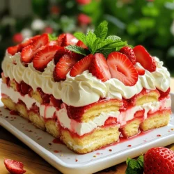 To make a delicious Strawberry Shortcake Icebox Cake, you’ll need simple and fresh ingredients. Here’s a list of what you need: - 1 pound fresh strawberries, hulled and sliced - 1/3 cup granulated sugar - 1 cup heavy whipping cream - 1/2 cup powdered sugar - 1 teaspoon vanilla extract - 1 package (14.1 ounces) of store-bought shortcake biscuits - 1/2 cup Greek yogurt (optional) - Fresh mint leaves for garnish Each ingredient plays a key role in creating the perfect balance of flavors. The strawberries bring sweetness and freshness. The sugar helps draw out their juices, making a yummy syrup. Heavy cream and powdered sugar create a rich, fluffy whipped cream. The vanilla adds a warm note that ties everything together. Store-bought shortcake biscuits make this dessert quick and easy. If you want a creamier texture, consider adding Greek yogurt. It's not necessary but it adds a nice touch. The mint leaves are optional but they give a lovely visual appeal and fresh flavor when you serve the cake. For the full recipe, check out the instructions to see how these ingredients come together to create a delightful treat. To start, I take 1 pound of fresh strawberries. I hull and slice them. I then put the strawberries in a medium bowl. Next, I sprinkle 1/3 cup of granulated sugar over them. I toss the strawberries gently to coat. After that, I let them sit for about 20 minutes. This step helps the strawberries release their natural juices. The juices mix with the sugar to form a sweet syrup. In a large bowl, I pour in 1 cup of heavy whipping cream. I add 1/2 cup of powdered sugar and 1 teaspoon of vanilla extract. Using an electric mixer, I whip the mixture until I see soft peaks. If you want extra creaminess, you can fold in 1/2 cup of Greek yogurt at this stage. This makes the cream even richer and adds a nice tang. Now comes the fun part: assembling the cake! I take one biscuit and dip it briefly into the strawberry syrup. I let any excess juice drip off. Then, I lay the biscuit flat in an 8-inch baking dish. I spread a generous layer of whipped cream over the biscuit. Next, I add a layer of macerated strawberries and their syrup. I keep layering biscuits, whipped cream, and strawberries until I reach the top. I finish with a final layer of whipped cream. To make it pretty, I decorate it with a few whole strawberries on top. Finally, I cover the dish with plastic wrap and refrigerate it for at least 4 hours, or overnight if I can wait. This step lets all the flavors meld together beautifully. Chilling time is key to a great icebox cake. When you let it chill, the flavors blend well. The biscuits soak up the strawberry syrup, making them soft and tasty. I suggest chilling it overnight for the best results. Using fresh ingredients is also very important for flavor. Fresh strawberries add a sweet and juicy taste. They make the cake bright and colorful. Always choose ripe strawberries for the best taste. You can easily customize this cake to fit your taste. Adding Greek yogurt makes the whipped cream extra creamy. This gives a nice tang that pairs well with sweet strawberries. Just fold it in gently to keep the light texture. You can also choose different berries or biscuits. Blueberries and raspberries work well, too. Mixing berries gives a fun twist to the cake. If you want, try using different types of biscuits for a new flavor. You can find many options at the store. For the full recipe, check out the complete instructions and ingredients list. {{image_4}} You can change the fruit in your icebox cake. Blueberries or raspberries work great too. Each berry brings its own taste. Try mixing berries for a colorful treat. A blend of strawberries, blueberries, and raspberries makes a fun and tasty dessert. Layer them just like you do with strawberries. This way, you get a burst of flavor in every bite. For those who need options, make this cake fit your diet. Use gluten-free biscuits to keep it friendly for everyone. Many stores sell gluten-free versions now. They taste great and hold up well. If you're looking to skip dairy, use coconut cream or almond milk instead of heavy cream. These substitutes keep the cake rich and creamy. You won’t miss the dairy at all. These diet-friendly swaps help you enjoy this dessert without worry. For the full recipe, check out the detailed steps on how to make this delicious Strawberry Shortcake Icebox Cake! To keep your Strawberry Shortcake Icebox Cake fresh, store it in the fridge. Use plastic wrap or an airtight container to cover the dish. This helps keep the flavors intact and prevents the cake from drying out. The cake will stay good in the fridge for up to three days. After that, the biscuits may become too soggy. You can make this icebox cake ahead of time. It tastes even better after a night in the fridge. Just assemble it and let it chill. If you want to freeze parts, you can freeze the whipped cream and biscuits separately. Just thaw them in the fridge before you layer them. This way, you can enjoy a tasty treat anytime! For the full recipe, check out the Berry Bliss Strawberry Shortcake Icebox Cake 🥯. You can keep your Strawberry Shortcake Icebox Cake in the fridge for up to four days. After this time, the biscuits may get too soggy. To enjoy the best texture, eat it within this time frame. Always cover it well to keep it fresh. Yes, you can make this dessert gluten-free! Just use gluten-free shortcake biscuits. Many brands offer great options that taste just as good. Check the label to ensure they fit your dietary needs. The best way to serve this cake is chilled. Slice it straight from the fridge for a refreshing treat. You can add a dollop of whipped cream and a sprig of mint for a beautiful touch. This will impress your guests and elevate the dish. Yes, you can use frozen strawberries! Just thaw them first and drain any excess liquid. This will help keep the texture nice. You may also need to adjust the sugar since frozen fruit can be sweeter. Enjoy the same great taste with a little prep! This blog post detailed how to make a delicious Strawberry Shortcake Icebox Cake. We explored fresh ingredients, from juicy strawberries to creamy whipped topping. I shared simple steps to prepare each layer and tips to enhance flavors. You can even customize this treat to fit diet needs. In conclusion, this dessert is easy and fun to make. With a little effort, you can create a delightful treat that impresses everyone. Enjoy making this cake and savor every bite!