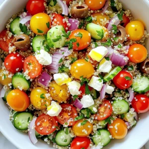To start, gather these key items for your Mediterranean quinoa salad: - 1 cup quinoa, thoroughly rinsed - 2 cups vegetable broth or water - 1 cup cherry tomatoes, halved - 1 crisp cucumber, diced - 1/2 red onion, finely chopped - 1/2 cup Kalamata olives, pitted and sliced - 1/2 cup feta cheese, crumbled - 1/4 cup fresh parsley, roughly chopped - 1/4 cup extra virgin olive oil - 2 tablespoons freshly squeezed lemon juice - 1 teaspoon dried oregano - Sea salt and freshly cracked black pepper to taste These ingredients come together to create a colorful and tasty dish. Each element brings its unique flavor and texture. The quinoa serves as a light base, while the vegetables add crunch and freshness. Feta cheese gives a salty kick, and olives add depth. You can boost your salad with these optional extras: - Roasted red peppers for sweetness - Artichoke hearts for a tangy bite - Avocado for creaminess - Fresh mint or basil for herbal notes - Chickpeas for added protein These additions help you customize your salad to fit your taste. Feel free to mix and match to create a dish you love. Mediterranean quinoa salad is not just delicious; it's also packed with nutrients: - Quinoa is a complete protein source. - Fresh veggies provide vitamins and minerals. - Olive oil offers healthy fats. - Feta cheese adds calcium. This salad is a great way to enjoy a healthy meal. It supports a balanced diet and keeps you energized. You can find the full recipe for Mediterranean quinoa salad in the recipe section. Start by rinsing one cup of quinoa under cold water. This step helps remove any bitter taste. Next, in a medium saucepan, combine the rinsed quinoa and two cups of vegetable broth or water. Bring the mixture to a rapid boil over high heat. Once it boils, reduce the heat to low. Cover the pot with a lid and let it simmer for about 15 minutes. The quinoa will become fluffy, and all the liquid will absorb. After cooking, remove the pot from heat and let it cool for 10 to 15 minutes. Use a fork to fluff the quinoa gently. While the quinoa cools, prepare your fresh vegetables. Grab a large mixing bowl and add one cup of halved cherry tomatoes, one diced cucumber, and half a finely chopped red onion. Then, add half a cup of sliced Kalamata olives and half a cup of crumbled feta cheese. Mix these ingredients gently to combine. This colorful mix adds flavor and crunch to your salad. In a small bowl, whisk together a quarter cup of extra virgin olive oil and two tablespoons of freshly squeezed lemon juice. Add one teaspoon of dried oregano, along with sea salt and freshly cracked black pepper to taste. This dressing adds zest and ties the salad together. Make sure to whisk well until all ingredients combine. Now, it’s time to bring everything together. Once the quinoa has cooled, add it to the bowl with your mixed vegetables. Pour the dressing over the salad and toss gently. Make sure all ingredients are coated well. For a fresh touch, fold in a quarter cup of roughly chopped parsley. Taste your salad and adjust the seasoning if needed. Now you're ready to serve this delightful dish. For the full recipe, check the detailed instructions above. To get fluffy quinoa, rinse it well before cooking. This helps remove bitterness. Use two cups of vegetable broth or water for each cup of quinoa. Bring it to a boil, then lower the heat to simmer. Cook until the liquid is gone, about 15 minutes. After cooking, let it cool for 10-15 minutes. Fluff it with a fork to separate the grains. This step makes a big difference in texture. To boost flavor, use fresh herbs like parsley and oregano. Adding lemon juice brightens the dish and brings out the flavors. You can also mix in spices like cumin or smoked paprika for a twist. When you mix the dressing, blend olive oil, lemon juice, salt, and pepper well. This ensures an even flavor throughout the salad. Taste as you mix to find the right balance for your palate. Serve your quinoa salad in a large bowl or on individual plates. A colorful presentation makes it more inviting. Garnish with a sprinkle of parsley or a slice of lemon for freshness. You can also add extra feta or olives on top for visual appeal. A well-presented salad not only looks good but also makes for a great conversation starter. For the full recipe, check the detailed instructions above. {{image_4}} You can add protein to your Mediterranean quinoa salad to make it heartier. Grilled chicken adds a nice touch. Just chop it into bite-sized pieces and mix it in. You can also use chickpeas for a plant-based option. They add great flavor and texture. Simply rinse a can of chickpeas and toss them in. This salad is easy to make vegetarian or vegan. To keep it vegetarian, use feta cheese. For a vegan option, skip the feta or use a vegan cheese. You can substitute with avocado for creaminess. It adds healthy fats and a lovely flavor. Feel free to swap ingredients based on the season. In summer, add bell peppers for crunch and color. In fall, consider roasted sweet potatoes for warmth. You can also use fresh herbs like basil or mint when in season. They give a fresh twist to the salad. These variations make the Mediterranean quinoa salad versatile and fun. Check the full recipe for more ideas! To keep your salad fresh, store it in an airtight container. This helps keep out air and moisture. Place the container in the fridge. The salad stays fresh for three to five days. If you notice any signs of spoilage, throw it out right away. Freezing quinoa salad is not the best option. The veggies can get mushy when thawed. If you want to freeze it, leave out fresh ingredients like cucumber and tomatoes. Freeze the quinoa and dressing separately. When you're ready to eat, thaw in the fridge overnight, and add fresh veggies just before serving. Quinoa salad lasts up to five days in the fridge. Keep it covered to maintain flavor. Check for wilting greens or off smells before eating. Fresh ingredients make a big difference in taste. If you want to enjoy the salad later, consider making a smaller batch. For the full recipe, check the recipe section. Yes, you can make this salad ahead of time. I often prepare it a day in advance. This allows the flavors to blend well. Store it in a sealed container in the fridge. Just remember to add the parsley just before serving for a fresh touch. This salad pairs well with many dishes. You can serve it with grilled chicken or fish. It also goes great with pita bread and hummus. For a vegetarian option, try it with stuffed peppers or falafel. The bright flavors complement these meals nicely. You can easily adjust this recipe for different diets. If you are gluten-free, quinoa is a perfect choice. For a vegan option, skip the feta cheese or use a plant-based alternative. If you have nut allergies, check your broth or oil for hidden ingredients. This salad is very flexible! The full recipe for Mediterranean Quinoa Salad includes the following ingredients: - 1 cup quinoa, thoroughly rinsed - 2 cups vegetable broth or water - 1 cup cherry tomatoes, halved - 1 crisp cucumber, diced - 1/2 red onion, finely chopped - 1/2 cup Kalamata olives, pitted and sliced - 1/2 cup feta cheese, crumbled - 1/4 cup fresh parsley, roughly chopped - 1/4 cup extra virgin olive oil - 2 tablespoons freshly squeezed lemon juice - 1 teaspoon dried oregano - Sea salt and freshly cracked black pepper to taste You can follow the detailed instructions to create this delightful dish in no time. This post taught you how to make a tasty Mediterranean quinoa salad. You learned about key ingredients and ways to enhance flavor. I shared tips for cooking perfect quinoa and gave ideas for meal variations. Plus, I covered the best practices for storing leftovers. Now, you can enjoy this healthy dish anytime. Whether you stick to the recipe or try your own ideas, it’s a win for your meals. Enjoy your cooking!