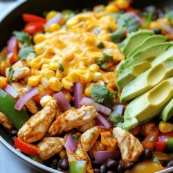 To make a tasty Southwest Chicken Skillet, you need: - 2 tablespoons olive oil - 1 pound boneless, skinless chicken breast, diced - 1 teaspoon smoked paprika - 1 teaspoon chili powder - ½ teaspoon ground cumin - ½ teaspoon garlic powder - ½ teaspoon onion powder - Salt and freshly ground black pepper to taste - 1 cup mixed bell peppers, sliced - 1 small red onion, thinly sliced This dish shines with some special ingredients: - 1 cup corn kernels, fresh or frozen - 1 can (14.5 oz) diced tomatoes with green chilies, undrained - 1 cup canned black beans, drained - 1 cup shredded cheese, like cheddar or Mexican blend Fresh herbs and toppings add a lovely finish: - Fresh cilantro, chopped - Ripe avocado slices These ingredients come together for a colorful and flavorful meal. You can find the full recipe in the article above for easy reference. Enjoy cooking! To start, you need to properly dice and season the chicken. First, take your chicken breast and cut it into bite-sized pieces. This helps it cook evenly. Next, add the spices. I like to use smoked paprika, chili powder, cumin, garlic powder, onion powder, salt, and pepper. Mix the spices well with the chicken. This step adds a lot of flavor. Now, let's slice the vegetables. For the bell peppers, remove the seeds and cut them into strips. Use a sharp knife for clean cuts. This makes them cook faster. For the red onion, slice it thinly. Thin slices help the onion soften quickly when cooking. Now we begin the cooking process. Heat the olive oil in a large skillet over medium-high heat. When the oil shimmers, it's ready. Carefully add the seasoned chicken to the skillet. Cook the chicken for 5-7 minutes. Stir it often so it cooks evenly and gets a nice brown color. Next, add the sliced bell peppers and red onion to the skillet. Sauté the mix for 3-4 minutes. The vegetables should soften and smell great. Now, it’s time to add the corn, the diced tomatoes with their juices, and the rinsed black beans. Stir everything well. Let it simmer for about 5 minutes so all the flavors mix together. For the final touches, sprinkle the shredded cheese over the chicken and vegetable mix. Cover the skillet with a lid. Cook for another 2-3 minutes. This will melt the cheese and make it bubbly. Once done, remove the skillet from the heat. Garnish with fresh cilantro for a bright touch. Serve warm with slices of avocado on the side. This adds a creamy finish. Enjoy the bold flavors of this Southwest Chicken Skillet! You can find the Full Recipe above. To ensure your chicken is cooked through, cut it into small pieces. This helps it cook faster and evenly. Use a meat thermometer to check the internal temperature. It should reach 165°F. For the right vegetable tenderness, sauté them just until they soften. Don’t overcook, as they will lose their crispness. Adjusting spices can really change the dish. If you like it spicier, add more chili powder. For a milder flavor, cut back on the heat. You can also add fresh herbs like cilantro for a burst of freshness. A squeeze of lime juice boosts the dish’s brightness too. For the best sides, consider serving rice or a simple salad. These pair well with the rich flavors of the skillet. To present the dish nicely, serve it straight from the skillet. Garnish with fresh cilantro and add ripe avocado slices on the side. This makes it both tasty and pretty. You can find the full recipe [Full Recipe]. {{image_4}} You can change up the protein in this dish. Instead of chicken, try beef, shrimp, or tofu. Each option brings a unique taste. If you use beef, choose tender cuts like sirloin. For shrimp, cook them quickly to keep them juicy. Tofu is a great choice for a vegetarian meal. Just make sure to press it first to remove extra moisture. Feel free to swap vegetables, too. Use seasonal veggies for fresh flavors. Try zucchini, squash, or even sweet potatoes. Each adds its own twist to the dish. You can also mix in leafy greens like spinach or kale for added nutrition. You can easily make this dish gluten-free. Just check your spices and canned goods for hidden gluten. Most ingredients are naturally gluten-free. You can also make it dairy-free by skipping the cheese or using a dairy-free alternative. Nutritional yeast can give a cheesy flavor without dairy. For vegetarian or vegan options, replace the chicken with more veggies or beans. You can use lentils or chickpeas for protein. This way, the dish stays hearty and filling. Remember, cooking is all about adapting to what you have. Enjoy the Full Recipe and explore your own variations! To keep your Southwest Chicken Skillet fresh, follow these tips: - Refrigeration: Place leftovers in an airtight container. Store in the fridge for up to three days. - Freezing: For longer storage, freeze the dish in a freezer-safe container. It lasts up to three months. To reheat without losing flavor, use these methods: - Stovetop: Heat in a skillet over medium heat. Stir often to warm evenly. - Microwave: Place in a microwave-safe dish. Cover and heat in short bursts, stirring in between. For food safety, always heat until the dish reaches at least 165°F. This ensures all parts are safe to eat! How long can I store Southwest Chicken Skillet? You can store Southwest Chicken Skillet in the fridge for up to three days. Make sure to keep it in an airtight container for best results. This makes it easy to enjoy later! Can I make this dish in advance? Yes, you can make this dish in advance. Cook it, then cool it down. Store it in the fridge. Reheat it when you're ready to eat. What can I substitute for black beans? If you don't have black beans, you can use pinto beans or kidney beans. Both will work great in this recipe and keep the flavors strong. Can I use frozen chicken for this recipe? Yes, you can use frozen chicken. Just make sure to thaw it before cooking. This helps ensure even cooking and keeps the chicken tender. How do I know when the chicken is fully cooked? Check the chicken with a meat thermometer. It should reach 165°F. Also, the chicken should be white inside, not pink. How to make it less spicy? To lower the spice level, use less chili powder. You can also skip the diced tomatoes with green chilies. This will make it milder without losing flavor. Can I add more veggies for a healthier version? Absolutely! You can add zucchini, spinach, or even carrots. More veggies make the dish colorful and boost nutrition. Enjoy being creative! This Southwest Chicken Skillet recipe combines simple ingredients and easy steps. You learned to prepare, cook, and garnish your dish for great taste. I shared cooking tips and variations, making this dish fit your needs. Whether you want to swap ingredients or store leftovers, you have options. Enjoy your flavorful creation, and feel free to experiment with your favorite flavors. Cooking should be fun and satisfying!
