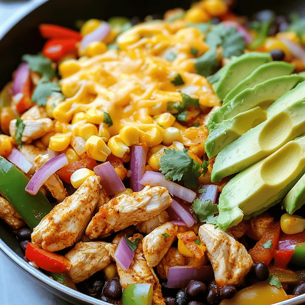 To make a tasty Southwest Chicken Skillet, you need: - 2 tablespoons olive oil - 1 pound boneless, skinless chicken breast, diced - 1 teaspoon smoked paprika - 1 teaspoon chili powder - ½ teaspoon ground cumin - ½ teaspoon garlic powder - ½ teaspoon onion powder - Salt and freshly ground black pepper to taste - 1 cup mixed bell peppers, sliced - 1 small red onion, thinly sliced This dish shines with some special ingredients: - 1 cup corn kernels, fresh or frozen - 1 can (14.5 oz) diced tomatoes with green chilies, undrained - 1 cup canned black beans, drained - 1 cup shredded cheese, like cheddar or Mexican blend Fresh herbs and toppings add a lovely finish: - Fresh cilantro, chopped - Ripe avocado slices These ingredients come together for a colorful and flavorful meal. You can find the full recipe in the article above for easy reference. Enjoy cooking! To start, you need to properly dice and season the chicken. First, take your chicken breast and cut it into bite-sized pieces. This helps it cook evenly. Next, add the spices. I like to use smoked paprika, chili powder, cumin, garlic powder, onion powder, salt, and pepper. Mix the spices well with the chicken. This step adds a lot of flavor. Now, let's slice the vegetables. For the bell peppers, remove the seeds and cut them into strips. Use a sharp knife for clean cuts. This makes them cook faster. For the red onion, slice it thinly. Thin slices help the onion soften quickly when cooking. Now we begin the cooking process. Heat the olive oil in a large skillet over medium-high heat. When the oil shimmers, it's ready. Carefully add the seasoned chicken to the skillet. Cook the chicken for 5-7 minutes. Stir it often so it cooks evenly and gets a nice brown color. Next, add the sliced bell peppers and red onion to the skillet. Sauté the mix for 3-4 minutes. The vegetables should soften and smell great. Now, it’s time to add the corn, the diced tomatoes with their juices, and the rinsed black beans. Stir everything well. Let it simmer for about 5 minutes so all the flavors mix together. For the final touches, sprinkle the shredded cheese over the chicken and vegetable mix. Cover the skillet with a lid. Cook for another 2-3 minutes. This will melt the cheese and make it bubbly. Once done, remove the skillet from the heat. Garnish with fresh cilantro for a bright touch. Serve warm with slices of avocado on the side. This adds a creamy finish. Enjoy the bold flavors of this Southwest Chicken Skillet! You can find the Full Recipe above. To ensure your chicken is cooked through, cut it into small pieces. This helps it cook faster and evenly. Use a meat thermometer to check the internal temperature. It should reach 165°F. For the right vegetable tenderness, sauté them just until they soften. Don’t overcook, as they will lose their crispness. Adjusting spices can really change the dish. If you like it spicier, add more chili powder. For a milder flavor, cut back on the heat. You can also add fresh herbs like cilantro for a burst of freshness. A squeeze of lime juice boosts the dish’s brightness too. For the best sides, consider serving rice or a simple salad. These pair well with the rich flavors of the skillet. To present the dish nicely, serve it straight from the skillet. Garnish with fresh cilantro and add ripe avocado slices on the side. This makes it both tasty and pretty. You can find the full recipe [Full Recipe]. {{image_4}} You can change up the protein in this dish. Instead of chicken, try beef, shrimp, or tofu. Each option brings a unique taste. If you use beef, choose tender cuts like sirloin. For shrimp, cook them quickly to keep them juicy. Tofu is a great choice for a vegetarian meal. Just make sure to press it first to remove extra moisture. Feel free to swap vegetables, too. Use seasonal veggies for fresh flavors. Try zucchini, squash, or even sweet potatoes. Each adds its own twist to the dish. You can also mix in leafy greens like spinach or kale for added nutrition. You can easily make this dish gluten-free. Just check your spices and canned goods for hidden gluten. Most ingredients are naturally gluten-free. You can also make it dairy-free by skipping the cheese or using a dairy-free alternative. Nutritional yeast can give a cheesy flavor without dairy. For vegetarian or vegan options, replace the chicken with more veggies or beans. You can use lentils or chickpeas for protein. This way, the dish stays hearty and filling. Remember, cooking is all about adapting to what you have. Enjoy the Full Recipe and explore your own variations! To keep your Southwest Chicken Skillet fresh, follow these tips: - Refrigeration: Place leftovers in an airtight container. Store in the fridge for up to three days. - Freezing: For longer storage, freeze the dish in a freezer-safe container. It lasts up to three months. To reheat without losing flavor, use these methods: - Stovetop: Heat in a skillet over medium heat. Stir often to warm evenly. - Microwave: Place in a microwave-safe dish. Cover and heat in short bursts, stirring in between. For food safety, always heat until the dish reaches at least 165°F. This ensures all parts are safe to eat! How long can I store Southwest Chicken Skillet? You can store Southwest Chicken Skillet in the fridge for up to three days. Make sure to keep it in an airtight container for best results. This makes it easy to enjoy later! Can I make this dish in advance? Yes, you can make this dish in advance. Cook it, then cool it down. Store it in the fridge. Reheat it when you're ready to eat. What can I substitute for black beans? If you don't have black beans, you can use pinto beans or kidney beans. Both will work great in this recipe and keep the flavors strong. Can I use frozen chicken for this recipe? Yes, you can use frozen chicken. Just make sure to thaw it before cooking. This helps ensure even cooking and keeps the chicken tender. How do I know when the chicken is fully cooked? Check the chicken with a meat thermometer. It should reach 165°F. Also, the chicken should be white inside, not pink. How to make it less spicy? To lower the spice level, use less chili powder. You can also skip the diced tomatoes with green chilies. This will make it milder without losing flavor. Can I add more veggies for a healthier version? Absolutely! You can add zucchini, spinach, or even carrots. More veggies make the dish colorful and boost nutrition. Enjoy being creative! This Southwest Chicken Skillet recipe combines simple ingredients and easy steps. You learned to prepare, cook, and garnish your dish for great taste. I shared cooking tips and variations, making this dish fit your needs. Whether you want to swap ingredients or store leftovers, you have options. Enjoy your flavorful creation, and feel free to experiment with your favorite flavors. Cooking should be fun and satisfying!