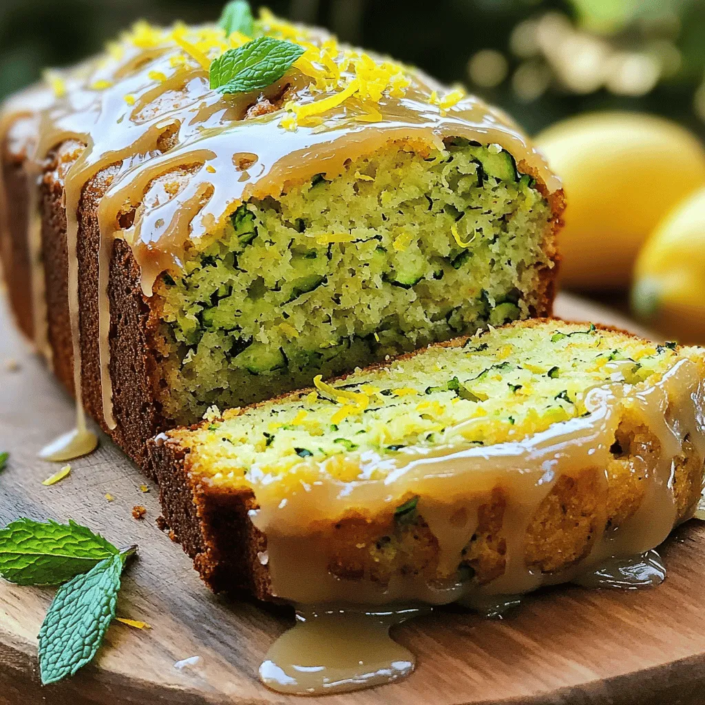 - Grated zucchini: Use 1 cup, which comes from about 1 medium zucchini. To prep, wash the zucchini well. Grate it using a box grater or food processor. No need to peel it! The peel adds nice color and nutrients. - Sweeteners and fats: You will need 1 cup of granulated sugar and 1/2 cup of unsalted butter. Make sure the butter is softened at room temperature for easy mixing. This helps create a light and fluffy texture. - Eggs and dairy: Use 2 large eggs and 1/4 cup of Greek yogurt. The yogurt keeps the loaf moist and adds a slight tang. It also helps with the rise, making your loaf light and airy. To achieve the perfect glaze, mix together 1 cup of powdered sugar and 2 tablespoons of freshly squeezed lemon juice. Start by whisking them together in a small bowl. The goal is a smooth and pourable consistency. If your glaze is too thick, add a tiny bit more lemon juice. If it’s too runny, add more powdered sugar. Adjust until you find the right balance for a beautiful finish on your loaf. When the loaf cools, drizzle the glaze over the top. Watch it flow down the sides for a delightful look. This glaze adds a burst of lemon flavor and makes the loaf shine! For the full recipe, check out the details and steps to make your own delicious Glazed Lemon Zucchini Loaf. First, preheat your oven to 350°F (175°C). This step is key for a perfect bake. Next, prepare a 9x5 inch loaf pan. You can grease and flour it or line it with parchment paper. This makes it easy to remove the loaf later. In a large mixing bowl, combine 1/2 cup of softened butter and 1 cup of granulated sugar. Use a hand mixer or a whisk to cream these together. Beat them until the mixture is light and fluffy. This should take about 3-4 minutes. Now, add 2 large eggs one at a time. Mix well after each egg to ensure they blend into the batter. After that, mix in 1/4 cup of Greek yogurt, 1 tablespoon of fresh lemon zest, and 1/4 cup of lemon juice. Stir until everything is well blended and smooth. In another bowl, sift together 1 1/2 cups of all-purpose flour, 1 teaspoon of baking powder, 1/2 teaspoon of baking soda, and 1/4 teaspoon of salt. Sifting helps to aerate the flour and remove any lumps. This makes for a fluffier loaf. Once combined, slowly add the dry mix to the wet mixture. Stir gently until just combined. Be careful not to overmix; a few lumps are just fine! Now, it's time to fold in the grated zucchini. Use a spatula or wooden spoon for this step. Make sure the zucchini is evenly distributed throughout the batter. Pour the batter into your prepared loaf pan. Smooth the top with the spatula to ensure an even bake. Bake in the preheated oven for 50-60 minutes. To check for doneness, insert a toothpick into the center of the loaf. If it comes out clean with a few crumbs, your loaf is ready. Once baked, let it cool in the pan for about 10 minutes. Then, transfer the loaf to a wire rack to cool completely before glazing. For the glaze, mix 1 cup of powdered sugar with 2 tablespoons of lemon juice until smooth. Once the loaf is cool, drizzle the glaze over the top. It will create a beautiful finish. For the full recipe, you can refer to the detailed instructions provided earlier. Enjoy your delicious creation! When baking a zucchini loaf, avoid common mistakes. Here are some tips: - Do not overmix: Mix just until combined. Lumps are okay. - Measure zucchini correctly: Use a cup of grated zucchini. Do not pack it down. - Check oven temperature: An oven thermometer helps. It ensures the right heat. For even baking, place your loaf pan in the center of the oven. This spot lets hot air circulate well. If you use the bottom or top rack, it may bake unevenly. You can switch out Greek yogurt if you want. Try sour cream or buttermilk. These will make the loaf moist but keep the taste light. Balancing sweetness with lemon tartness is key. Use fresh lemon juice and zest for the best flavor. The zest adds a bright taste, while the juice keeps it zesty. This balance makes each bite fresh and exciting. For the full recipe, check out the details above! {{image_4}} You can switch up the flavor of your glazed lemon zucchini loaf. One fun way is to mix in nuts or chocolate chips. Walnuts or pecans add a nice crunch. If you prefer chocolate, use dark or semi-sweet chips. Just fold them in gently before you bake. You can also try different citrus flavors. Lime or orange can give your loaf a unique twist. Lime juice adds a bright zest, while orange gives a sweet, fruity taste. You can replace lemon juice with an equal amount of lime or orange juice in the recipe. The zest will work the same way. If you need to make this loaf gluten-free, use a gluten-free flour blend. Ensure it has a good balance of starch and protein. Almond flour or coconut flour can work too, but these may change the loaf’s texture. For a dairy-free option, replace Greek yogurt with almond or coconut yogurt. You can use melted coconut oil instead of butter. It keeps the moisture while adding a hint of coconut flavor. Want to cut down on sugar? You can swap granulated sugar for honey or maple syrup. Keep in mind that using liquid sweeteners may change the loaf's texture. Reduce the liquid in the recipe slightly to balance it out. These simple swaps can help you enjoy this treat while sticking to your diet. To keep your glazed lemon zucchini loaf fresh, you have two main options: refrigeration or room temperature storage. If you plan to eat the loaf within a few days, storing it at room temperature works well. Just wrap it tightly in plastic wrap or foil. This helps to keep it moist and tasty. You can enjoy it for about three days this way. If you want to keep the loaf fresh longer, go for refrigeration. Wrap it in plastic wrap and place it in an airtight container. This method keeps the loaf good for about a week. The cold slows down spoilage, ensuring you enjoy each slice. Freezing is a great option if you want to save some slices for later. To freeze the loaf, wait until it cools completely. Wrap it well in plastic wrap, then place it in a freezer bag. This keeps out air and helps prevent freezer burn. You can freeze the loaf for up to three months. For the glaze, you can freeze it too! Just store it in a small container. When you're ready to enjoy your loaf, you can thaw it in the fridge overnight. If you want to speed things up, place the wrapped loaf in a bowl of cold water. This method works well and keeps the flavors intact. When it’s time to eat, let the loaf sit at room temperature for a bit, and then drizzle on the glaze. It’s like enjoying it fresh again! To check if your zucchini loaf is done, look for a few key signs. First, the top should be golden brown. Second, a toothpick inserted into the center should come out clean or with just a few crumbs. The loaf should spring back when you gently press the top. If it feels dense or wet, it needs more time in the oven. Yes, you can use frozen zucchini. However, frozen zucchini has more moisture than fresh zucchini. This extra moisture can make your loaf denser. To reduce this, thaw the zucchini and squeeze out excess water before adding it to the batter. This will help keep your loaf light and fluffy. You can enjoy this loaf in many ways. For breakfast, serve it with fresh fruit or yogurt. At tea time, pair it with a cup of herbal tea. As a dessert, it goes well with whipped cream or a scoop of vanilla ice cream. You can even toast slices for a warm treat! You can find the full recipe for the Glazed Lemon Zucchini Loaf [here](#). This link will take you to the complete instructions, so you can bake this delicious treat with ease. In this post, we covered how to make a delicious Glazed Lemon Zucchini Loaf. We discussed key ingredients like grated zucchini and Greek yogurt, and shared tips for mixing and baking the loaf. I also shared storage tips for freshness and variations to make the loaf your own. Baking can be fun and rewarding. With the right steps, you can create a tasty treat that impresses. Enjoy trying out these ideas and enjoy your perfect loaf!