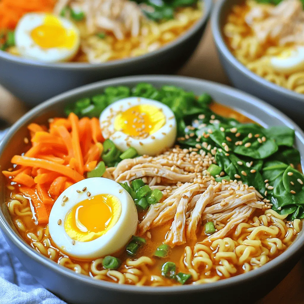 To make spicy chicken ramen, you need fresh and tasty ingredients. Each one plays a key role in creating a rich and flavorful dish. Here are the main ingredients you'll need: - 2 boneless, skinless chicken thighs - 4 cups chicken broth - 2 packs of instant ramen noodles (discard the seasoning packets) - 1 tablespoon sesame oil - 2 garlic cloves, finely minced - 1-inch piece of fresh ginger, grated - 1 tablespoon red chili paste (adjust to taste) - 2 tablespoons soy sauce - 1 tablespoon miso paste - 1 small carrot, cut into thin julienne strips - 3 green onions, chopped (white and green parts separated) - 1 cup baby spinach leaves - 2 soft-boiled eggs, cooked to your desired doneness (optional) - Toasted sesame seeds for garnish - Sriracha sauce for added heat (optional) 1. Chicken Thighs: They add nice flavor and tenderness. 2. Chicken Broth: This gives the ramen its base flavor. 3. Ramen Noodles: The heart of the dish. Instant noodles cook fast. 4. Sesame Oil: It adds a nutty taste and aroma. 5. Garlic: Freshly minced garlic boosts the flavor profile. 6. Ginger: Grated ginger adds warmth and spice. 7. Red Chili Paste: This brings heat. Adjust to your liking. 8. Soy Sauce: It enhances the umami flavor. 9. Miso Paste: Adds depth and richness to the broth. 10. Carrot: The julienne strips add sweetness and color. 11. Green Onions: They provide freshness and crunch. 12. Baby Spinach: This gives a healthy touch and bright color. 13. Soft-Boiled Eggs: Optional, but they make the dish creamy. 14. Toasted Sesame Seeds: These add crunch when sprinkled on top. 15. Sriracha Sauce: For those who love extra spice. Not all ingredients are set in stone. You can swap them based on what you have: - Chicken: Use tofu or shrimp for a different protein. - Broth: Vegetable broth works for a lighter flavor. - Noodles: Any type of noodle can work, like udon or soba. - Miso Paste: If unavailable, use more soy sauce. - Veggies: Add bell peppers, mushrooms, or bok choy for more variety. - Eggs: Omit them for a vegan option. By using these tips, you can adapt the spicy chicken ramen to fit your taste or what you have on hand. Check out the Full Recipe for more details on how to bring all these ingredients together! Start by marinating the chicken thighs. In a small bowl, mix 1 tablespoon of soy sauce with half the red chili paste. This gives the chicken a nice kick. Coat the chicken well and let it sit for about 15 minutes. This helps the chicken soak up the flavors. Next, heat sesame oil in a large pot over medium heat. Once hot, add minced garlic and grated ginger. Sauté these for about a minute until fragrant. Be careful not to brown them. Now, add the marinated chicken thighs. Sear them for about 5 minutes, turning halfway. This step creates a golden-brown crust on the chicken. Pour in 4 cups of chicken broth and bring it to a gentle simmer. Stir in miso paste and the rest of the red chili paste. Mix well and let it simmer for about 15-20 minutes. Check that the chicken is fully cooked. Once done, carefully take out the chicken. Use two forks to shred it into smaller pieces. Set this shredded chicken aside for later. In the same pot with the broth, add 2 packs of instant ramen noodles. Cook them according to the package instructions, usually about 3 minutes. In the last minute of cooking, add the carrot, the white parts of the green onions, and baby spinach. Stir gently. This will wilt the greens and soften the carrot. Once the noodles are ready, divide them into deep serving bowls. Add the broth, veggies, and shredded chicken. If you want, you can top each bowl with halves of soft-boiled eggs. Garnish the ramen with toasted sesame seeds. For extra heat, drizzle Sriracha sauce on top. You can find the full recipe for Spicy Chicken Ramen to guide you through every step in detail. To make perfect ramen, pay close attention to your timing. Cook the noodles just until al dente to avoid mushiness. This means they should have a firm bite. Rinse the noodles briefly in cold water after cooking. This helps stop the cooking process and keeps them from sticking together. Use a large pot for boiling the noodles. This allows them to move freely and cook evenly. To boost the broth's flavor, use high-quality chicken broth. Homemade broth is best, but store-bought works too. When you add the miso paste, stir well to dissolve it completely. This helps spread its rich taste throughout the soup. You can also add other ingredients, like a splash of rice vinegar or a teaspoon of sugar. These can round out the flavors. Don't forget to taste your broth as you go. Adjust the seasoning with more soy sauce or chili paste until it’s just right. Presentation matters when serving ramen. Use deep bowls that can hold the broth and toppings well. When you plate your ramen, layer the ingredients nicely. Start with the noodles, then add the chicken, veggies, and broth. Top with a soft-boiled egg cut in half for a beautiful touch. Finally, sprinkle with toasted sesame seeds and green onions. For an extra pop of color, drizzle Sriracha around the rim of the bowl. This not only looks great but adds even more flavor. Check out the Full Recipe for more tips on making your ramen shine! {{image_4}} Adding vegetables to your spicy chicken ramen makes it even better. You can use any veggies you like. I enjoy carrots, baby spinach, and green onions. They add texture and flavor. - Carrots: Slice them thinly. They cook fast and stay crunchy. - Spinach: Toss in a handful near the end. It wilts quickly and adds color. - Green Onions: Use both the white and green parts for a fresh taste. Feel free to mix in mushrooms, bell peppers, or bok choy. The extra veggies boost nutrition and flavor. If you want a vegan version, here are some easy swaps. You can still enjoy rich flavors without chicken. - Chicken Broth: Use vegetable broth instead. It keeps your ramen tasty. - Chicken: Replace chicken with tofu or tempeh. You can marinate them like the chicken for great flavor. - Eggs: Omit the soft-boiled eggs. Instead, add extra veggies or some avocado for creaminess. This way, everyone can enjoy a bowl of spicy ramen. Not everyone handles spice the same way. If you want to adjust the heat, it’s simple. Start with less red chili paste. You can always add more later. - Mild: Use just a teaspoon at first. Taste the broth, then add more if needed. - Medium: Stick to one tablespoon for a nice kick. - Hot: If you love heat, go for two tablespoons or more. You can also add Sriracha at the end. This lets each person decide how spicy they want their bowl. By making these changes, you can create a spicy chicken ramen that suits your taste and needs. For the full recipe, check out the earlier section. You can store leftover spicy chicken ramen in the fridge. Place it in an airtight container. It will stay fresh for up to three days. Always cool it down before sealing the container. This helps keep flavors intact. To reheat, pour the ramen into a pot. Heat it on medium until warm. Stir gently to mix the broth and noodles. You can also use a microwave. Place it in a microwave-safe bowl. Cover it loosely and heat for one to two minutes. Stir halfway for even heat. Freezing spicy chicken ramen is easy. But, it's best to freeze the broth and chicken separately from the noodles. Cooked noodles can become mushy when thawed. Store the broth and chicken in a freezer-safe container. They will keep for up to three months. Thaw in the fridge overnight before reheating. Enjoy your tasty meal anytime! For the complete guide, check out the Full Recipe. The best way to cook chicken for ramen is to marinate it first. I recommend using boneless, skinless chicken thighs for their flavor and tenderness. Simply mix soy sauce and red chili paste for the marinade. Let the chicken sit for about 15 minutes. This adds great taste. After marinating, sear the chicken in sesame oil until golden brown. Then, simmer it in chicken broth until fully cooked. This method keeps the chicken juicy and flavorful. To make your ramen spicier, add more red chili paste during cooking. You can also include Sriracha as a topping. I suggest adjusting the spice to your taste. Start with a small amount and increase it gradually. You can also use spicy broth or add sliced fresh chilies for more heat. This way, you control the spice level based on your preference. Yes, you can use different types of noodles! While instant ramen noodles work well, you can try udon or soba noodles too. Just make sure to adjust cooking times based on the noodles you choose. Fresh noodles may need less time than dried ones. Experimenting with different noodles can add unique textures to your ramen. Enjoy the variety! This blog post covered how to make spicy chicken ramen. We explored key ingredients, step-by-step cooking, and useful tips. You learned about flavoring the broth and serving ideas. We also shared storage tips for leftovers. Spicy chicken ramen is tasty and fun to make. With a few tweaks, it can suit any diet. Enjoy crafting this dish to impress your family and friends!
