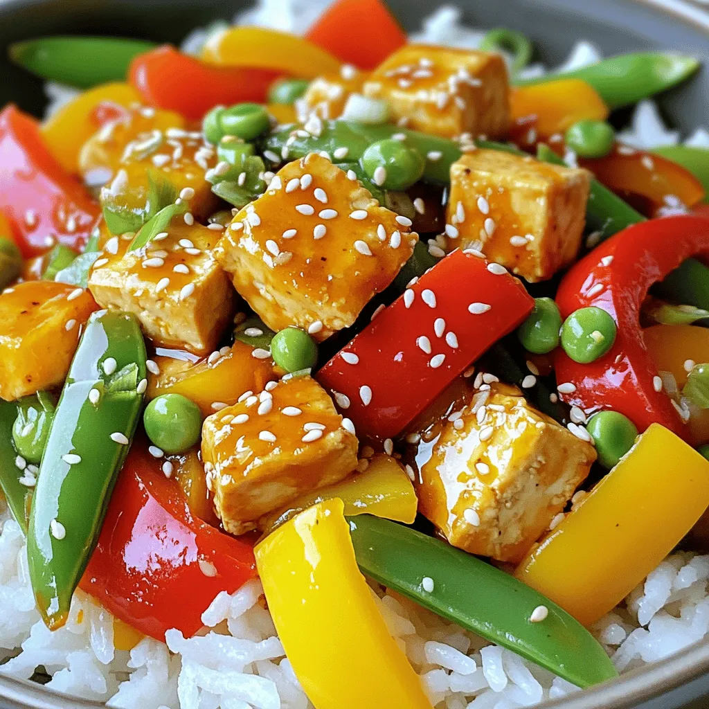 - Firm tofu - Bell peppers (red and yellow) - Snap peas - Garlic - Ginger In this recipe, firm tofu serves as the star. It absorbs flavors well and gives a nice texture. You will need two types of bell peppers: red and yellow. They add color and sweetness. Snap peas add a nice crunch. Don’t forget garlic and ginger; they bring bold flavors to the dish. - Sweet chili sauce - Soy sauce (or tamari) - Sesame oil The sauce is simple yet flavorful. Sweet chili sauce gives a sweet kick. Soy sauce or tamari adds depth. A drizzle of sesame oil enhances the aroma and richness. - Sesame seeds - Green onions - Fresh cilantro (optional) Garnishes make your dish pop! Sprinkle sesame seeds for crunch. Chopped green onions add freshness. If you love herbs, fresh cilantro is a great choice. You can find the full recipe to make this delightful dish. To start, you need to drain and press the tofu. This step is key. It removes excess water and helps the tofu crisp up. Use a clean kitchen towel to press the tofu firmly. After about 15 minutes, you can move on. Next, cut the tofu into cubes. Aim for bite-sized pieces so they cook evenly. I find a sharp knife makes this task easier. Once cut, pat the cubes with paper towels to remove any remaining moisture. Now, we’ll coat the tofu with cornstarch. Place the cubes in a bowl and sprinkle the cornstarch over them. Toss gently until all sides are coated. This step will give the tofu a nice crunch. Heat the vegetable oil in a large skillet or wok over medium-high heat. Once the oil shimmers, add the tofu cubes in a single layer. Fry them for about 4-5 minutes. Turn them occasionally so all sides turn golden brown and crispy. This adds great texture to your dish. Once crispy, transfer the tofu to a plate and set it aside. You’ll want to keep it warm while you cook the veggies. In the same skillet, add the sliced red and yellow bell peppers along with the snap peas. Stir-fry these for about 3-4 minutes. You want them to be tender but still crunchy. Their vibrant colors will make your dish pop! Next, add the minced garlic and grated ginger. Stir-fry these aromatics for about a minute. This step brings out their flavors, making your stir fry smell amazing. Now, pour in the sweet chili sauce and soy sauce. Mix well to coat the vegetables evenly. The sauce will add a sweet and spicy flavor that pairs perfectly with the tofu. Carefully return the crispy tofu to the skillet. Toss everything together gently. This allows the tofu to soak up the delicious flavors. Drizzle with sesame oil for added richness. Now you’re ready to serve! Don't forget to check out the Full Recipe for detailed instructions. Tofu's texture is key for this dish. First, drying the tofu helps it crisp up. Press the tofu to remove extra water. I like to use a clean kitchen towel for this. After pressing, cut the tofu into cubes. This gives you even cooking. Next, cornstarch is your best friend for crispy tofu. Coat the cubes in cornstarch before frying. This forms a light crust that turns golden brown. You'll love the crunch it brings to your stir fry. To boost the taste, think about adding more seasonings. A touch of garlic powder or crushed red pepper can add depth. You can also try a splash of lime juice for brightness. Don't forget fresh herbs! Chopped cilantro or basil adds a pop of flavor. Sprinkle them on just before serving for a fresh touch. Pair your stir fry with some great sides. Steamed jasmine rice or quinoa makes a perfect base. They soak up the sauce nicely and balance the meal. For a fun twist, serve the stir fry in lettuce wraps. It adds crunch and freshness. To make it eye-catching, arrange the stir fry in a colorful bowl. Garnish with extra bell pepper slices and a drizzle of sweet chili sauce. This makes your meal look as good as it tastes. For the full recipe, check the Sweet Chili Tofu Stir Fry section. {{image_4}} You can swap tofu for chicken, shrimp, or tempeh. Each option gives a new taste. If you choose chicken, cut it into bite-sized pieces. Cook it for about 6-7 minutes. Shrimp cooks quickly, needing only 3-4 minutes. For tempeh, slice it thin and cook it like tofu. Adjust cooking times based on the protein you select. This way, every stir fry can be unique and delicious. Feel free to add more veggies to your stir fry. Broccoli, carrots, and mushrooms all work well. For a pop of color, try red cabbage or zucchini. You can even use seasonal vegetables for freshness. Spring brings peas and asparagus, while fall offers squash and kale. The more veggies you add, the more nutrients you get. Plus, it makes your dish look vibrant and tasty. Making this dish gluten-free is easy. Just use tamari instead of soy sauce. If you want it vegan, check the sweet chili sauce. Some brands add honey, so read the label. You can also lower the sodium by using low-sodium soy sauce. This way, you can enjoy the flavor without the extra salt. Adjusting the recipe helps meet your dietary needs while keeping it tasty. To keep your Sweet Chili Tofu Stir Fry fresh, store it in the fridge. Use an airtight container to keep moisture in and odors out. Make sure the stir fry cools down first before sealing it up. This helps maintain the taste and texture. You can enjoy leftovers for up to three days. When reheating, aim to keep the tofu crispy. The best way to do this is on the stovetop. Heat a pan over medium heat and add a splash of water or oil. Stir gently until it’s warm. If you use a microwave, do so in short bursts. Check it often to avoid sogginess. To freeze your stir fry, divide it into portions. Place each portion in a freezer-safe bag or container. Press out as much air as you can before sealing. This prevents freezer burn. Thaw frozen stir fry in the fridge overnight. When ready to eat, reheat it on the stovetop as mentioned earlier. This way, you keep the flavors and textures intact. Enjoy your meal with ease! To add spice, try these simple tricks: - Chili flakes: Sprinkle some chili flakes on your stir fry. - Fresh chili peppers: Slice fresh chili peppers and mix them in. Both options boost heat without losing flavor. Start with small amounts. You can always add more. Yes, you can use frozen tofu! Here’s how it helps: - Texture: Freezing changes tofu’s texture. It becomes spongy and absorbs sauces well. - Flavor: Frozen tofu soaks up flavors better than fresh tofu. To use frozen tofu: 1. Thaw it completely. 2. Press it to remove extra water. 3. Cut and prepare as usual. You can make your own sweet chili sauce with these ingredients: - Honey or sugar: Mix with vinegar for sweetness. - Sriracha: Use it for heat and sweetness. Adjust the amounts to fit your taste. This way, you keep the dish tasty and fun! For a complete guide, check the Full Recipe. This blog post detailed how to make a tasty Sweet Chili Tofu Stir Fry. We covered the main ingredients like tofu, bell peppers, and snap peas. You learned how to prepare and cook tofu for a crispy texture. We also shared tips on flavoring, serving, and making variations for your needs. Remember, this dish is flexible and can fit different diets. With easy storage methods, you can enjoy leftovers too. Try this stir fry and make it your own. Enjoy your cooking adventure!