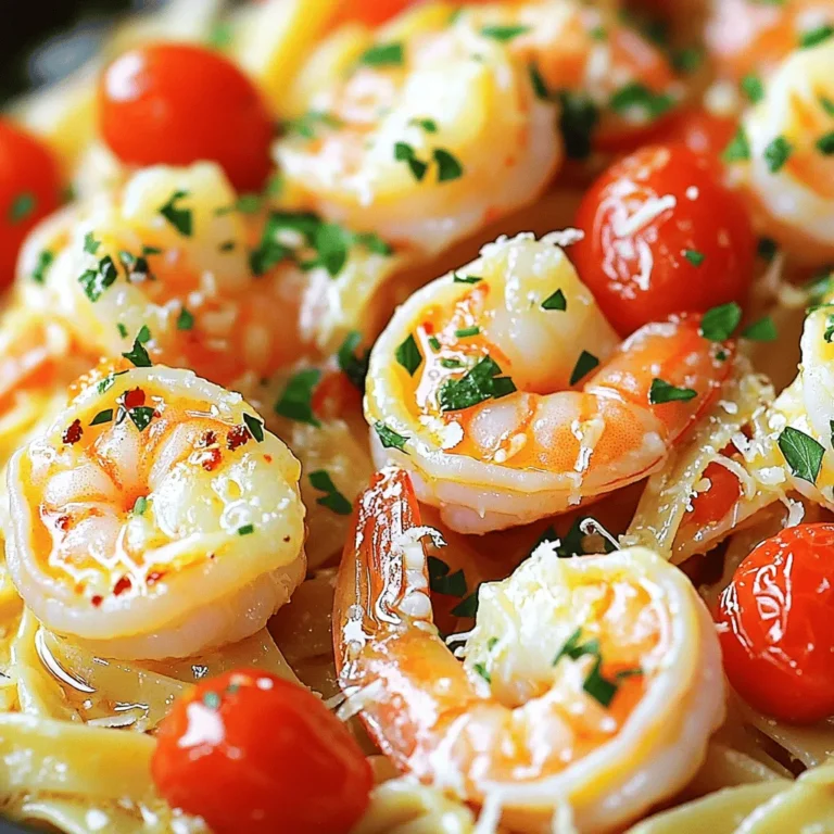 For this easy shrimp scampi, you need a few key ingredients. Here’s what to get: - 1 pound large shrimp, peeled and deveined - 4 tablespoons unsalted butter - 3 tablespoons extra virgin olive oil - 4 cloves garlic, finely minced - 1/4 teaspoon red pepper flakes - Juice and zest of 1 fresh lemon - 1 cup cherry tomatoes, halved - 8 ounces linguine or spaghetti - Salt and freshly cracked black pepper to taste - Fresh parsley, chopped (for garnishing) These ingredients come together to create a dish that bursts with fresh flavor. The shrimp is juicy, the garlic is fragrant, and the lemon adds a nice zing. If you want to take your dish to the next level, consider these optional ingredients: - Grated Parmesan cheese (for a rich touch) - Fresh basil or oregano (for added herb notes) - A splash of white wine (for depth) These additions can enhance the taste and make the dish even more special. You might not have all the ingredients at home. Here are some easy swaps: - Use shrimp of any size; just adjust cooking time. - Substitute butter with olive oil for a lighter version. - Replace cherry tomatoes with diced regular tomatoes if needed. - Use any pasta shape, like fettuccine or penne, if you prefer. These substitutions keep the dish delicious while allowing you to use what you have on hand. For the complete recipe, check out the Full Recipe section. Start by bringing a large pot of salted water to a boil. This is key for great pasta. Add 8 ounces of linguine or spaghetti to the water. Cook it according to the package directions until it’s al dente. This means it should be tender but still firm to bite. Once done, save 1 cup of the pasta water. Drain the pasta and set it aside. Make sure it doesn’t stick together. Grab a large skillet and place it over medium heat. Add 4 tablespoons of unsalted butter and 3 tablespoons of extra virgin olive oil. Let the butter melt with the oil. Then, add 4 cloves of finely minced garlic and 1/4 teaspoon of red pepper flakes. Stir this mix for about 1 minute. You want the garlic to smell nice, but don’t let it brown. Next, carefully add 1 pound of peeled and deveined shrimp. Place them in a single layer in the skillet. Let the shrimp cook for 2-3 minutes without moving them. They should start turning pink on one side. Flip them over and cook for another 1-2 minutes. When they are opaque, they are done. Season with salt and freshly cracked black pepper. Now, it’s time to add more flavor! Toss in 1 cup of halved cherry tomatoes, plus the juice and zest of 1 fresh lemon. Stir gently and let this mix simmer for about 2 minutes. The tomatoes will soften and release their juices, creating a tasty sauce. Add the cooked pasta to the skillet with the shrimp and tomato mix. Toss everything together. Gradually add the reserved pasta water, a little at a time. This will help create a light, flavorful sauce that clings to the pasta and shrimp. Make sure everything is heated through. Mix and serve your shrimp scampi hot. Garnish with chopped fresh parsley for a pop of color. If you like, add grated Parmesan cheese for extra flavor. Enjoy this quick and tasty dish! For the best shrimp scampi, choose large, fresh shrimp. They will cook evenly and taste great. Always thaw shrimp in the fridge, not at room temperature. This keeps them safe. Cook shrimp quickly over medium heat. They should turn pink and opaque when done. Be careful not to overcook them, or they will become tough. To wow your guests, serve shrimp scampi in shallow bowls. A sprinkle of fresh parsley adds color. You can also add a lemon wedge for a bright touch. A drizzle of olive oil just before serving enhances the dish. Make sure to serve it hot, right after cooking. This dish looks and tastes best when fresh. Shrimp scampi pairs well with light sides. Consider a simple green salad or garlic bread. These options balance the rich flavors of the dish. For drinks, white wine like Sauvignon Blanc complements the meal nicely. Sparkling water with lemon is a great non-alcoholic choice. These pairings make your meal more enjoyable and complete. For the full recipe, check out Zesty Shrimp Scampi Delight. {{image_4}} If you love heat, add more red pepper flakes. You can double the amount for a fiery kick. Another option is to add some diced jalapeños or a splash of hot sauce. This gives a nice depth of flavor. Just remember to start small; you can always add more spice later. For a veggie twist, replace shrimp with mushrooms or zucchini. These options soak up the sauce well. You can also use chickpeas for added protein. Just cook them in the same way as you would shrimp. This makes a hearty meal that everyone can enjoy. While linguine is classic, you can try other pasta types. Spaghetti, fettuccine, or even gluten-free pasta work great. If you want a lighter option, consider using zucchini noodles or spaghetti squash. These alternatives keep the dish fresh and fun. You can find the full recipe to guide you through these variations. To store leftover shrimp scampi, place it in an airtight container. Make sure it cools down first to keep moisture from building up. You can keep it in the fridge for up to three days. This way, you can enjoy your meal again without losing taste. When you reheat shrimp scampi, do it gently. Use a skillet over low heat. Add a splash of water or broth to keep it moist. Stir frequently to avoid overcooking the shrimp. This helps retain its juicy flavor. You can also use the microwave. Heat it in short bursts, stirring in between. This way, it warms evenly. If you want to freeze shrimp scampi, first let it cool completely. Place it in a freezer-safe container or a zip-top bag. Remove as much air as possible to avoid freezer burn. You can freeze it for up to two months. When you're ready to eat, thaw it in the fridge overnight. Reheat gently to enjoy its fresh taste again. For the full recipe, check out the Zesty Shrimp Scampi Delight. The best type of shrimp for shrimp scampi is large, raw shrimp. I prefer shrimp that are peeled and deveined. This saves time and makes cooking easier. Look for shrimp labeled "U15" or "16/20." These numbers mean there are 15 or fewer shrimp per pound. Fresh shrimp tastes best, but frozen shrimp works too. Just remember to thaw them before cooking. Yes, you can make shrimp scampi without pasta. Try serving it over zucchini noodles or rice instead. You can also enjoy it on its own as a light dish. Just cook the shrimp and sauce as usual. This way, you keep all the tasty flavors while changing up the meal. To ensure shrimp are cooked properly, watch their color and texture. Cook them until they turn pink and opaque. This usually takes about 2-5 minutes. If they curl into a C shape, they're done. Avoid overcooking, as this can make them tough. Use a meat thermometer if you're unsure. The internal temperature should be 120°F. You can find the full recipe for Zesty Shrimp Scampi Delight above. This dish is quick, easy, and packed with flavor! Shrimp scampi is easy and delicious. We covered key ingredients, simple steps, and helpful tips. Remember, you can swap ingredients for fun flavors. Don't hesitate to try our variations, too. Storing and reheating leftovers keeps your dish tasty for later. Follow our answers to common questions to perfect your scampi. Now you’re ready to impress with a zesty shrimp scampi. Enjoy every bite!