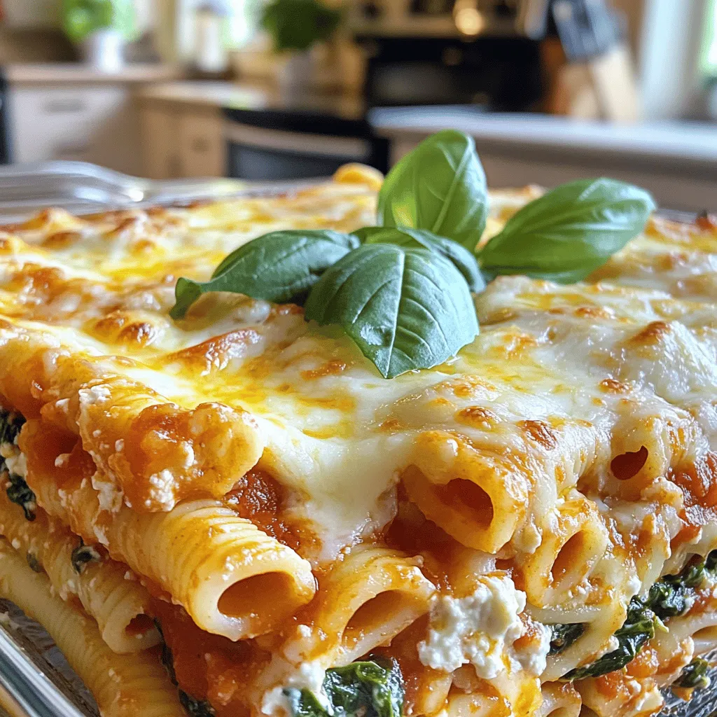 - 12 oz ziti pasta - 2 cups fresh spinach, chopped - 1 cup ricotta cheese - 2 cups mozzarella cheese, shredded - 1 cup Parmesan cheese, grated - 1 jar (24 oz) marinara sauce - 1 teaspoon garlic powder - 1 teaspoon dried oregano - Salt and pepper to taste In this recipe, I love using ziti pasta. It holds the sauce well. Fresh spinach adds great color and nutrients. Ricotta cheese gives a creamy texture. Mozzarella and Parmesan create a rich, cheesy top. Marinara sauce brings everything together with its tangy flavor. Garlic powder and oregano add warmth and depth. Salt and pepper enhance all the flavors. - 1 teaspoon red pepper flakes - Fresh basil leaves for garnish For some heat, consider adding red pepper flakes. They bring a nice kick. Fresh basil leaves make a great garnish. They add color and fresh aroma. If you want to make it more fun, you can mix and match these ingredients to suit your taste. For the full recipe, take a look at the details below. - Preheat your oven to 375°F (190°C). - Boil and cook the ziti pasta until al dente. Start by preheating your oven. This step is key to a good bake. While that heats up, grab a large pot. Fill it with salted water and bring it to a boil. Once you see bubbles, add the ziti pasta. Cook it just until al dente. This means it should be firm but not hard. After cooking, drain the pasta and set it aside to cool a bit. - Combine ricotta cheese, mozzarella, Parmesan, spinach, and seasonings. Now, let’s make the filling. Take a big mixing bowl. Add the ricotta cheese, half of the mozzarella, and half of the Parmesan. Next, toss in the chopped spinach. I like to add garlic powder, dried oregano, salt, and pepper too. Mix everything well. You want the spinach to spread evenly throughout the cheese. - Layer marinara sauce, ziti, cheese mixture, and more sauce. - Add final layers and cheese topping. Grab a large baking dish now. Spread a thin layer of marinara sauce on the bottom. This keeps the pasta from sticking. Add half of the cooked ziti over the sauce. Spoon half of the cheese mixture on top of that. Spread it out evenly. Then, add another layer of marinara sauce. Repeat this process. Finish with the last layer of ziti, followed by the rest of the cheese mixture. Top it all with more marinara sauce. Finally, sprinkle the remaining mozzarella and Parmesan on top. - Cover with aluminum foil and bake initially. - Uncover and bake until golden brown. Cover your baking dish with aluminum foil. This keeps the moisture inside. Bake it in your preheated oven for 20 minutes. After that time, carefully remove the foil. This allows the cheese to brown. Bake it for another 15 to 20 minutes. You want the cheese to melt and be bubbly. It should turn a lovely golden brown color. For the full recipe, follow along with each step to create a delicious dish. - How to cook pasta al dente: To achieve al dente pasta, boil your ziti in salted water. Follow the package instructions closely. Check the pasta a minute before the time is up. It should be firm yet tender. Remember, it will cook more in the oven. - Ensuring even distribution of ingredients: When mixing your cheese and spinach, stir well. Make sure the spinach is spread throughout. This way, every bite is packed with flavor. Layer your ingredients carefully in the baking dish. Each layer should be even for best results. - Best cheese alternatives to use: If you want to switch things up, try using gouda or fontina cheese. These cheeses melt well and add a unique taste. You can also mix in some ricotta for creaminess. - Tips for a cheesier baked ziti: For an extra cheesy dish, add more mozzarella or sprinkle on some provolone. Mixing different cheeses can enhance the flavor. Be sure to cover the top with cheese for a golden crust. - Serving ideas for a beautiful presentation: Serve the baked ziti straight from the dish. This gives a homey, inviting look. You can scoop it out onto plates or bowls for a more formal touch. - Garnish options for visual appeal: Fresh basil leaves add color and aroma. A sprinkle of grated Parmesan on top also makes it pop. You can even drizzle a bit of olive oil for a glossy finish. These small touches make your dish shine. For the full recipe, check out the detailed steps and ingredients above. {{image_4}} To make your baked ziti even more vibrant, think about adding more veggies. You can include bell peppers, zucchini, or mushrooms. These will bring color and flavor to your dish. For a meatless version, just stick to the original recipe. The ricotta and spinach provide enough protein and creaminess. You can also try mixing in some artichoke hearts or roasted eggplant for extra taste. If you want extra protein, consider adding ground meat or sausage. Ground beef, turkey, or chicken work well. For Italian flair, try sweet or spicy sausage. Each type of meat brings a different flavor to the dish. You can also use plant-based proteins like lentils or tofu for a delicious twist. For those who need gluten-free meals, there are great substitutes. You can use gluten-free pasta made from rice, corn, or quinoa. These options taste great and blend well with the sauce and cheese. Keep the cooking time in mind. Gluten-free pasta may need less time to cook. Adjust your baking time too, checking for the right texture. With these tweaks, you can enjoy baked ziti without worries. For the full recipe, check out the details above. To store leftover baked ziti, let it cool to room temperature. Then, place it in an airtight container. This keeps it fresh and prevents it from drying out. Store ziti in the fridge for up to 3 to 5 days. If you want to keep it longer, freezing is a great option. To freeze baked ziti, use a freezer-safe container. You can also wrap it tightly in plastic wrap and then aluminum foil. This helps avoid freezer burn. Baked ziti can last in the freezer for up to 3 months. To reheat, let it thaw in the fridge overnight. For best flavor and texture, reheat in the oven. You can reheat baked ziti in the microwave or oven. If using the microwave, place a portion on a microwave-safe plate. Heat it for 1 to 2 minutes, checking often. If using the oven, preheat it to 350°F (175°C). Cover the ziti with foil to keep it moist, and heat for about 20 minutes. This ensures even heating and a warm dish every time. You can use several leafy greens in place of spinach. Some great options include: - Kale: Chopped finely, it adds a nice texture. - Swiss chard: Its mild taste works well in baked ziti. - Arugula: Adds a peppery flavor. - Collard greens: A hearty option; just chop them small. These greens can give your dish a new twist while keeping it healthy. Yes, you can make baked ziti ahead of time. Here are some tips: - Prepare the dish and layer it in the baking dish. - Cover it with foil and keep it in the fridge for up to 24 hours. - When ready, bake it straight from the fridge. Add a few extra minutes to the bake time. - You can freeze baked ziti too! Just wrap it tightly in plastic wrap and foil. It lasts for up to three months. To check if your baked ziti is done, look for these signs: - The cheese should be melted and bubbly. - The top should have a nice golden-brown color. - If you insert a knife in the center, it should come out hot. These signs show that your dish is ready to enjoy! Yes, whole wheat pasta is a tasty choice. Here are some pros and cons: Pros: - Higher in fiber which is good for digestion. - More nutrients than regular pasta. Cons: - It can have a denser texture. - It cooks faster, so keep an eye on it. Using whole wheat ziti can be a healthy swap in your baked ziti with spinach. For the full recipe, check out the details above! Baked ziti with spinach is a crowd-pleaser that's easy to make. You start by cooking ziti and making a cheese mixture. Then, layer your ingredients with marinara sauce and bake until golden brown. Feel free to customize with veggies or proteins to suit your taste. Store leftovers properly and reheat for quick meals. This dish is so versatile, you'll love making it time and again. Enjoy every bite!