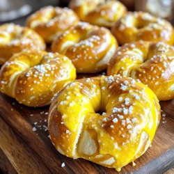 To make delicious soft pretzels, gather these key ingredients: - 2 cups warm water (between 110°F - 115°F) - 1 packet (2 1/4 teaspoons) active dry yeast - 2 tablespoons granulated sugar - 4 1/2 cups all-purpose flour - 1 teaspoon salt - 1/4 cup baking soda - 1 large egg, beaten (for egg wash) - Coarse sea salt, for sprinkling These ingredients work together to create a soft, chewy texture that is just right. The yeast helps the dough rise, while the baking soda gives the pretzels their lovely brown color. To make your pretzels even tastier, consider adding these optional flavors: - Garlic powder - Cheese powder - Everything bagel seasoning These add-ons can take your pretzels to the next level. You can mix them into the dough or sprinkle them on top before baking. Accurate measuring makes a big difference in baking. Use dry measuring cups for flour. For liquids, use a clear liquid measuring cup. If you need substitutions, here are some ideas: - Use bread flour instead of all-purpose flour for chewier pretzels. - Substitute honey or brown sugar for granulated sugar. - If you are out of baking soda, you can use baking powder, but the result will vary. These tips will help ensure your pretzels turn out great every time. For the full recipe, check out the Twisted Delight: Homemade Soft Pretzels section. Start with a large mixing bowl. Pour in 2 cups of warm water. Make sure the water is between 110°F and 115°F. Add 1 packet of active dry yeast and 2 tablespoons of granulated sugar. Stir gently. Let it sit for about 5 minutes. You want it to get foamy. This means the yeast is alive. Now, add 4 1/2 cups of all-purpose flour and 1 teaspoon of salt. Mix until a soft dough forms. Next, turn the dough onto a floured surface. Knead it for about 5 to 7 minutes. You want the dough to feel smooth and elastic. Shape it into a ball. Place it in a greased bowl. Cover with a damp cloth. Let it rise in a warm area for about 1 hour. The dough should double in size. After the dough has risen, punch it down to release air. Divide it into 8 equal pieces. Roll each piece into a long rope, about 24 inches long. Take each rope and shape it into a "U." Twist the ends together. Fold the twisted ends over the loop. This gives you the classic pretzel shape. Boil about 10 cups of water in a large pot. Once boiling, add 1/4 cup of baking soda. Be careful, as it will bubble. Drop each pretzel into the boiling water. Let them cook for 30 seconds. Use a slotted spoon to remove them. Place the pretzels on lined baking sheets. Preheat your oven to 450°F (232°C). Brush each pretzel with a beaten egg. Sprinkle coarse sea salt on top. You can also add optional seasonings like garlic powder or cheese powder. Bake the pretzels for 12 to 15 minutes. They should look golden brown. Once done, let them cool on a wire rack. Enjoy your warm homemade soft pretzels! For the full recipe, check out the recipe section above. When making soft pretzels, some common mistakes can ruin your batch. First, ensure your water is not too hot. If the water is too hot, it will kill the yeast. Use a thermometer to check that it’s between 110°F and 115°F. Next, don’t skip the kneading step. Kneading helps develop gluten, which gives pretzels their chewy texture. Lastly, avoid overcooking in the boiling step. Thirty seconds is enough; too long can make them tough. To get that perfect soft pretzel texture, focus on the dough. Make sure to knead until it’s smooth and elastic. This usually takes about 5-7 minutes. After kneading, let the dough rise in a warm spot. A good rise doubles the dough in size. This step is key for a light, airy pretzel. When shaping, don’t make the ropes too thick. Thinner ropes cook better and create that delightful chew. Applying the egg wash gives your pretzels a nice shine. Use a pastry brush to coat the pretzels evenly. Make sure to do this right before baking. The egg wash helps the salt stick, too. If you want to add extra flavor, mix in a pinch of garlic powder or cheese powder in the egg wash before applying. This adds a tasty twist to your pretzels! For the full recipe, check the details above. {{image_4}} You can make your soft pretzels even more fun with flavors. For cheesy pretzels, add cheese powder to the dough. It gives a rich taste. For garlic lovers, mix in garlic powder before baking. Sweet pretzels are great too! Just sprinkle cinnamon sugar on top after baking. Each flavor adds its own twist. Shaping pretzels can be a fun adventure! You can try different styles. Instead of the classic twist, shape them into hearts or sticks. To make pretzel bites, cut the dough into smaller pieces. Roll them into balls. Each shape gives a new look and taste. Experimenting with shapes keeps things exciting! Dipping sauces make pretzels even better. Mustard is a classic choice. It adds a nice kick. Cheese sauce is creamy and delicious. For something different, try marinara sauce. It gives a fresh, tangy flavor. You can even mix and match sauces for a fun tasting experience. The right dip can elevate your pretzel game! For the full recipe, check out the Twisted Delight: Homemade Soft Pretzels section. Enjoy making your snacks! To keep your soft pretzels fresh, store them in a paper bag. This helps them breathe and stay soft. If you want to keep them longer, use an airtight container. Make sure they are completely cool before sealing. Avoid storing them in the fridge; it can make them tough. To enjoy your pretzels again, reheat them in the oven. Preheat the oven to 350°F (175°C). Place the pretzels on a baking sheet and heat for about 5-7 minutes. This will make them warm and soft again. You can also use a microwave, but be careful. Heat each pretzel for about 15-20 seconds. This can make them chewy. If you want to save pretzels for later, freeze them. Wrap each pretzel in plastic wrap, then place them in a freezer bag. They can last up to three months this way. When you're ready to eat them, thaw in the fridge overnight. Reheat in the oven or microwave as mentioned above. This keeps them tasty and fresh! Yes, you can make pretzel dough ahead. After you knead it, cover it well and store it in the fridge. It can last up to 24 hours. When ready to use, take it out and let it come to room temperature before shaping. This helps keep the dough fresh and easy to handle. If your dough does not rise, check the yeast. It may be old or inactive. Warm water is also key; it should be between 110°F to 115°F. If all else fails, try letting it sit in a warmer spot. Sometimes, patience is all you need! To make gluten-free soft pretzels, use a gluten-free flour blend. Look for blends that contain xanthan gum. Replace regular flour with the same amount of gluten-free flour in the recipe. Follow the cooking steps the same way, and you’ll enjoy a tasty treat! Serve your homemade soft pretzels warm. They taste great with dips. Try mustard, cheese sauce, or marinara. For a fun twist, offer a variety of toppings. You can even enjoy them plain. The choice is yours! For the full recipe, check out the recipe section above. You learned how to make delicious soft pretzels from start to finish. We covered essential ingredients, step-by-step instructions, and cooking tips. You now know how to avoid common mistakes and explore fun variations. Remember, practice makes perfect when shaping and baking. Enjoy your pretzel-making journey, and don't hesitate to experiment with flavors and dips. With these tips, you can serve up warm, tasty pretzels any time. Get ready to impress your friends and family with your new skills!