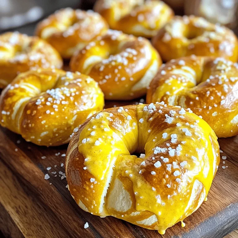 To make delicious soft pretzels, gather these key ingredients: - 2 cups warm water (between 110°F - 115°F) - 1 packet (2 1/4 teaspoons) active dry yeast - 2 tablespoons granulated sugar - 4 1/2 cups all-purpose flour - 1 teaspoon salt - 1/4 cup baking soda - 1 large egg, beaten (for egg wash) - Coarse sea salt, for sprinkling These ingredients work together to create a soft, chewy texture that is just right. The yeast helps the dough rise, while the baking soda gives the pretzels their lovely brown color. To make your pretzels even tastier, consider adding these optional flavors: - Garlic powder - Cheese powder - Everything bagel seasoning These add-ons can take your pretzels to the next level. You can mix them into the dough or sprinkle them on top before baking. Accurate measuring makes a big difference in baking. Use dry measuring cups for flour. For liquids, use a clear liquid measuring cup. If you need substitutions, here are some ideas: - Use bread flour instead of all-purpose flour for chewier pretzels. - Substitute honey or brown sugar for granulated sugar. - If you are out of baking soda, you can use baking powder, but the result will vary. These tips will help ensure your pretzels turn out great every time. For the full recipe, check out the Twisted Delight: Homemade Soft Pretzels section. Start with a large mixing bowl. Pour in 2 cups of warm water. Make sure the water is between 110°F and 115°F. Add 1 packet of active dry yeast and 2 tablespoons of granulated sugar. Stir gently. Let it sit for about 5 minutes. You want it to get foamy. This means the yeast is alive. Now, add 4 1/2 cups of all-purpose flour and 1 teaspoon of salt. Mix until a soft dough forms. Next, turn the dough onto a floured surface. Knead it for about 5 to 7 minutes. You want the dough to feel smooth and elastic. Shape it into a ball. Place it in a greased bowl. Cover with a damp cloth. Let it rise in a warm area for about 1 hour. The dough should double in size. After the dough has risen, punch it down to release air. Divide it into 8 equal pieces. Roll each piece into a long rope, about 24 inches long. Take each rope and shape it into a "U." Twist the ends together. Fold the twisted ends over the loop. This gives you the classic pretzel shape. Boil about 10 cups of water in a large pot. Once boiling, add 1/4 cup of baking soda. Be careful, as it will bubble. Drop each pretzel into the boiling water. Let them cook for 30 seconds. Use a slotted spoon to remove them. Place the pretzels on lined baking sheets. Preheat your oven to 450°F (232°C). Brush each pretzel with a beaten egg. Sprinkle coarse sea salt on top. You can also add optional seasonings like garlic powder or cheese powder. Bake the pretzels for 12 to 15 minutes. They should look golden brown. Once done, let them cool on a wire rack. Enjoy your warm homemade soft pretzels! For the full recipe, check out the recipe section above. When making soft pretzels, some common mistakes can ruin your batch. First, ensure your water is not too hot. If the water is too hot, it will kill the yeast. Use a thermometer to check that it’s between 110°F and 115°F. Next, don’t skip the kneading step. Kneading helps develop gluten, which gives pretzels their chewy texture. Lastly, avoid overcooking in the boiling step. Thirty seconds is enough; too long can make them tough. To get that perfect soft pretzel texture, focus on the dough. Make sure to knead until it’s smooth and elastic. This usually takes about 5-7 minutes. After kneading, let the dough rise in a warm spot. A good rise doubles the dough in size. This step is key for a light, airy pretzel. When shaping, don’t make the ropes too thick. Thinner ropes cook better and create that delightful chew. Applying the egg wash gives your pretzels a nice shine. Use a pastry brush to coat the pretzels evenly. Make sure to do this right before baking. The egg wash helps the salt stick, too. If you want to add extra flavor, mix in a pinch of garlic powder or cheese powder in the egg wash before applying. This adds a tasty twist to your pretzels! For the full recipe, check the details above. {{image_4}} You can make your soft pretzels even more fun with flavors. For cheesy pretzels, add cheese powder to the dough. It gives a rich taste. For garlic lovers, mix in garlic powder before baking. Sweet pretzels are great too! Just sprinkle cinnamon sugar on top after baking. Each flavor adds its own twist. Shaping pretzels can be a fun adventure! You can try different styles. Instead of the classic twist, shape them into hearts or sticks. To make pretzel bites, cut the dough into smaller pieces. Roll them into balls. Each shape gives a new look and taste. Experimenting with shapes keeps things exciting! Dipping sauces make pretzels even better. Mustard is a classic choice. It adds a nice kick. Cheese sauce is creamy and delicious. For something different, try marinara sauce. It gives a fresh, tangy flavor. You can even mix and match sauces for a fun tasting experience. The right dip can elevate your pretzel game! For the full recipe, check out the Twisted Delight: Homemade Soft Pretzels section. Enjoy making your snacks! To keep your soft pretzels fresh, store them in a paper bag. This helps them breathe and stay soft. If you want to keep them longer, use an airtight container. Make sure they are completely cool before sealing. Avoid storing them in the fridge; it can make them tough. To enjoy your pretzels again, reheat them in the oven. Preheat the oven to 350°F (175°C). Place the pretzels on a baking sheet and heat for about 5-7 minutes. This will make them warm and soft again. You can also use a microwave, but be careful. Heat each pretzel for about 15-20 seconds. This can make them chewy. If you want to save pretzels for later, freeze them. Wrap each pretzel in plastic wrap, then place them in a freezer bag. They can last up to three months this way. When you're ready to eat them, thaw in the fridge overnight. Reheat in the oven or microwave as mentioned above. This keeps them tasty and fresh! Yes, you can make pretzel dough ahead. After you knead it, cover it well and store it in the fridge. It can last up to 24 hours. When ready to use, take it out and let it come to room temperature before shaping. This helps keep the dough fresh and easy to handle. If your dough does not rise, check the yeast. It may be old or inactive. Warm water is also key; it should be between 110°F to 115°F. If all else fails, try letting it sit in a warmer spot. Sometimes, patience is all you need! To make gluten-free soft pretzels, use a gluten-free flour blend. Look for blends that contain xanthan gum. Replace regular flour with the same amount of gluten-free flour in the recipe. Follow the cooking steps the same way, and you’ll enjoy a tasty treat! Serve your homemade soft pretzels warm. They taste great with dips. Try mustard, cheese sauce, or marinara. For a fun twist, offer a variety of toppings. You can even enjoy them plain. The choice is yours! For the full recipe, check out the recipe section above. You learned how to make delicious soft pretzels from start to finish. We covered essential ingredients, step-by-step instructions, and cooking tips. You now know how to avoid common mistakes and explore fun variations. Remember, practice makes perfect when shaping and baking. Enjoy your pretzel-making journey, and don't hesitate to experiment with flavors and dips. With these tips, you can serve up warm, tasty pretzels any time. Get ready to impress your friends and family with your new skills!