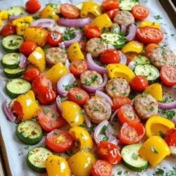 - 1 pound Italian chicken sausage, sliced into bite-sized pieces - Assorted vegetables: - 1 red bell pepper, sliced into strips - 1 yellow bell pepper, sliced into strips - 1 medium zucchini, sliced into half-moons - 1 large red onion, cut into wedges - 1 cup cherry tomatoes, halved - 3 tablespoons extra virgin olive oil - 1 teaspoon garlic powder - 1 teaspoon dried oregano - 1 teaspoon smoked paprika - Sea salt and freshly cracked pepper, to taste - Fresh parsley, chopped for a pop of color When I make Sheet Pan Sausage and Veggies, I focus on fresh, colorful ingredients. The Italian chicken sausage gives a great flavor. The veggies add color and crunch. I like to use bell peppers, zucchini, red onion, and cherry tomatoes. This mix brings a tasty balance to the dish. I choose olive oil for its rich taste. Garlic powder, oregano, and smoked paprika add depth. These seasonings make each bite exciting. I always season with sea salt and freshly cracked pepper to enhance the flavors. For a finishing touch, I sprinkle fresh parsley on top. It adds a lovely color and fresh taste. You can find the Full Recipe to guide you through the steps! First, you need to preheat your oven to 400°F (200°C). This step is key for even cooking. While the oven heats up, line a large baking sheet with parchment paper. This makes cleanup quick and easy. Next, grab a big mixing bowl. Add the sliced Italian chicken sausage along with the red and yellow bell peppers, zucchini, red onion, and cherry tomatoes. Drizzle three tablespoons of extra virgin olive oil over the mix. Sprinkle in the garlic powder, dried oregano, smoked paprika, sea salt, and freshly cracked pepper. Use your hands or a spatula to toss all the ingredients well. Make sure everything gets coated evenly with oil and seasoning. Now, it’s time to transfer the mixture to your lined baking sheet. Spread the sausage and veggies out in a single layer. This helps them roast nicely. Place the baking sheet in your preheated oven. Bake for 25 to 30 minutes. Halfway through, give it a good stir. You’ll know it’s ready when the sausage is fully cooked and the veggies are tender with a nice caramelization. Once out of the oven, finish off with some freshly chopped parsley for color and flavor. Serve hot and enjoy your vibrant dish! For the complete cooking details, check the Full Recipe. To get perfect results, spread the sausage and veggies in a single layer. This allows hot air to flow around each piece. If they are too close, some may cook faster than others. This step helps avoid soggy veggies or unevenly cooked sausage. Want to kick up the flavor? Consider adding a splash of balsamic vinegar or a sprinkle of red pepper flakes. You can also try fresh herbs like thyme or rosemary. These additions give your dish a new twist and can match your taste. Experimenting with different spices can also lead to exciting flavors. For a beautiful meal, serve directly from the baking sheet for a rustic look. Or, transfer the sausage and veggies to a large platter. A drizzle of balsamic glaze or a squeeze of lemon juice adds a touch of elegance. Garnishing with fresh parsley gives your dish a pop of color. This makes it more appealing and fun to eat. {{image_4}} You can switch up the protein in this dish. If you prefer turkey sausage, that works well. It has a lighter taste but still packs great flavor. For a vegetarian option, try plant-based sausage. Many brands offer tasty meat alternatives. Each option will bring a unique twist to your meal. Feel free to play with different veggies. Seasonal vegetables shine in this recipe. In spring, use asparagus or snap peas. In fall, try butternut squash or Brussels sprouts. Each vegetable adds its own flavor and texture. Just remember to cut them into even pieces for even cooking. You can also change the seasoning for new flavors. For a spicy kick, add red pepper flakes or cayenne. For an Italian twist, mix in some Italian herbs like basil and thyme. Want a sweet touch? A sprinkle of cinnamon can add warmth. Play around with spices to find your perfect blend. For the full recipe, check out the details provided earlier. To store leftovers, let the dish cool first. Place it in an airtight container. You can keep it in the fridge for up to three days. Make sure to label the container with the date. This will help you remember when to eat it. When you’re ready to enjoy it again, just reheat what you want. If you want to freeze the dish, cool it completely. Then, transfer it to a freezer-safe container. It’s best to use a vacuum-sealed bag for long-term storage. This prevents freezer burn. You can freeze the meal for up to three months. To reheat, thaw it in the fridge overnight. Warm it in the oven or microwave until hot. When stored properly, the dish stays fresh for up to three days in the fridge. If frozen, it remains good for about three months. Always check for any off smells or changes in texture before eating. Keeping track of these timeframes helps you enjoy the meal at its best. For the full recipe, refer back to the cooking instructions above. Yes, you can prepare this dish ahead of time. It’s great for meal prep. Chop the veggies and slice the sausage. Store them in the fridge for up to two days. When ready to cook, mix everything together and bake. This will save you time during busy weeknights. For this recipe, you can use many different veggies. I recommend: - Bell peppers (red and yellow) - Zucchini - Red onion - Cherry tomatoes Other good choices include broccoli, carrots, or asparagus. Just make sure to cut them into similar sizes. This helps them cook evenly. To check if the sausage is cooked, look for these signs: - Sausage should be browned on the outside. - Cut one piece in half. The inside should no longer be pink. - If you have a meat thermometer, it should read 165°F (74°C). Always follow safe cooking practices to keep your meal healthy. Enjoy your tasty dish! For more details, check the Full Recipe. This blog post covered a simple and tasty recipe using Italian chicken sausage and fresh veggies. You learned how to prepare, bake, and store this dish easily. Remember, using fresh ingredients makes a big difference. Feel free to swap proteins or veggies based on what you like. Follow the tips for even cooking and great flavor. You can make it your own with different spices. Enjoy this meal, and know it’s perfect for any day of the week!