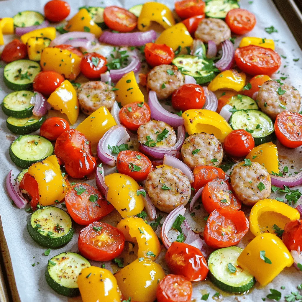 - 1 pound Italian chicken sausage, sliced into bite-sized pieces - Assorted vegetables: - 1 red bell pepper, sliced into strips - 1 yellow bell pepper, sliced into strips - 1 medium zucchini, sliced into half-moons - 1 large red onion, cut into wedges - 1 cup cherry tomatoes, halved - 3 tablespoons extra virgin olive oil - 1 teaspoon garlic powder - 1 teaspoon dried oregano - 1 teaspoon smoked paprika - Sea salt and freshly cracked pepper, to taste - Fresh parsley, chopped for a pop of color When I make Sheet Pan Sausage and Veggies, I focus on fresh, colorful ingredients. The Italian chicken sausage gives a great flavor. The veggies add color and crunch. I like to use bell peppers, zucchini, red onion, and cherry tomatoes. This mix brings a tasty balance to the dish. I choose olive oil for its rich taste. Garlic powder, oregano, and smoked paprika add depth. These seasonings make each bite exciting. I always season with sea salt and freshly cracked pepper to enhance the flavors. For a finishing touch, I sprinkle fresh parsley on top. It adds a lovely color and fresh taste. You can find the Full Recipe to guide you through the steps! First, you need to preheat your oven to 400°F (200°C). This step is key for even cooking. While the oven heats up, line a large baking sheet with parchment paper. This makes cleanup quick and easy. Next, grab a big mixing bowl. Add the sliced Italian chicken sausage along with the red and yellow bell peppers, zucchini, red onion, and cherry tomatoes. Drizzle three tablespoons of extra virgin olive oil over the mix. Sprinkle in the garlic powder, dried oregano, smoked paprika, sea salt, and freshly cracked pepper. Use your hands or a spatula to toss all the ingredients well. Make sure everything gets coated evenly with oil and seasoning. Now, it’s time to transfer the mixture to your lined baking sheet. Spread the sausage and veggies out in a single layer. This helps them roast nicely. Place the baking sheet in your preheated oven. Bake for 25 to 30 minutes. Halfway through, give it a good stir. You’ll know it’s ready when the sausage is fully cooked and the veggies are tender with a nice caramelization. Once out of the oven, finish off with some freshly chopped parsley for color and flavor. Serve hot and enjoy your vibrant dish! For the complete cooking details, check the Full Recipe. To get perfect results, spread the sausage and veggies in a single layer. This allows hot air to flow around each piece. If they are too close, some may cook faster than others. This step helps avoid soggy veggies or unevenly cooked sausage. Want to kick up the flavor? Consider adding a splash of balsamic vinegar or a sprinkle of red pepper flakes. You can also try fresh herbs like thyme or rosemary. These additions give your dish a new twist and can match your taste. Experimenting with different spices can also lead to exciting flavors. For a beautiful meal, serve directly from the baking sheet for a rustic look. Or, transfer the sausage and veggies to a large platter. A drizzle of balsamic glaze or a squeeze of lemon juice adds a touch of elegance. Garnishing with fresh parsley gives your dish a pop of color. This makes it more appealing and fun to eat. {{image_4}} You can switch up the protein in this dish. If you prefer turkey sausage, that works well. It has a lighter taste but still packs great flavor. For a vegetarian option, try plant-based sausage. Many brands offer tasty meat alternatives. Each option will bring a unique twist to your meal. Feel free to play with different veggies. Seasonal vegetables shine in this recipe. In spring, use asparagus or snap peas. In fall, try butternut squash or Brussels sprouts. Each vegetable adds its own flavor and texture. Just remember to cut them into even pieces for even cooking. You can also change the seasoning for new flavors. For a spicy kick, add red pepper flakes or cayenne. For an Italian twist, mix in some Italian herbs like basil and thyme. Want a sweet touch? A sprinkle of cinnamon can add warmth. Play around with spices to find your perfect blend. For the full recipe, check out the details provided earlier. To store leftovers, let the dish cool first. Place it in an airtight container. You can keep it in the fridge for up to three days. Make sure to label the container with the date. This will help you remember when to eat it. When you’re ready to enjoy it again, just reheat what you want. If you want to freeze the dish, cool it completely. Then, transfer it to a freezer-safe container. It’s best to use a vacuum-sealed bag for long-term storage. This prevents freezer burn. You can freeze the meal for up to three months. To reheat, thaw it in the fridge overnight. Warm it in the oven or microwave until hot. When stored properly, the dish stays fresh for up to three days in the fridge. If frozen, it remains good for about three months. Always check for any off smells or changes in texture before eating. Keeping track of these timeframes helps you enjoy the meal at its best. For the full recipe, refer back to the cooking instructions above. Yes, you can prepare this dish ahead of time. It’s great for meal prep. Chop the veggies and slice the sausage. Store them in the fridge for up to two days. When ready to cook, mix everything together and bake. This will save you time during busy weeknights. For this recipe, you can use many different veggies. I recommend: - Bell peppers (red and yellow) - Zucchini - Red onion - Cherry tomatoes Other good choices include broccoli, carrots, or asparagus. Just make sure to cut them into similar sizes. This helps them cook evenly. To check if the sausage is cooked, look for these signs: - Sausage should be browned on the outside. - Cut one piece in half. The inside should no longer be pink. - If you have a meat thermometer, it should read 165°F (74°C). Always follow safe cooking practices to keep your meal healthy. Enjoy your tasty dish! For more details, check the Full Recipe. This blog post covered a simple and tasty recipe using Italian chicken sausage and fresh veggies. You learned how to prepare, bake, and store this dish easily. Remember, using fresh ingredients makes a big difference. Feel free to swap proteins or veggies based on what you like. Follow the tips for even cooking and great flavor. You can make it your own with different spices. Enjoy this meal, and know it’s perfect for any day of the week!