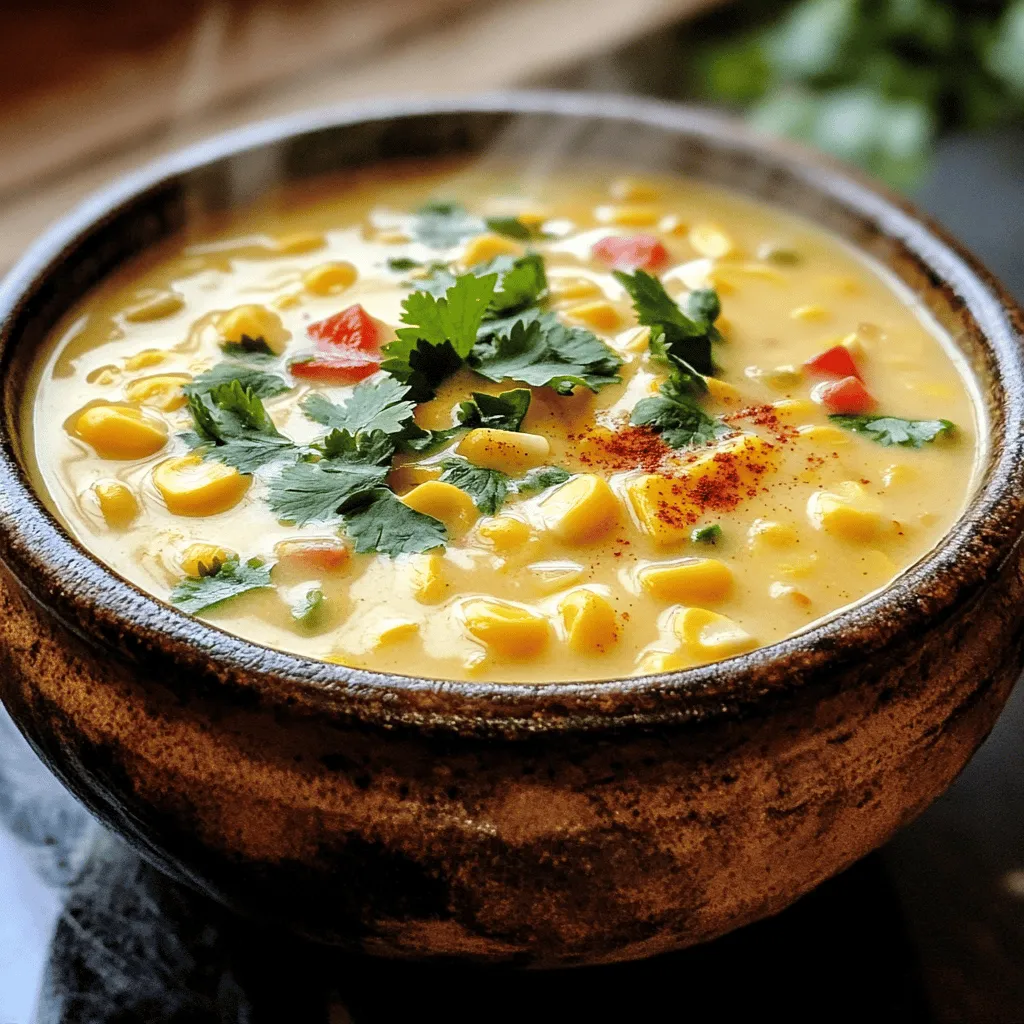 To make the perfect creamy corn chowder, gather these fresh ingredients: - 4 cups fresh corn kernels (or 2 cans of sweet corn, drained and rinsed) - 1 medium onion, finely diced - 2 cloves garlic, minced - 2 medium potatoes, peeled and cut into small cubes - 1 red bell pepper, diced - 1 jalapeño pepper, seeded and minced (adjust to taste) - 4 cups vegetable broth - 1 cup heavy cream (or substitute with coconut cream for a dairy-free version) - 2 tablespoons olive oil - 1 teaspoon smoked paprika - Salt and freshly ground black pepper to taste - Fresh cilantro or parsley, chopped for garnish - Corn: Fresh corn gives great flavor. If using canned corn, choose a brand with no added sugar. - Potatoes: Use starchy potatoes like Yukon Gold for a creamy texture. - Broth: Vegetable broth adds depth. You can also use chicken broth for more flavor. - Cream: Heavy cream makes it rich. For a lighter option, use half-and-half or coconut cream. - Spices: Smoked paprika adds warmth. You can also try cayenne for heat. Feel free to mix it up! Here are some ideas: - Protein: Add cooked chicken or bacon for a heartier chowder. - Vegetables: Throw in carrots or celery for added color and crunch. - Herbs: Try thyme or rosemary for an extra flavor boost. - Garnishes: Top with crispy bacon bits or a swirl of sour cream for a fun twist. Check out the Full Recipe to enjoy a delicious bowl of chowder today! To make creamy corn chowder, start by gathering your ingredients. You'll need corn, onion, garlic, potatoes, bell pepper, jalapeño, vegetable broth, cream, olive oil, smoked paprika, salt, and pepper. 1. Heat 2 tablespoons of olive oil in a large pot over medium heat. 2. Add 1 finely diced onion and sauté for about 5 minutes. Wait until the onion is soft and clear. 3. Next, mix in 2 minced cloves of garlic, 1 diced red bell pepper, and 1 minced jalapeño. Cook for 2 more minutes until it smells good. 4. Add 2 small cubed potatoes and 1 teaspoon of smoked paprika. Stir well to coat the veggies. 5. Pour in 4 cups of vegetable broth and raise the heat. Bring it to a boil. 6. Once boiling, lower the heat and let it simmer for 15 to 20 minutes. The potatoes should be tender. 7. Stir in 4 cups of fresh corn kernels and simmer for another 5 minutes. 8. For a creamy texture, use an immersion blender. Blend part of the chowder right in the pot. If you don’t have one, pour half into a blender, blend it, and return it to the pot. 9. Add 1 cup of heavy cream, or coconut cream for a dairy-free option. Season with salt and pepper. Warm it gently without boiling. 10. Serve in bowls and top with chopped cilantro or parsley. To make your chowder taste great, use fresh corn when possible. Fresh corn brings a sweet flavor. The smoked paprika adds a nice depth. Make sure to sauté the onion and garlic well. This step builds a solid base for your chowder. You’ll need a large pot for cooking the chowder. An immersion blender is helpful for a smooth texture. If you don’t have one, a standard blender works too. A cutting board and knife are essential for chopping your veggies. For a complete recipe, check out the Full Recipe. To make your chowder burst with flavor, use fresh corn. Fresh corn gives a sweet taste that canned corn can't match. You can also add herbs like thyme or rosemary for depth. A squeeze of lime juice before serving brightens the dish. Don't forget to season well with salt and pepper; it makes a big difference! One common mistake is cooking the chowder too fast. If you boil it, you risk losing flavors. Always simmer gently. Another mistake is not properly seasoning. Taste as you cook and adjust. Lastly, don't forget to use fresh ingredients. They really enhance the taste of your chowder. If you want a thicker chowder, there are easy ways to do it. You can mash a few potato cubes with a fork. This adds body without altering the flavor. Another method is to add a cornstarch slurry. Mix one tablespoon of cornstarch with cold water, then stir it in. Let it simmer until thickened. You can also puree part of the chowder for a creamy texture. For the full recipe, check out the Sweet & Spicy Creamy Corn Chowder section. {{image_4}} When you make creamy corn chowder, the type of corn matters. Fresh corn gives a sweet and bright taste. You can use it straight from the cob when it's in season. If fresh corn is hard to find, canned corn works well too. Just drain and rinse the corn to reduce extra sodium. Both options have their charms, and you can choose based on what you have. If you want a dairy-free chowder, you have options. Instead of heavy cream, use coconut cream. It adds a rich texture and a hint of sweetness. Almond milk or oat milk can also work, but they may change the chowder's creaminess. Adjust the seasoning to balance the flavors. You can still enjoy a delicious chowder without dairy. For those who like a kick, add spices! A jalapeño gives heat, but you can also use cayenne pepper. For a sweeter touch, try adding diced bell peppers or a splash of maple syrup. Both flavors mix well with corn. You can play with spice and sweetness to create your perfect bowl of chowder. Remember, it’s all about what you enjoy! Check out the Full Recipe for more ideas. To store leftover chowder, let it cool to room temperature. Pour it into an airtight container. Seal the container tightly. Keep it in the fridge for up to three days. If you want to save it longer, freezing is a great option. When reheating your chowder, do it gently. Pour the chowder into a pot and heat it over low to medium heat. Stir often to prevent sticking. If the chowder seems too thick, add a little water or broth. This keeps it creamy and delicious. To freeze chowder, use a freezer-safe container. Leave some space at the top for expansion. It can last for about three months in the freezer. When ready to eat, thaw it overnight in the fridge. Reheat it slowly as I mentioned earlier. This helps keep the flavors fresh and tasty. You can find the full recipe for this chowder right here. The best corn for chowder is fresh corn kernels. They add sweetness and texture. You can use canned corn if fresh is not available. Just make sure to drain and rinse it well. Sweet corn brings the best flavor, but any corn will work. I often choose a mix of yellow and white corn for color and taste. Yes, you can make this chowder ahead of time. It tastes even better the next day. Just let it cool and store it in an airtight container. Keep it in the fridge for up to three days. When ready to eat, simply reheat it on the stove. If it thickens too much, add a splash of broth or cream to thin it out. You can adjust the spice level easily. If you like it mild, skip the jalapeño. For more heat, add a bigger jalapeño or even a serrano pepper. You can also add a pinch of cayenne pepper for a kick. Taste as you go, and find the right balance for your palate. Enjoy experimenting with different spices to make it just right for you. In this post, we covered how to make the perfect chowder. We reviewed key ingredients, including optional ones for your taste. I shared step-by-step cooking tips and techniques that boost flavor. You also learned common mistakes to avoid and how to customize your chowder. Finally, we discussed storage tips for leftovers and answers to your questions. Chowder can be simple or unique. Follow these steps to create a dish you love. Enjoy your cooking journey!