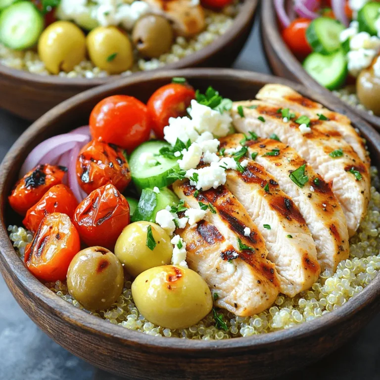 - 2 boneless, skinless chicken breasts - 2 tablespoons high-quality olive oil - 2 teaspoons dried oregano - 1 teaspoon garlic powder - Sea salt and freshly cracked black pepper, to taste - 1 cup quinoa, thoroughly rinsed - 2 cups low-sodium vegetable broth The chicken is the star. I use boneless, skinless chicken breasts for lean protein. Olive oil adds richness and helps the spices stick. Dried oregano and garlic powder give it a nice Mediterranean flavor. Season with sea salt and black pepper to taste. Quinoa serves as a great base. It packs protein and fiber. Cooking it in vegetable broth boosts the flavor. - 1 cup cherry tomatoes, halved - 1 medium cucumber, diced - 1 cup Kalamata olives, pitted and sliced - 1/2 medium red onion, thinly sliced Fresh veggies add crunch and color. I love using cherry tomatoes for their sweetness. Diced cucumber keeps things cool and refreshing. Kalamata olives bring a briny touch. Sliced red onion adds a bit of bite. These ingredients brighten up the bowl and make it more colorful. - 1 cup feta cheese, crumbled - 1/4 cup fresh parsley, finely chopped - Juice of 1 medium lemon Feta cheese adds a creamy texture and saltiness. I sprinkle it over the top for extra flavor. Parsley gives a fresh touch and pretty color. The lemon juice ties everything together with a zesty kick. It brightens the meal and enhances the flavors. This mix of ingredients creates a healthy, balanced meal. You can find the full recipe here: [Full Recipe]. First, you need to marinate the chicken. In a bowl, mix 2 tablespoons of olive oil, 2 teaspoons of dried oregano, 1 teaspoon of garlic powder, sea salt, and fresh black pepper. This mix gives the chicken a great flavor. Brush the chicken breasts with this mixture. Let them marinate for about 15 minutes. This helps the chicken soak up the spices. Now, heat your grill or grill pan to medium. Once hot, place the marinated chicken on the grill. Grill each side for 6 to 7 minutes. You want the chicken to be cooked through and juicy. When done, move the chicken to a cutting board. Let it rest for a few minutes, then slice it into thin strips. While your chicken is marinating, you can start cooking the quinoa. First, rinse 1 cup of quinoa under cold water. This step removes any bitterness. In a medium saucepan, bring 2 cups of low-sodium vegetable broth to a boil. Add the rinsed quinoa to the boiling broth. Reduce the heat to low and cover the pot. Let it simmer for about 15 minutes. After the quinoa absorbs the broth, take it off the heat. Use a fork to fluff the quinoa gently. This makes it light and airy, perfect for your bowls. Now comes the fun part—assembling your bowls! Start by adding a generous scoop of fluffy quinoa to the bottom of each bowl. Next, layer the sliced grilled chicken on top of the quinoa. Then, add your colorful toppings: halved cherry tomatoes, diced cucumber, sliced Kalamata olives, and thinly sliced red onion. Crumble some feta cheese over the top for a creamy touch. To add a fresh burst of flavor, sprinkle chopped parsley on each bowl. Finish with a drizzle of lemon juice. This step brightens all the flavors. Enjoy your beautiful and healthy Greek chicken bowls! For more details, check out the Full Recipe. To grill chicken perfectly, start with a hot grill. Preheat your grill or grill pan over medium heat. This helps to sear the chicken well. Brush the chicken with olive oil and spices for flavor. Grill each side for about 6 to 7 minutes, until cooked through. You want the juices to run clear. Let the chicken rest before slicing. This keeps the juices locked in. For fluffy quinoa, rinse it well before cooking. This removes excess starch. Use two cups of low-sodium vegetable broth for flavor. Bring the broth to a boil and then add the quinoa. Once it boils, reduce the heat and cover it. Let it simmer for about 15 minutes. After cooking, fluff the quinoa with a fork to keep it light and airy. When plating, use a large bowl for a beautiful look. Start with a base of fluffy quinoa. Layer the grilled chicken on top of the quinoa. Next, add colorful veggies like cherry tomatoes, cucumbers, and red onions. Sprinkle crumbled feta cheese on top for a creamy touch. For a pop of color, add fresh parsley. You can serve each bowl with extra garnishes. Lemon wedges allow guests to add a zesty kick. Toasted pine nuts or walnuts add a nice crunch and flavor. These small touches make your meal look and taste gourmet. Prep the chicken and quinoa ahead of time. You can marinate the chicken the night before. Grill it in the morning for a quick lunch. Cook quinoa in larger batches and store it in the fridge. This way, you can grab it whenever you need it. Store ingredients in separate containers for easy assembly. Use airtight containers to keep veggies fresh. Assemble the bowls right before serving. This keeps everything crisp and tasty. Enjoy the convenience of a healthy meal ready in minutes. For the full recipe, check out Greek Chicken Delight Bowls 🥗. {{image_4}} You can swap chicken for other meats like turkey or pork. If you want a plant-based dish, try chickpeas or tofu. Both options are tasty and fill your bowls with protein. For the quinoa, you can use brown rice or farro. These grains add unique flavors and textures. Spices can change the taste of your Greek chicken bowls. Add smoked paprika for a smoky kick or cumin for warmth. Fresh herbs like dill or mint can brighten the dish. You can also add spinach, bell peppers, or roasted zucchini for extra veggies. These options boost flavor and nutrition. Homemade dressings can elevate your meal. A simple lemon and olive oil dressing is fresh and zesty. You could mix yogurt with garlic and lemon for a creamy touch. If you prefer store-bought, look for Mediterranean dressings. Brands with clean ingredients work best. They save time and still taste great. For the full recipe, check out the Greek Chicken Delight Bowls. Store leftover bowls in airtight containers. This keeps them fresh and tasty. I recommend using glass containers. They help prevent odors and stains. Label your containers with dates. This way, you know when to eat them. You can freeze chicken and quinoa separately. This helps maintain their texture. Use freezer-safe bags or containers. When you're ready to eat, thaw in the fridge overnight. For reheating, warm chicken in the oven or microwave. Heat quinoa in a saucepan with a splash of water. In the fridge, these bowls last about 3 to 4 days. Look for signs of spoilage. If you see mold or a strange smell, toss it. Always trust your senses when it comes to food safety. To make your Greek chicken bowls gluten-free, use quinoa as your base. Quinoa is naturally gluten-free. If you want more options, consider these grains: - Brown rice - Cauliflower rice - Millet These alternatives keep your meal healthy and tasty. Yes, you can prep these bowls early. Here are some tips: - Cook the chicken and quinoa ahead of time. - Store them in airtight containers in the fridge. - Assemble your bowls just before serving. This way, your meal stays fresh and flavorful. You can pair many sides with Greek chicken bowls. Here are some ideas: - Hummus and pita bread - A simple green salad - Roasted vegetables These sides add variety and nutrients to your meal. To please picky eaters, adjust flavors and ingredients. Here are some suggestions: - Omit the olives if they don’t like them. - Use mild cheese instead of feta. - Add more veggies they enjoy, like bell peppers or carrots. These tweaks make the meal more appealing. For the complete recipe, check the Full Recipe section. This blog post covered how to create delicious Greek chicken bowls. We looked at essential ingredients, from marinated chicken to fresh veggies and tasty toppings. The step-by-step guide helps you prepare and assemble everything easily. Tips and variations add fun to your cooking. Enjoy making unique bowls that fit your taste. With proper storage, leftovers can stay fresh for days. Try different flavors and get creative. Your meals will be satisfying and healthy. Happy cooking!