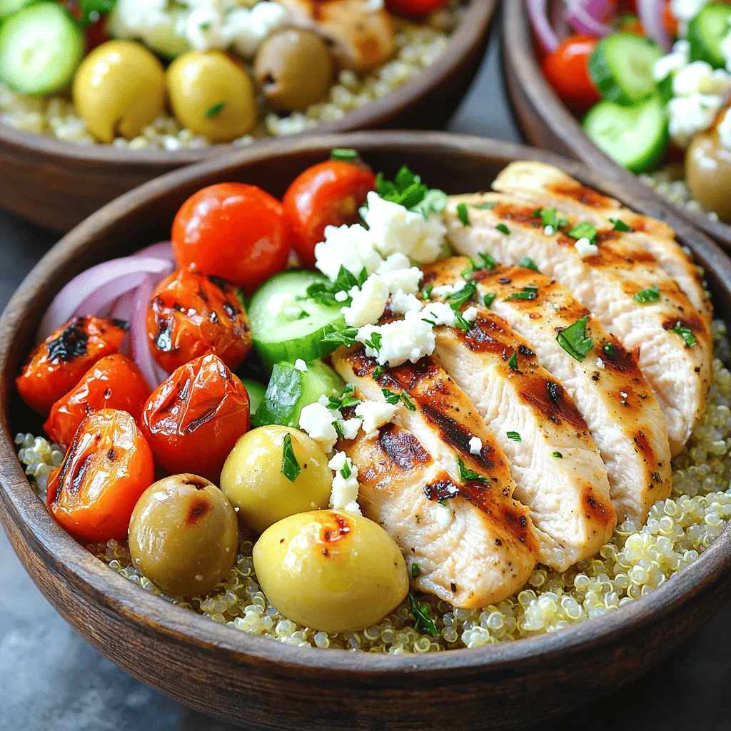 - 2 boneless, skinless chicken breasts - 2 tablespoons high-quality olive oil - 2 teaspoons dried oregano - 1 teaspoon garlic powder - Sea salt and freshly cracked black pepper, to taste - 1 cup quinoa, thoroughly rinsed - 2 cups low-sodium vegetable broth The chicken is the star. I use boneless, skinless chicken breasts for lean protein. Olive oil adds richness and helps the spices stick. Dried oregano and garlic powder give it a nice Mediterranean flavor. Season with sea salt and black pepper to taste. Quinoa serves as a great base. It packs protein and fiber. Cooking it in vegetable broth boosts the flavor. - 1 cup cherry tomatoes, halved - 1 medium cucumber, diced - 1 cup Kalamata olives, pitted and sliced - 1/2 medium red onion, thinly sliced Fresh veggies add crunch and color. I love using cherry tomatoes for their sweetness. Diced cucumber keeps things cool and refreshing. Kalamata olives bring a briny touch. Sliced red onion adds a bit of bite. These ingredients brighten up the bowl and make it more colorful. - 1 cup feta cheese, crumbled - 1/4 cup fresh parsley, finely chopped - Juice of 1 medium lemon Feta cheese adds a creamy texture and saltiness. I sprinkle it over the top for extra flavor. Parsley gives a fresh touch and pretty color. The lemon juice ties everything together with a zesty kick. It brightens the meal and enhances the flavors. This mix of ingredients creates a healthy, balanced meal. You can find the full recipe here: [Full Recipe]. First, you need to marinate the chicken. In a bowl, mix 2 tablespoons of olive oil, 2 teaspoons of dried oregano, 1 teaspoon of garlic powder, sea salt, and fresh black pepper. This mix gives the chicken a great flavor. Brush the chicken breasts with this mixture. Let them marinate for about 15 minutes. This helps the chicken soak up the spices. Now, heat your grill or grill pan to medium. Once hot, place the marinated chicken on the grill. Grill each side for 6 to 7 minutes. You want the chicken to be cooked through and juicy. When done, move the chicken to a cutting board. Let it rest for a few minutes, then slice it into thin strips. While your chicken is marinating, you can start cooking the quinoa. First, rinse 1 cup of quinoa under cold water. This step removes any bitterness. In a medium saucepan, bring 2 cups of low-sodium vegetable broth to a boil. Add the rinsed quinoa to the boiling broth. Reduce the heat to low and cover the pot. Let it simmer for about 15 minutes. After the quinoa absorbs the broth, take it off the heat. Use a fork to fluff the quinoa gently. This makes it light and airy, perfect for your bowls. Now comes the fun part—assembling your bowls! Start by adding a generous scoop of fluffy quinoa to the bottom of each bowl. Next, layer the sliced grilled chicken on top of the quinoa. Then, add your colorful toppings: halved cherry tomatoes, diced cucumber, sliced Kalamata olives, and thinly sliced red onion. Crumble some feta cheese over the top for a creamy touch. To add a fresh burst of flavor, sprinkle chopped parsley on each bowl. Finish with a drizzle of lemon juice. This step brightens all the flavors. Enjoy your beautiful and healthy Greek chicken bowls! For more details, check out the Full Recipe. To grill chicken perfectly, start with a hot grill. Preheat your grill or grill pan over medium heat. This helps to sear the chicken well. Brush the chicken with olive oil and spices for flavor. Grill each side for about 6 to 7 minutes, until cooked through. You want the juices to run clear. Let the chicken rest before slicing. This keeps the juices locked in. For fluffy quinoa, rinse it well before cooking. This removes excess starch. Use two cups of low-sodium vegetable broth for flavor. Bring the broth to a boil and then add the quinoa. Once it boils, reduce the heat and cover it. Let it simmer for about 15 minutes. After cooking, fluff the quinoa with a fork to keep it light and airy. When plating, use a large bowl for a beautiful look. Start with a base of fluffy quinoa. Layer the grilled chicken on top of the quinoa. Next, add colorful veggies like cherry tomatoes, cucumbers, and red onions. Sprinkle crumbled feta cheese on top for a creamy touch. For a pop of color, add fresh parsley. You can serve each bowl with extra garnishes. Lemon wedges allow guests to add a zesty kick. Toasted pine nuts or walnuts add a nice crunch and flavor. These small touches make your meal look and taste gourmet. Prep the chicken and quinoa ahead of time. You can marinate the chicken the night before. Grill it in the morning for a quick lunch. Cook quinoa in larger batches and store it in the fridge. This way, you can grab it whenever you need it. Store ingredients in separate containers for easy assembly. Use airtight containers to keep veggies fresh. Assemble the bowls right before serving. This keeps everything crisp and tasty. Enjoy the convenience of a healthy meal ready in minutes. For the full recipe, check out Greek Chicken Delight Bowls 🥗. {{image_4}} You can swap chicken for other meats like turkey or pork. If you want a plant-based dish, try chickpeas or tofu. Both options are tasty and fill your bowls with protein. For the quinoa, you can use brown rice or farro. These grains add unique flavors and textures. Spices can change the taste of your Greek chicken bowls. Add smoked paprika for a smoky kick or cumin for warmth. Fresh herbs like dill or mint can brighten the dish. You can also add spinach, bell peppers, or roasted zucchini for extra veggies. These options boost flavor and nutrition. Homemade dressings can elevate your meal. A simple lemon and olive oil dressing is fresh and zesty. You could mix yogurt with garlic and lemon for a creamy touch. If you prefer store-bought, look for Mediterranean dressings. Brands with clean ingredients work best. They save time and still taste great. For the full recipe, check out the Greek Chicken Delight Bowls. Store leftover bowls in airtight containers. This keeps them fresh and tasty. I recommend using glass containers. They help prevent odors and stains. Label your containers with dates. This way, you know when to eat them. You can freeze chicken and quinoa separately. This helps maintain their texture. Use freezer-safe bags or containers. When you're ready to eat, thaw in the fridge overnight. For reheating, warm chicken in the oven or microwave. Heat quinoa in a saucepan with a splash of water. In the fridge, these bowls last about 3 to 4 days. Look for signs of spoilage. If you see mold or a strange smell, toss it. Always trust your senses when it comes to food safety. To make your Greek chicken bowls gluten-free, use quinoa as your base. Quinoa is naturally gluten-free. If you want more options, consider these grains: - Brown rice - Cauliflower rice - Millet These alternatives keep your meal healthy and tasty. Yes, you can prep these bowls early. Here are some tips: - Cook the chicken and quinoa ahead of time. - Store them in airtight containers in the fridge. - Assemble your bowls just before serving. This way, your meal stays fresh and flavorful. You can pair many sides with Greek chicken bowls. Here are some ideas: - Hummus and pita bread - A simple green salad - Roasted vegetables These sides add variety and nutrients to your meal. To please picky eaters, adjust flavors and ingredients. Here are some suggestions: - Omit the olives if they don’t like them. - Use mild cheese instead of feta. - Add more veggies they enjoy, like bell peppers or carrots. These tweaks make the meal more appealing. For the complete recipe, check the Full Recipe section. This blog post covered how to create delicious Greek chicken bowls. We looked at essential ingredients, from marinated chicken to fresh veggies and tasty toppings. The step-by-step guide helps you prepare and assemble everything easily. Tips and variations add fun to your cooking. Enjoy making unique bowls that fit your taste. With proper storage, leftovers can stay fresh for days. Try different flavors and get creative. Your meals will be satisfying and healthy. Happy cooking!