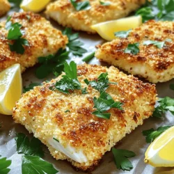 - 4 tilapia fillets - 1 cup finely grated Parmesan cheese - 1 cup panko bread crumbs - 2 large eggs - 1 tablespoon Dijon mustard - 1 teaspoon garlic powder - 1 teaspoon smoked paprika - Salt and pepper, to taste - 1 tablespoon fresh parsley, finely chopped (for garnish) - Lemon wedges, for serving Crispy Parmesan Crusted Tilapia is simple and fun to make. It starts with four fresh tilapia fillets. These fish fillets are mild and flaky, perfect for this dish. You can find them at most grocery stores. Next, you need a cup of finely grated Parmesan cheese. This cheese adds a rich flavor. It melts slightly during baking, giving the fish a nice crust. You'll also need a cup of panko bread crumbs. Panko is lighter than regular bread crumbs. It gives the tilapia its signature crunch. For the binding mixture, use two large eggs and one tablespoon of Dijon mustard. The eggs help the coating stick to the fish. The mustard adds a tangy taste. Now, let’s talk about seasoning. Use one teaspoon each of garlic powder and smoked paprika. These spices boost the flavor. Add salt and pepper to taste. Lastly, fresh parsley adds color and flavor after baking, and lemon wedges are great to serve on the side. For the full recipe, check the complete guide to make this dish shine! - Prepare the Oven and Baking Sheet: First, preheat your oven to 400°F (200°C). This step is key for a perfect bake. Line a baking sheet with parchment paper. This makes cleanup easy and keeps the fish from sticking. - Make the Egg Mixture: In a shallow bowl, crack the two eggs. Add one tablespoon of Dijon mustard. Whisk them together until smooth. This mixture helps the coating stick well to the fish. - Mix the Crispy Coating: In another shallow dish, combine one cup of finely grated Parmesan cheese, one cup of panko bread crumbs, one teaspoon of garlic powder, one teaspoon of smoked paprika, and salt and pepper to taste. Mix these ingredients well. This will create a tasty, crispy coating. - Coat the Tilapia: Take one tilapia fillet and dip it into the egg mixture. Make sure it is fully covered. Let any extra egg drip off. Then, press the fillet into the Parmesan and panko mixture. Flip it to coat both sides. - Place on Baking Sheet: Arrange the coated tilapia fillets on the prepared baking sheet. Make sure they are spaced apart. This helps them cook evenly. - Bake to Perfection: Put the baking sheet in your hot oven. Bake for about 12-15 minutes. The fish is done when it turns golden brown and flakes easily with a fork. - Cool and Garnish: After baking, take the tilapia out of the oven. Let it cool for a few minutes on the baking sheet. This step enhances the crispy crust. - Serve: Before serving, sprinkle fresh chopped parsley over the fillets. This adds color and flavor. Serve right away with lemon wedges on the side for a bright, zesty flavor. If you want to see the complete recipe, check out the [Full Recipe]. Importance of Panko Breadcrumbs Panko breadcrumbs are key for a crunchy crust. They are lighter and airier than regular breadcrumbs. This helps create a crispier texture when you bake or fry the tilapia. Use them for the best results! Baking vs. Frying: Best Methods I prefer baking tilapia for a healthier meal. Baking allows the fish to cook evenly and keeps the crust crispy. Frying can add flavor but may make it greasy. Choose what suits your taste! Adding Herbs and Spices To boost flavor, try adding herbs like dill or thyme. You can mix these into your breadcrumb mixture. A bit of lemon zest can also brighten the dish. Experiment and find what you love! Recommended Dipping Sauces A tasty sauce can elevate your meal. Try a simple tartar sauce or a zesty yogurt dip. You can even mix mayo with lemon juice and garlic for a quick sauce. These pair well with the crispy fish! Plating Suggestions Serve the tilapia on a large platter for a stunning look. You can place lemon wedges around the fish. This not only looks nice but also adds flavor when squeezed over the top. Garnishing Ideas Fresh parsley gives a pop of green. Sprinkle chopped parsley over the fillets just before serving. It adds color and freshness. These small touches make your meal look gourmet! For a complete guide, check out the Full Recipe. {{image_4}} You can make this dish healthier. Try using almond flour instead of bread crumbs. Almond flour adds a nice crunch. It also provides healthy fats and protein. Another great option is to use low-fat cheese. Instead of the regular Parmesan, choose a low-fat version. This gives you the same flavor with fewer calories. Adding lemon zest can brighten up the dish. It gives a fresh taste that pairs well with fish. You can also try adding minced garlic. This adds a bold flavor that many love. Don’t be afraid to experiment with different types of fish. While tilapia is mild, you can use cod, haddock, or even salmon. Each fish brings its own unique taste and texture. Pair your crispy tilapia with fresh vegetables. Steamed broccoli or sautéed spinach works well. You can also add a side of rice or quinoa for a filling meal. For a full meal experience, serve with a light salad. A simple lemon vinaigrette can tie everything together. This creates a colorful and tasty plate. To see the complete recipe, check out the Full Recipe section. To keep your crispy Parmesan crusted tilapia fresh, store leftovers right away. Place the tilapia in an airtight container. If you don’t have one, wrap the fillets tightly in plastic wrap. Use the leftovers within three days for the best taste. Choose containers that seal well and prevent air from entering. I suggest glass containers or BPA-free plastic ones. They help keep the fish fresh and allow you to see what’s inside. To enjoy your tilapia again, reheat it carefully. The best method is using the oven. Preheat your oven to 350°F (175°C). Place the tilapia on a baking sheet and warm it for about 10 minutes. This helps keep the crust crispy. While you can use a microwave, it may make the crust soggy. If you must use it, heat the tilapia in short bursts of 30 seconds. Check often to avoid overcooking. The oven is the way to go for the best results. If you want to save tilapia for longer, freezing works well. First, let the cooked fillets cool completely. Then, wrap each one in plastic wrap and place them in a freezer bag. Press out any air before sealing. When you’re ready to eat, thaw the tilapia in the fridge overnight. This keeps the fish safe and helps maintain its texture. After thawing, follow the reheating steps to enjoy your meal. For the full recipe, check out the Crispy Parmesan Crusted Tilapia section above. To keep your tilapia crispy, follow these tips: - Use panko bread crumbs for a light and airy crust. - Ensure your oven is fully preheated to 400°F (200°C). - Space the fillets apart on the baking sheet to allow air flow. - Let the tilapia cool for a few minutes after baking. This helps the crust stay crunchy. Yes, you can prepare the tilapia ahead of time. You can coat the fillets and store them in the fridge for up to 2 hours before baking. This saves time on busy nights. Just remember to bake right before serving for the best texture. If you can't find tilapia, try these alternatives: - Cod offers a mild flavor and flaky texture. - Sole is another great option with a delicate taste. - Catfish can give a different but tasty twist to this dish. Cooked tilapia can last in the fridge for about 3 days. Store it in an airtight container to keep it fresh. Make sure to check for any off smells before eating! This blog outlined a simple yet delicious tilapia recipe that’s easy for anyone to make. You learned about essential ingredients, from the tilapia to the crispy coating. We discussed important tips for achieving that perfect crunch and explored flavors and variations to enhance your dish. Remember, you can customize this recipe and store your leftovers properly. Enjoy experimenting with toppings and sides to create a full meal. With these steps, you can impress everyone with a tasty and easy fish dinner.