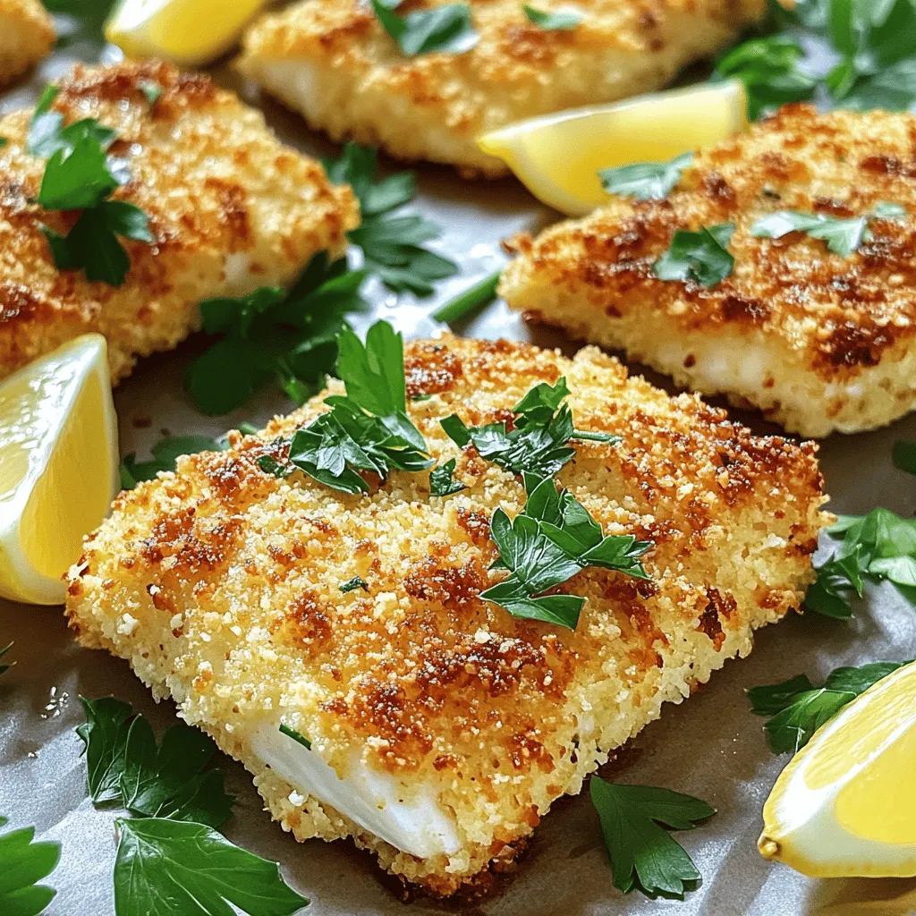 - 4 tilapia fillets - 1 cup finely grated Parmesan cheese - 1 cup panko bread crumbs - 2 large eggs - 1 tablespoon Dijon mustard - 1 teaspoon garlic powder - 1 teaspoon smoked paprika - Salt and pepper, to taste - 1 tablespoon fresh parsley, finely chopped (for garnish) - Lemon wedges, for serving Crispy Parmesan Crusted Tilapia is simple and fun to make. It starts with four fresh tilapia fillets. These fish fillets are mild and flaky, perfect for this dish. You can find them at most grocery stores. Next, you need a cup of finely grated Parmesan cheese. This cheese adds a rich flavor. It melts slightly during baking, giving the fish a nice crust. You'll also need a cup of panko bread crumbs. Panko is lighter than regular bread crumbs. It gives the tilapia its signature crunch. For the binding mixture, use two large eggs and one tablespoon of Dijon mustard. The eggs help the coating stick to the fish. The mustard adds a tangy taste. Now, let’s talk about seasoning. Use one teaspoon each of garlic powder and smoked paprika. These spices boost the flavor. Add salt and pepper to taste. Lastly, fresh parsley adds color and flavor after baking, and lemon wedges are great to serve on the side. For the full recipe, check the complete guide to make this dish shine! - Prepare the Oven and Baking Sheet: First, preheat your oven to 400°F (200°C). This step is key for a perfect bake. Line a baking sheet with parchment paper. This makes cleanup easy and keeps the fish from sticking. - Make the Egg Mixture: In a shallow bowl, crack the two eggs. Add one tablespoon of Dijon mustard. Whisk them together until smooth. This mixture helps the coating stick well to the fish. - Mix the Crispy Coating: In another shallow dish, combine one cup of finely grated Parmesan cheese, one cup of panko bread crumbs, one teaspoon of garlic powder, one teaspoon of smoked paprika, and salt and pepper to taste. Mix these ingredients well. This will create a tasty, crispy coating. - Coat the Tilapia: Take one tilapia fillet and dip it into the egg mixture. Make sure it is fully covered. Let any extra egg drip off. Then, press the fillet into the Parmesan and panko mixture. Flip it to coat both sides. - Place on Baking Sheet: Arrange the coated tilapia fillets on the prepared baking sheet. Make sure they are spaced apart. This helps them cook evenly. - Bake to Perfection: Put the baking sheet in your hot oven. Bake for about 12-15 minutes. The fish is done when it turns golden brown and flakes easily with a fork. - Cool and Garnish: After baking, take the tilapia out of the oven. Let it cool for a few minutes on the baking sheet. This step enhances the crispy crust. - Serve: Before serving, sprinkle fresh chopped parsley over the fillets. This adds color and flavor. Serve right away with lemon wedges on the side for a bright, zesty flavor. If you want to see the complete recipe, check out the [Full Recipe]. Importance of Panko Breadcrumbs Panko breadcrumbs are key for a crunchy crust. They are lighter and airier than regular breadcrumbs. This helps create a crispier texture when you bake or fry the tilapia. Use them for the best results! Baking vs. Frying: Best Methods I prefer baking tilapia for a healthier meal. Baking allows the fish to cook evenly and keeps the crust crispy. Frying can add flavor but may make it greasy. Choose what suits your taste! Adding Herbs and Spices To boost flavor, try adding herbs like dill or thyme. You can mix these into your breadcrumb mixture. A bit of lemon zest can also brighten the dish. Experiment and find what you love! Recommended Dipping Sauces A tasty sauce can elevate your meal. Try a simple tartar sauce or a zesty yogurt dip. You can even mix mayo with lemon juice and garlic for a quick sauce. These pair well with the crispy fish! Plating Suggestions Serve the tilapia on a large platter for a stunning look. You can place lemon wedges around the fish. This not only looks nice but also adds flavor when squeezed over the top. Garnishing Ideas Fresh parsley gives a pop of green. Sprinkle chopped parsley over the fillets just before serving. It adds color and freshness. These small touches make your meal look gourmet! For a complete guide, check out the Full Recipe. {{image_4}} You can make this dish healthier. Try using almond flour instead of bread crumbs. Almond flour adds a nice crunch. It also provides healthy fats and protein. Another great option is to use low-fat cheese. Instead of the regular Parmesan, choose a low-fat version. This gives you the same flavor with fewer calories. Adding lemon zest can brighten up the dish. It gives a fresh taste that pairs well with fish. You can also try adding minced garlic. This adds a bold flavor that many love. Don’t be afraid to experiment with different types of fish. While tilapia is mild, you can use cod, haddock, or even salmon. Each fish brings its own unique taste and texture. Pair your crispy tilapia with fresh vegetables. Steamed broccoli or sautéed spinach works well. You can also add a side of rice or quinoa for a filling meal. For a full meal experience, serve with a light salad. A simple lemon vinaigrette can tie everything together. This creates a colorful and tasty plate. To see the complete recipe, check out the Full Recipe section. To keep your crispy Parmesan crusted tilapia fresh, store leftovers right away. Place the tilapia in an airtight container. If you don’t have one, wrap the fillets tightly in plastic wrap. Use the leftovers within three days for the best taste. Choose containers that seal well and prevent air from entering. I suggest glass containers or BPA-free plastic ones. They help keep the fish fresh and allow you to see what’s inside. To enjoy your tilapia again, reheat it carefully. The best method is using the oven. Preheat your oven to 350°F (175°C). Place the tilapia on a baking sheet and warm it for about 10 minutes. This helps keep the crust crispy. While you can use a microwave, it may make the crust soggy. If you must use it, heat the tilapia in short bursts of 30 seconds. Check often to avoid overcooking. The oven is the way to go for the best results. If you want to save tilapia for longer, freezing works well. First, let the cooked fillets cool completely. Then, wrap each one in plastic wrap and place them in a freezer bag. Press out any air before sealing. When you’re ready to eat, thaw the tilapia in the fridge overnight. This keeps the fish safe and helps maintain its texture. After thawing, follow the reheating steps to enjoy your meal. For the full recipe, check out the Crispy Parmesan Crusted Tilapia section above. To keep your tilapia crispy, follow these tips: - Use panko bread crumbs for a light and airy crust. - Ensure your oven is fully preheated to 400°F (200°C). - Space the fillets apart on the baking sheet to allow air flow. - Let the tilapia cool for a few minutes after baking. This helps the crust stay crunchy. Yes, you can prepare the tilapia ahead of time. You can coat the fillets and store them in the fridge for up to 2 hours before baking. This saves time on busy nights. Just remember to bake right before serving for the best texture. If you can't find tilapia, try these alternatives: - Cod offers a mild flavor and flaky texture. - Sole is another great option with a delicate taste. - Catfish can give a different but tasty twist to this dish. Cooked tilapia can last in the fridge for about 3 days. Store it in an airtight container to keep it fresh. Make sure to check for any off smells before eating! This blog outlined a simple yet delicious tilapia recipe that’s easy for anyone to make. You learned about essential ingredients, from the tilapia to the crispy coating. We discussed important tips for achieving that perfect crunch and explored flavors and variations to enhance your dish. Remember, you can customize this recipe and store your leftovers properly. Enjoy experimenting with toppings and sides to create a full meal. With these steps, you can impress everyone with a tasty and easy fish dinner.