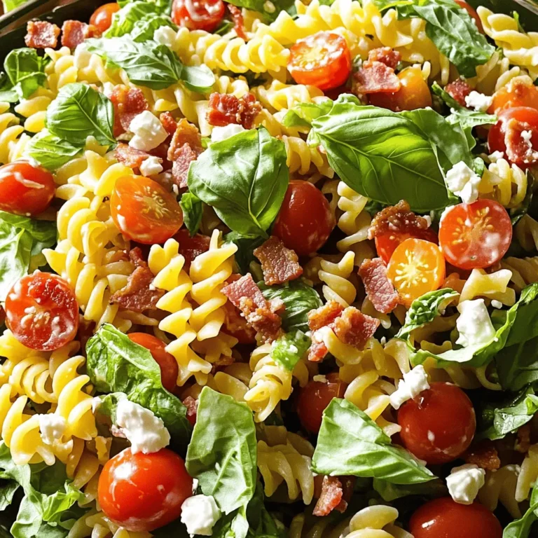 To make a tasty BLT Pasta Salad, you need some key ingredients. Here is the list: - 8 ounces rotini pasta - 4 slices of turkey bacon (or plant-based bacon for a vegetarian option) - 1 cup cherry tomatoes, halved - 1 cup romaine lettuce, chopped - ½ cup crumbled feta cheese These main ingredients bring a fresh taste and fun texture to the dish. You can also choose your bacon type. Turkey bacon gives a lighter feel, while plant-based bacon offers a great vegetarian choice. You can customize your BLT Pasta Salad with optional add-ins. Consider these options: - ½ cup sliced cucumbers - ¼ cup red onion, finely chopped - ½ avocado, diced - 1 tablespoon capers These add-ins can enhance the flavor and crunch of your salad. Feel free to mix and match based on your taste. The dressing is crucial for flavor. Here are the components I recommend: - ⅓ cup mayonnaise - 2 tablespoons Greek yogurt - 1 tablespoon apple cider vinegar - 1 teaspoon garlic powder - Salt and freshly cracked pepper to taste This dressing creates a creamy, tangy base for the salad. You can adjust the garlic and salt to suit your palate. Check out the Full Recipe for the perfect blend of these ingredients. Start by boiling a large pot of salted water. Add 8 ounces of rotini pasta. Cook it according to the package directions until it's al dente. This usually takes about 7-9 minutes. Once the pasta is cooked, drain it in a colander. Rinse it under cold water to stop the cooking process. Set the pasta aside to cool. While the pasta cooks, heat a skillet over medium heat. Add 4 slices of turkey bacon to the skillet. Cook until it's crispy and golden brown, which takes about 5-7 minutes. Turn the bacon occasionally to ensure even cooking. Once done, remove it from the skillet and let it cool slightly. Chop the bacon into bite-sized pieces for easy mixing later. In a large mixing bowl, combine the cooled rotini pasta, chopped turkey bacon, 1 cup of halved cherry tomatoes, and 1 cup of chopped romaine lettuce. Gently stir the mixture to ensure all ingredients are evenly distributed. This creates a colorful and tasty base for your salad. For the dressing, grab a small bowl and whisk together ⅓ cup of mayonnaise, 2 tablespoons of Greek yogurt, 1 tablespoon of apple cider vinegar, 1 teaspoon of garlic powder, and salt and freshly cracked pepper to taste. Mix it until smooth and creamy. This dressing adds a rich flavor to the salad. Pour the dressing over the pasta mixture. Toss gently to coat all ingredients well. Next, fold in ½ cup of crumbled feta cheese carefully. Taste the salad and adjust the seasoning if needed. Once mixed, cover the bowl with plastic wrap or a lid. Refrigerate the salad for at least 30 minutes. This chilling time allows the flavors to blend beautifully. Before serving, remove the salad from the fridge. Top it with torn fresh basil leaves for a fragrant touch. This not only adds flavor but also enhances the presentation. Serve the pasta salad in a nice bowl and consider drizzling a little olive oil on top for extra appeal. Enjoy your fresh and tasty BLT Pasta Salad! When cooking pasta, always use plenty of water. A large pot helps the pasta move freely. Add salt to the water; this adds flavor. Cook the rotini until it’s al dente. This means it should be firm but not hard. After cooking, drain the pasta and rinse it with cold water. This stops the cooking and cools the pasta quickly. For crispy bacon, use medium heat. This allows the fat to render slowly. If you cook it too fast, it can burn. Turn the bacon pieces often to ensure even cooking. Once done, let it cool on paper towels. This keeps it crispy and removes extra grease. Seasonings make a big difference. Use garlic powder for a nice kick. Adding salt and pepper is important, too. Taste as you mix. You can adjust the flavors to your liking. Fresh herbs, like basil, also brighten the dish. They add freshness and color. This pasta salad is great for meal prep. You can make it a day ahead. Just keep it in the fridge. The flavors will blend nicely overnight. Before serving, give it a quick stir. If it seems dry, add a splash of dressing. This keeps it fresh and tasty. For full details, check the Full Recipe. {{image_4}} You can easily make a vegetarian BLT pasta salad. Instead of turkey bacon, use plant-based bacon. It adds a nice crunch and flavor. You can also add more veggies like bell peppers or avocado. These ingredients boost the freshness and taste. If you need a gluten-free version, swap rotini pasta for gluten-free pasta. There are many types available, like brown rice or quinoa pasta. Both work well and keep the dish tasty. Always check the label to ensure they are certified gluten-free. Get creative with your salad! You can add a squeeze of lemon juice for brightness. Try mixing in olives for a salty kick. Fresh herbs like dill or chives can enhance the flavor too. You might even consider adding a handful of nuts for crunch. Each addition makes your salad unique and fun! To keep your BLT Pasta Salad fresh, store it in an airtight container. This helps lock in moisture and flavor. Always let the salad cool to room temperature before sealing it. This prevents condensation, which can make the pasta soggy. You can keep BLT Pasta Salad in the fridge for about 3 to 5 days. If you notice any change in smell or texture, it’s best to toss it. Always check for freshness before serving leftovers. If you prefer warm pasta salad, gently reheat it in a pan over low heat. Stir it well to ensure even warming. Avoid high heat, as it can make the pasta mushy. You can also add a splash of olive oil to revive the flavors. For cold servings, enjoy it straight from the fridge! You can use Greek yogurt or sour cream instead of mayonnaise. Both options give a nice creaminess. Greek yogurt adds protein and tang, while sour cream offers a rich flavor. You can also mix them for a unique taste. Yes, you can use regular bacon if you prefer. It adds a richer flavor to your salad. Just be aware that regular bacon has more fat. You may need to adjust the dressing to balance the flavors. To spice up the salad, add diced jalapeños or red pepper flakes to the dressing. You can also mix in some hot sauce for a kick. Start with a little, then taste and adjust to your liking. While this salad is best chilled, you can serve it warm. Just mix all ingredients right after cooking. The flavors will be different but still tasty. If you try this, serve it right away for the best experience. The traditional recipe is not gluten-free due to the rotini pasta. However, you can easily make it gluten-free. Use gluten-free pasta instead. Most stores offer great options that taste delicious. BLT pasta salad is a fun and tasty dish. It combines pasta, bacon, and fresh veggies. You learned how to choose the right ingredients and dressings. I shared step-by-step instructions for cooking and mixing. Tips helped you cook pasta and bacon just right. You also discovered ways to make it your own with variations. Keep it fresh in the fridge, and enjoy it later. Try this recipe for a delightful meal or side. Take these ideas and create your perfect BLT pasta salad!