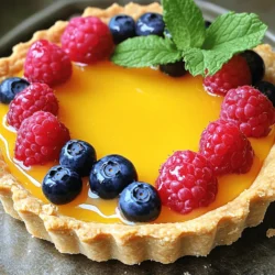 - 1 ½ cups all-purpose flour - ½ cup unsalted butter, softened to room temperature - 1/3 cup powdered sugar - 1 large egg yolk - 1 tablespoon cold water - 1/4 teaspoon salt - 1 cup granulated sugar - 1/2 cup fresh lemon juice - Zest from 2 lemons - 4 large eggs - 1/2 cup unsalted butter, cut into small cubes - 1/4 teaspoon turmeric (optional) - Fresh berries (raspberries and blueberries) - Fresh mint leaves I love making a lemon curd tart. The bright flavor of fresh lemons shines here. For the tart shell, use simple ingredients. The butter and sugar create a sweet base. The cold water helps bind it all. Now, for the lemon curd filling, you need fresh juice and zest. This is where the magic happens! The eggs create a smooth texture. Adding butter makes it rich and creamy. If you like, use turmeric for a pop of color. For the garnish, fresh berries add beauty and taste. Mint leaves give a nice touch. You can find the full recipe in the article. Enjoy creating this delightful treat! - Combine butter and powdered sugar until creamy. - Add egg yolk, cold water, and salt, then mix in flour. - Press dough into tart pan and chill before baking. To make a great tart shell, start by mixing the softened butter with powdered sugar in a bowl. You want it to be light and fluffy. Next, add the egg yolk, cold water, and salt. Stir these in well. Now, slowly add the flour. Mix until you have a soft dough. Once your dough is ready, press it evenly into a 9-inch tart pan. Be sure to cover the bottom and sides. Prick the bottom with a fork to stop bubbles from forming. Chill your tart shell in the fridge for 30 minutes. This helps it hold its shape while baking. While it chills, preheat your oven to 350°F (175°C). After chilling, bake for 20-25 minutes until it is lightly golden. Let it cool completely before adding the filling. - Whisk together sugar, lemon juice, lemon zest, and eggs in a saucepan. - Cook over medium-low heat while whisking until thickened. - Stir in butter and optional turmeric. For the lemon curd, grab a medium saucepan. In it, whisk together the sugar, lemon juice, lemon zest, and eggs until smooth. Place the saucepan on medium-low heat. Continuously whisk the mixture as it cooks. This step will take about 8-10 minutes. You want the curd to become thick, like custard. Avoid boiling it to keep the eggs smooth. Once thickened, take it off the heat. Stir in the butter cubes until they melt completely. If you like, add turmeric for a bright color. This will make your lemon curd pop! - Pour the lemon curd into the cooled tart shell. - Chill the tart in the refrigerator to set. Now it’s time to put it all together! Carefully pour the lemon curd into your cooled tart shell. Use a spatula to smooth the top. This makes the tart look nice. Once filled, place the tart in the refrigerator. Let it chill for at least 2 hours. This helps the curd set perfectly. - Remove tart from the pan and slice for serving. - Garnish with fresh berries and mint leaves. After it has chilled, take the tart out of the fridge. Carefully remove it from the pan by lifting the bottom. Slice it into wedges and place them on a serving plate. For a beautiful touch, decorate the top with fresh berries and mint leaves. This adds color and freshness to your tasty treat! Enjoy your Lemon Curd Tart Delightful and Easy Recipe! - Ensure butter is softened for easy mixing. This helps create a smooth dough. - Chill the dough properly to prevent shrinkage. A cold dough keeps its shape while baking. - Whisk continuously to avoid curdling. This keeps the mixture smooth and creamy. - Cook gently to achieve the right custard-like texture. Too much heat can ruin your work. - Use a variety of fruits for a colorful presentation. Fresh berries look great on the tart. - Consider adding edible flowers for decoration. They add beauty and a touch of elegance. These tips will help you create a stunning lemon curd tart that impresses everyone. If you're ready to start, check out the Full Recipe for all the steps and ingredients! {{image_4}} You can switch up the crust for your lemon curd tart. Here are two great options: - Gluten-free crust using almond flour: This option is nutty and adds a unique flavor. Use 1 ½ cups of almond flour, ½ cup of melted butter, 1/4 cup of powdered sugar, and a pinch of salt. Mix well, press into a tart pan, and bake. - Graham cracker crust for a different flavor: Crush 1 ½ cups of graham crackers and mix with ½ cup of melted butter and 1/4 cup of sugar. Press this mixture into the pan. It gives a sweet, crunchy bite. You can make your lemon curd even more exciting with these ideas: - Adding fresh herbs such as basil or lavender: A hint of basil or lavender can add a fresh twist to the lemon curd. Just chop a tablespoon of fresh herbs and mix them in when you combine the lemon juice and sugar. - Mixing in other citrus juices like lime or orange: For a fun twist, blend in lime or orange juice. Use half lemon and half lime juice for a tart flavor. Or try orange for a sweeter taste. How you serve your lemon curd tart can enhance its appeal: - Serving with homemade whipped cream: A dollop of fresh whipped cream on top adds creaminess. Just whip heavy cream with a bit of sugar until soft peaks form. - Accompanying with a scoop of vanilla ice cream: A scoop of vanilla ice cream pairs well with the tartness of lemon curd. It cools the palate and adds sweetness. These variations make your lemon curd tart even more delightful. For the full recipe, refer to the [Full Recipe]. Store your lemon curd tart covered in the refrigerator. It stays fresh for up to 5 days. I love serving it chilled, but it’s also great at room temperature. The flavors get better as it sits! If you want to save some for later, wrap the tart in plastic wrap. Then, wrap it in foil. This way, it lasts up to 2 months in the freezer. When you're ready to enjoy it, just thaw it in the refrigerator. This keeps it tasting fresh. Leftovers can be even more fun! You can enhance the flavor by serving with fresh toppings. Try adding some berries or whipped cream. Re-chill the tart before serving. This helps bring out the best taste again. Enjoy your delicious treat! To avoid curdling, keep the heat low. Use medium-low heat while cooking the lemon curd. This gentle heat helps the eggs cook slowly. Always whisk continuously. Stirring helps mix the ingredients well. It also prevents the eggs from cooking too fast. If you see bubbles, lower the heat. Yes, you can prepare the tart in advance. Make the tart shell and lemon curd filling a day before. After baking the shell, let it cool completely. Fill it with lemon curd and chill in the fridge. This lets the flavors blend well. Just remember to serve it fresh for the best taste. Lemon curd tart pairs well with many treats. Consider serving it with fresh whipped cream. It also goes nicely with vanilla ice cream. For drinks, try a light herbal tea or sparkling water. Both choices balance the tartness. Fresh berries on the side enhance the colors and flavors. Absolutely! Lemon curd tart is perfect for celebrations. Its bright color and tangy flavor make it eye-catching. This dessert works well for birthdays, holidays, and parties. People love its sweet and zesty taste. Plus, you can dress it up with fruit and mint. It’s a crowd-pleaser for sure! We covered how to make a delicious lemon curd tart in this post. You learned the ingredients for the tart shell, lemon curd, and garnishes. We outlined the easy steps to prepare and assemble the tart. Remember to chill the dough and whisk properly for the curd. Try adding your favorite fruits for fun variations. This tart is perfect for any occasion, so enjoy sharing it with friends and family!
