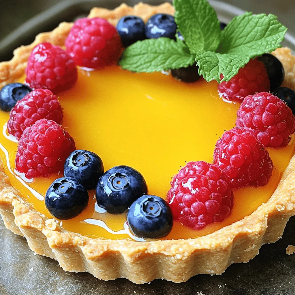 - 1 ½ cups all-purpose flour - ½ cup unsalted butter, softened to room temperature - 1/3 cup powdered sugar - 1 large egg yolk - 1 tablespoon cold water - 1/4 teaspoon salt - 1 cup granulated sugar - 1/2 cup fresh lemon juice - Zest from 2 lemons - 4 large eggs - 1/2 cup unsalted butter, cut into small cubes - 1/4 teaspoon turmeric (optional) - Fresh berries (raspberries and blueberries) - Fresh mint leaves I love making a lemon curd tart. The bright flavor of fresh lemons shines here. For the tart shell, use simple ingredients. The butter and sugar create a sweet base. The cold water helps bind it all. Now, for the lemon curd filling, you need fresh juice and zest. This is where the magic happens! The eggs create a smooth texture. Adding butter makes it rich and creamy. If you like, use turmeric for a pop of color. For the garnish, fresh berries add beauty and taste. Mint leaves give a nice touch. You can find the full recipe in the article. Enjoy creating this delightful treat! - Combine butter and powdered sugar until creamy. - Add egg yolk, cold water, and salt, then mix in flour. - Press dough into tart pan and chill before baking. To make a great tart shell, start by mixing the softened butter with powdered sugar in a bowl. You want it to be light and fluffy. Next, add the egg yolk, cold water, and salt. Stir these in well. Now, slowly add the flour. Mix until you have a soft dough. Once your dough is ready, press it evenly into a 9-inch tart pan. Be sure to cover the bottom and sides. Prick the bottom with a fork to stop bubbles from forming. Chill your tart shell in the fridge for 30 minutes. This helps it hold its shape while baking. While it chills, preheat your oven to 350°F (175°C). After chilling, bake for 20-25 minutes until it is lightly golden. Let it cool completely before adding the filling. - Whisk together sugar, lemon juice, lemon zest, and eggs in a saucepan. - Cook over medium-low heat while whisking until thickened. - Stir in butter and optional turmeric. For the lemon curd, grab a medium saucepan. In it, whisk together the sugar, lemon juice, lemon zest, and eggs until smooth. Place the saucepan on medium-low heat. Continuously whisk the mixture as it cooks. This step will take about 8-10 minutes. You want the curd to become thick, like custard. Avoid boiling it to keep the eggs smooth. Once thickened, take it off the heat. Stir in the butter cubes until they melt completely. If you like, add turmeric for a bright color. This will make your lemon curd pop! - Pour the lemon curd into the cooled tart shell. - Chill the tart in the refrigerator to set. Now it’s time to put it all together! Carefully pour the lemon curd into your cooled tart shell. Use a spatula to smooth the top. This makes the tart look nice. Once filled, place the tart in the refrigerator. Let it chill for at least 2 hours. This helps the curd set perfectly. - Remove tart from the pan and slice for serving. - Garnish with fresh berries and mint leaves. After it has chilled, take the tart out of the fridge. Carefully remove it from the pan by lifting the bottom. Slice it into wedges and place them on a serving plate. For a beautiful touch, decorate the top with fresh berries and mint leaves. This adds color and freshness to your tasty treat! Enjoy your Lemon Curd Tart Delightful and Easy Recipe! - Ensure butter is softened for easy mixing. This helps create a smooth dough. - Chill the dough properly to prevent shrinkage. A cold dough keeps its shape while baking. - Whisk continuously to avoid curdling. This keeps the mixture smooth and creamy. - Cook gently to achieve the right custard-like texture. Too much heat can ruin your work. - Use a variety of fruits for a colorful presentation. Fresh berries look great on the tart. - Consider adding edible flowers for decoration. They add beauty and a touch of elegance. These tips will help you create a stunning lemon curd tart that impresses everyone. If you're ready to start, check out the Full Recipe for all the steps and ingredients! {{image_4}} You can switch up the crust for your lemon curd tart. Here are two great options: - Gluten-free crust using almond flour: This option is nutty and adds a unique flavor. Use 1 ½ cups of almond flour, ½ cup of melted butter, 1/4 cup of powdered sugar, and a pinch of salt. Mix well, press into a tart pan, and bake. - Graham cracker crust for a different flavor: Crush 1 ½ cups of graham crackers and mix with ½ cup of melted butter and 1/4 cup of sugar. Press this mixture into the pan. It gives a sweet, crunchy bite. You can make your lemon curd even more exciting with these ideas: - Adding fresh herbs such as basil or lavender: A hint of basil or lavender can add a fresh twist to the lemon curd. Just chop a tablespoon of fresh herbs and mix them in when you combine the lemon juice and sugar. - Mixing in other citrus juices like lime or orange: For a fun twist, blend in lime or orange juice. Use half lemon and half lime juice for a tart flavor. Or try orange for a sweeter taste. How you serve your lemon curd tart can enhance its appeal: - Serving with homemade whipped cream: A dollop of fresh whipped cream on top adds creaminess. Just whip heavy cream with a bit of sugar until soft peaks form. - Accompanying with a scoop of vanilla ice cream: A scoop of vanilla ice cream pairs well with the tartness of lemon curd. It cools the palate and adds sweetness. These variations make your lemon curd tart even more delightful. For the full recipe, refer to the [Full Recipe]. Store your lemon curd tart covered in the refrigerator. It stays fresh for up to 5 days. I love serving it chilled, but it’s also great at room temperature. The flavors get better as it sits! If you want to save some for later, wrap the tart in plastic wrap. Then, wrap it in foil. This way, it lasts up to 2 months in the freezer. When you're ready to enjoy it, just thaw it in the refrigerator. This keeps it tasting fresh. Leftovers can be even more fun! You can enhance the flavor by serving with fresh toppings. Try adding some berries or whipped cream. Re-chill the tart before serving. This helps bring out the best taste again. Enjoy your delicious treat! To avoid curdling, keep the heat low. Use medium-low heat while cooking the lemon curd. This gentle heat helps the eggs cook slowly. Always whisk continuously. Stirring helps mix the ingredients well. It also prevents the eggs from cooking too fast. If you see bubbles, lower the heat. Yes, you can prepare the tart in advance. Make the tart shell and lemon curd filling a day before. After baking the shell, let it cool completely. Fill it with lemon curd and chill in the fridge. This lets the flavors blend well. Just remember to serve it fresh for the best taste. Lemon curd tart pairs well with many treats. Consider serving it with fresh whipped cream. It also goes nicely with vanilla ice cream. For drinks, try a light herbal tea or sparkling water. Both choices balance the tartness. Fresh berries on the side enhance the colors and flavors. Absolutely! Lemon curd tart is perfect for celebrations. Its bright color and tangy flavor make it eye-catching. This dessert works well for birthdays, holidays, and parties. People love its sweet and zesty taste. Plus, you can dress it up with fruit and mint. It’s a crowd-pleaser for sure! We covered how to make a delicious lemon curd tart in this post. You learned the ingredients for the tart shell, lemon curd, and garnishes. We outlined the easy steps to prepare and assemble the tart. Remember to chill the dough and whisk properly for the curd. Try adding your favorite fruits for fun variations. This tart is perfect for any occasion, so enjoy sharing it with friends and family!