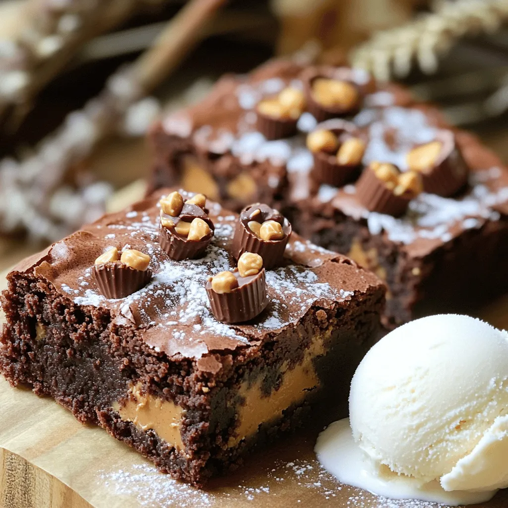 To make these rich brownies, you need key ingredients that create the perfect blend of flavors and textures. Here’s what you’ll need: - 1 cup unsalted butter - 2 cups granulated sugar - 4 large eggs - 1 teaspoon pure vanilla extract - 1 cup all-purpose flour - 1 cup unsweetened cocoa powder - 1/2 teaspoon baking powder - 1/2 teaspoon fine sea salt - 1 cup creamy peanut butter - 1 cup mini chocolate peanut butter cups, finely chopped Each ingredient plays a role. The butter provides moisture, while sugar adds sweetness. Eggs act as a binder, bringing everything together. Cocoa gives that rich chocolate flavor, and peanut butter adds creaminess. Chopped peanut butter cups bring bursts of flavor. You can take your brownies to the next level with some tasty add-ins and toppings. Here are a few ideas: - Chopped nuts (like walnuts or pecans) for crunch - A sprinkle of sea salt on top for contrast - Drizzle of melted chocolate for extra sweetness - A scoop of ice cream for serving Feel free to mix and match these options based on your taste. Sometimes, you may not have all the ingredients on hand. Here are some simple swaps you can try: - Use coconut oil instead of unsalted butter for a dairy-free option. - Substitute brown sugar for granulated sugar for a richer flavor. - For a gluten-free version, use almond flour instead of all-purpose flour. - You can replace creamy peanut butter with almond butter if you prefer. These substitutions will still give you delicious brownies, so don’t worry if you’re out of something! For the full recipe, just refer back to the beginning. To start, preheat your oven to 350°F (175°C). Greasing the pan is key. Use a little butter or cooking spray to coat a 9x13 inch baking pan. If you prefer, line it with parchment paper. This helps you lift the brownies out later. Next, melt 1 cup of unsalted butter in a large saucepan over medium heat. When it's all liquid, take it off the heat. Stir in 2 cups of granulated sugar until smooth. Add in 4 large eggs, one at a time. Mix well after each egg. Then, pour in 1 teaspoon of pure vanilla extract for extra flavor. In another bowl, sift together 1 cup of all-purpose flour, 1 cup of unsweetened cocoa powder, 1/2 teaspoon of baking powder, and 1/2 teaspoon of fine sea salt. This step makes sure there are no lumps. Gradually mix these dry ingredients into your wet mixture. Stir just enough to combine. You want a nice, smooth batter without overmixing. Now, fold in 1 cup of finely chopped mini chocolate peanut butter cups. This will add little bursts of flavor in each bite. Pour the rich brownie batter into your prepared baking pan. Use a spatula to spread it out evenly. In a small bowl, heat 1 cup of creamy peanut butter in the microwave for about 20-30 seconds. This makes it easier to drizzle. Drizzle the warm peanut butter over the brownie batter. Use a knife to swirl it into the batter gently. This creates beautiful marbled patterns. Bake your brownies in the preheated oven for about 25-30 minutes. To check if they’re done, stick a toothpick in the center. It should come out with a few moist crumbs, not wet batter. After baking, let the brownies cool in the pan for 10 minutes. This helps them set properly. Once cooled, they are ready to slice into squares! To get the best brownie texture, start with room temperature ingredients. This helps mix the batter well. Use unsalted butter for better control over saltiness. Melt the butter on low heat to avoid burning. Mix the sugar and melted butter until smooth. This creates a rich, fudgy base. When adding eggs, mix them in one by one. This ensures a light, airy batter. Avoid overmixing after adding flour. Stir until just combined. This keeps your brownies soft and chewy. To bake brownies evenly, preheat your oven properly. Make sure the oven reaches 350°F (175°C) before placing your pan inside. Use a light-colored baking pan. Dark pans absorb more heat and may lead to burnt edges. Check your brownies a few minutes before the timer goes off. Insert a toothpick into the center. It should come out with a few moist crumbs. If it’s clean, they might be overbaked. Once your brownies cool, cut them into squares. For a fun twist, add toppings. A scoop of vanilla ice cream pairs perfectly with warm brownies. You can also drizzle chocolate sauce or caramel over them for extra sweetness. Serve with fresh berries for a fruity contrast. For the best taste experience, keep them at room temperature for serving. You can find the full recipe in the main section. {{image_4}} You can make nut-free brownies while keeping the rich flavor. Simply use sun butter instead of peanut butter. Sun butter gives a similar taste without nuts. Also, opt for nut-free chocolate cups. These changes make the brownies safe for those with nut allergies. To create vegan brownies, swap eggs for flax eggs. Mix one tablespoon of flaxseed meal with three tablespoons of water. Let it sit until it thickens. Use plant-based butter and dairy-free chocolate cups. These small changes will make the brownies vegan but still delicious. You can choose different peanut butter cups for variety. Try dark chocolate cups for a richer flavor. Milk chocolate cups offer a sweeter taste. You can even use white chocolate cups for a fun twist. Each type will change the flavor and look of your brownies. For the full recipe, check out the section above. To keep your peanut butter cup brownies fresh, store them in an airtight container. This helps maintain their moisture and flavor. Place a piece of parchment paper between layers if you stack them. You can store them at room temperature for up to four days. If you want them to last longer, refrigerate them for up to a week. Freezing is a great option if you have extra brownies. Cut them into squares and wrap each piece in plastic wrap. Place the wrapped brownies in a freezer-safe bag or container. They can stay in the freezer for up to three months. When you want to enjoy them, simply thaw them in the fridge overnight. When you're ready to eat your brownies, you can reheat them. For the best results, warm them in the microwave. Heat each square for about 15-20 seconds. This makes them soft and gooey again. If you prefer, you can also use the oven. Preheat it to 350°F (175°C) and warm the brownies on a baking sheet for about 5-10 minutes. Enjoy these rich treats warm with a scoop of ice cream! You can tell when the brownies are done by using a toothpick. Insert it into the center of the brownies. If it comes out with a few moist crumbs, they are ready. If you see wet batter on the toothpick, they need more time. Typically, baking takes about 25 to 30 minutes. Keep an eye on them as they bake. Overbaking can lead to dry brownies, which we want to avoid. Yes, you can use chunky peanut butter for a fun texture. Chunky peanut butter adds little bits of peanuts, giving the brownies a nice crunch. Just remember, it will change the smoothness of the batter. If you love that extra crunch, go ahead and swap it out. The flavor will still be rich and delicious. These brownies taste amazing with a few simple sides. Here are some ideas: - A scoop of creamy vanilla ice cream - A drizzle of chocolate sauce - Fresh berries for a fruity touch - Whipped cream for added richness For a special touch, dust the brownies with powdered sugar. You can find more serving ideas in the Full Recipe. Enjoy your sweet treat! You learned about making delicious peanut butter cup brownies. We covered the key ingredients and fun variations. You also got tips for perfect texture and storage. Remember, you can tweak the recipe for nut-free or vegan options. Don't forget to experiment with toppings. With these steps, you can bake tasty treats every time. Trust your skills, and enjoy every bite. Happy baking!