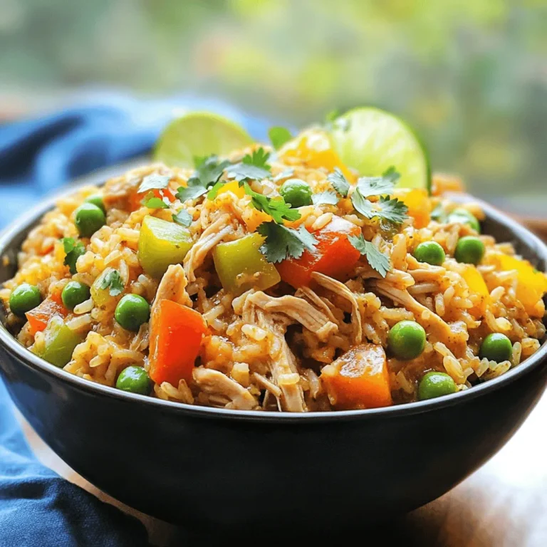 For this Instant Pot Chicken and Rice, I use fresh and simple ingredients. This dish combines flavors to create a tasty meal. You will love how easy it is! Here’s what you need: - 2 cups brown rice, thoroughly rinsed - 1 lb boneless, skinless chicken thighs - 1 medium onion, finely chopped - 3 cloves garlic, minced - 1 bell pepper, diced (choose your favorite color) - 1 can (15 oz) diced tomatoes, undrained - 2 ½ cups chicken broth - 1 cup frozen peas - 2 tablespoons olive oil The spices bring this dish to life. I use: - 1 teaspoon smoked paprika - 1 teaspoon ground cumin - ½ teaspoon chili powder - Salt and freshly ground black pepper, to taste These ingredients and spices create a warm, comforting meal. You’ll enjoy each bite! First, grab your Instant Pot. Set it to 'Sauté' mode. Add 2 tablespoons of olive oil to the pot. Let it heat up for a moment. You want the oil warm but not smoking. This step helps bring out the flavor. Once the oil is hot, add 1 medium onion, finely chopped. Stir it gently for about 2-3 minutes. You want the onion to turn soft and clear. Next, add 3 cloves of minced garlic. Keep stirring for another minute. The smell will be amazing! Now, toss in 1 diced bell pepper. Cook it for 2 more minutes. This mix is the base of our dish. Now it's time for the fun part! Move the veggies to the side of the pot. Add 1 lb of seasoned chicken thighs in the center. Sear each side for 2-3 minutes until golden brown. This step gives the chicken great flavor. Next, pour in 2 cups of rinsed brown rice and 1 can of diced tomatoes, undrained. Then, add 2 ½ cups of chicken broth. Stir well to mix everything together. Secure the lid and set the valve to 'Sealing'. Switch to 'Manual' mode and set the timer for 22 minutes on high pressure. When the time is up, let the pressure drop naturally for 10 minutes. Then, switch the valve to 'Venting' to let out any extra steam. Open the lid carefully. Remove the chicken and shred it using two forks. Mix the shredded chicken back into the pot. Add 1 cup of frozen peas and let it sit for 5 minutes. This allows the peas to warm up. Taste your dish and adjust the salt and pepper if needed. Enjoy your Instant Pot chicken and rice! For the full recipe, check the earlier section. To get the best rice texture, rinse the brown rice well. This step helps remove excess starch. It keeps your rice fluffy and prevents it from being sticky. I recommend a 1:1.25 ratio of rice to liquid. For this recipe, use 2 cups of brown rice and 2.5 cups of chicken broth. This balance gives you the perfect texture. If you use chicken breasts instead of thighs, reduce the cooking time. Cook the chicken breasts for about 18 minutes instead of 22. Chicken thighs are more forgiving and keep moisture better. If you use bone-in cuts, add five extra minutes to the cooking time. Always check for doneness before serving. To boost flavor, try adding herbs like thyme or rosemary. A splash of lime juice adds brightness. You can also stir in a tablespoon of soy sauce for a savory kick. For heat, add a pinch of cayenne pepper or red pepper flakes. Experimenting with spices can create a new twist on this classic dish. For the full recipe, refer to Instant Pot Zesty Chicken & Rice Delight. {{image_4}} You can easily swap chicken for other proteins. Try turkey, beef, or even shrimp. Each protein gives a new taste to your dish. If you use turkey or beef, adjust the cooking time. Shrimp cooks faster, so add it in the last few minutes. This change keeps the meal exciting and fresh. Adding veggies boosts the nutrition and flavor of your meal. You can mix in carrots, zucchini, or spinach. Simply chop them up and add them with the rice. Frozen mixed vegetables work well, too. Adding vegetables helps make your meal colorful and healthy. You can give your dish a global flair. Add soy sauce and ginger for an Asian twist. For a Mexican vibe, use black beans, corn, and taco seasoning. The spices in your kitchen can change the whole meal. Feel free to experiment with flavors. This way, every time you cook, it feels like a new dish. Try different herbs, too, like thyme or rosemary. You’ll discover amazing combinations! For the full recipe, you can refer back to the earlier section. After cooking, let the chicken and rice cool for a bit. Store any leftovers in an airtight container. You can keep it in the fridge for up to four days. Make sure to label the container with the date. This helps you track freshness. To freeze, use freezer-safe containers or bags. Portion the dish into smaller servings for easy use later. The dish can stay fresh in the freezer for up to three months. When you’re ready to eat, just thaw in the fridge overnight. For reheating, use the microwave or stove. If using the microwave, add a splash of water to keep it moist. Heat for 1-2 minutes, stirring halfway. On the stove, warm it in a pan over low heat. Stir it well and add a bit of broth if it’s too dry. Enjoy your meal! Yes, you can use brown rice. Brown rice takes longer to cook than white rice. It adds more texture and nutrients to your dish. Just remember to adjust the cooking time. For brown rice, cook for 22 minutes under high pressure. To make this recipe gluten-free, check the chicken broth label. Some broths contain gluten. Use broth marked gluten-free. All other ingredients are naturally gluten-free. This way, you can enjoy a tasty meal without worry. You can serve this dish with many sides. Here are a few ideas: - Steamed broccoli or green beans - A fresh garden salad - Sliced avocado for creaminess - Warm tortillas or crusty bread These pair well and add variety to your meal! This blog post covered all you need for a tasty Instant Pot Chicken and Rice dish. We looked at essential ingredients, step-by-step cooking, and tips for perfect texture. You learned about variations and how to store your meal. I hope you feel ready to try this recipe. It's simple and fun! Enjoy experimenting with flavors and make it your own. With a few tweaks, you'll create a dish that fits your taste. Happy cooking!