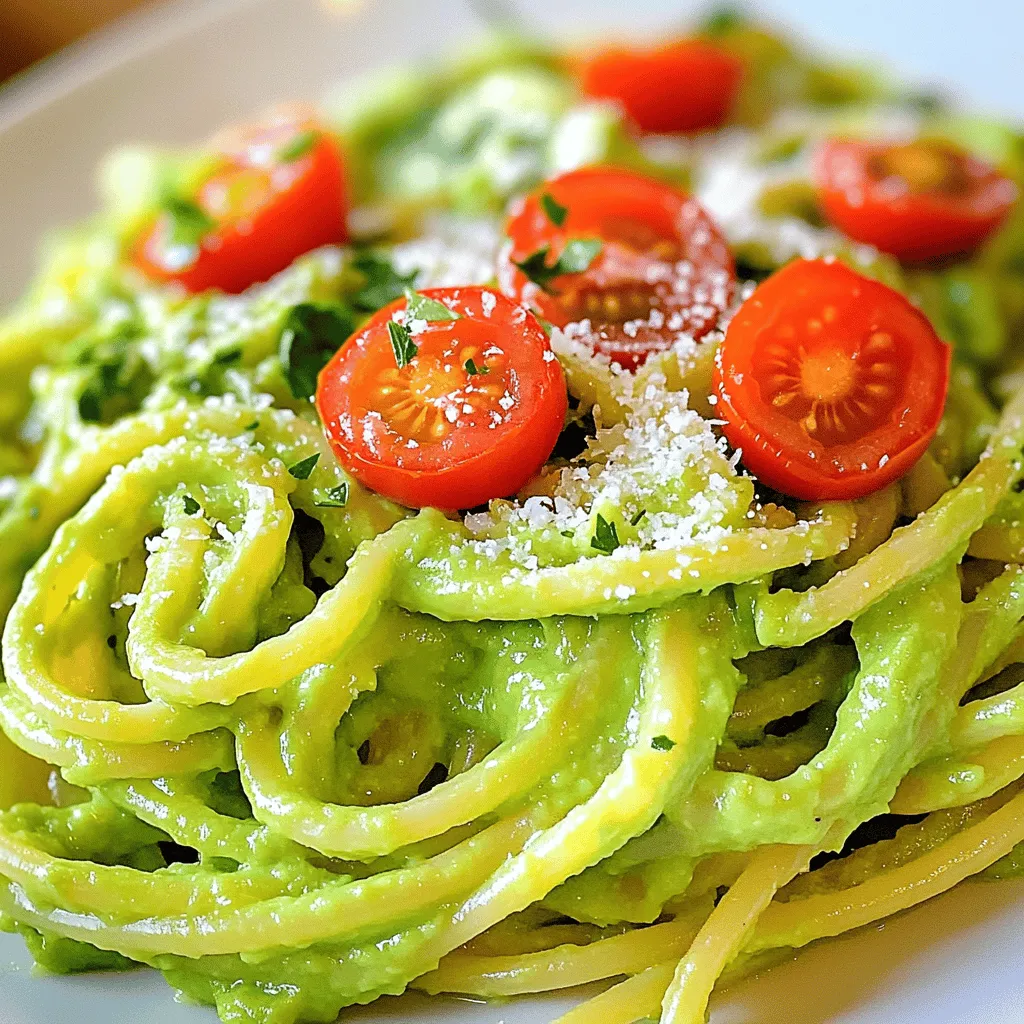 - 2 ripe avocados, pitted and peeled - 2 cloves garlic, minced - 1 tablespoon fresh lemon juice - ¼ cup fresh basil leaves, packed - ½ cup Greek yogurt (or dairy-free yogurt for a vegan option) - Salt and freshly ground black pepper to taste - 12 ounces spaghetti or pasta of your choice - 2 tablespoons extra virgin olive oil - ¼ teaspoon red pepper flakes (optional for a kick) - Cherry tomatoes, halved (for garnish) - Freshly grated Parmesan cheese (optional for serving) Avocados are the star of this dish. They offer a creamy texture and a rich taste. They are packed with healthy fats and nutrients. Each avocado gives you fiber, vitamins, and minerals. You can make this meal in just 20 minutes! Avocados are great for your health. They can help lower bad cholesterol. They also support heart health. Each serving contains about 350 calories, depending on the pasta type you use. If you need gluten-free options, choose gluten-free pasta. You can find many brands that taste great. For a vegan dish, swap Greek yogurt with a dairy-free option. You can also skip the cheese or use a vegan cheese. Making these changes keeps the dish delicious for everyone. To make the perfect creamy avocado pasta, start by boiling the pasta. Fill a large pot with salted water and bring it to a boil. Add your pasta and cook until it is al dente. This means it should be firm but not hard. Follow the package instructions for timing. Once done, don't forget to reserve half a cup of the pasta water before draining. This water helps adjust the sauce later. Now, let's make the creamy avocado sauce. In a food processor, combine the ripe avocados, minced garlic, lemon juice, fresh basil, Greek yogurt, salt, and pepper. Blend everything until it is smooth. If the mixture feels too thick, add a bit of the reserved pasta water. This will help you get the right creamy texture. Scrape down the sides as needed to ensure everything blends well. Next, heat your pasta. In a large skillet, add the extra virgin olive oil and warm it over medium heat. Once hot, add the drained pasta and toss it to coat with the oil. Lower the heat to keep it gentle. Now pour the creamy avocado sauce over the pasta. Stir well to blend, but don’t cook it too long. You want the sauce to stay creamy. If you like some heat, sprinkle in red pepper flakes. Taste the pasta and adjust the seasoning with salt and pepper. That’s it! You’re ready to enjoy your creamy avocado pasta. Check the [Full Recipe] for more details! To make great creamy avocado pasta, you need ripe avocados. Look for avocados that are firm but yield slightly to gentle pressure. A dark green color often means they are ripe. Avoid avocados that are too soft or have dark spots. To keep your avocado sauce from browning, add fresh lemon juice right after you blend. Store any leftover sauce in an airtight container, pressing plastic wrap against the top to limit air exposure. You can boost the taste of your pasta by adding fresh herbs. Try mixing in parsley or mint for a fresh twist. You can also add toppings like toasted pine nuts, crumbled feta, or even grilled chicken for extra flavor. Creamy avocado pasta pairs well with a simple green salad. A light vinaigrette complements the dish perfectly. For drinks, chilled white wines like Sauvignon Blanc are great choices. You can also serve it with sparkling water and lemon for a refreshing option. For the full recipe, check out the recipe section earlier in the article. {{image_4}} To make this dish vegan, swap Greek yogurt for dairy-free yogurt. You can also use nutritional yeast for a cheesy flavor. This keeps the creamy texture and taste while being plant-based. Adding protein makes this dish heartier. For chicken, cook it in a skillet until golden. Shrimp cooks quickly, just a few minutes on each side. Tofu can be sautéed until crispy for a tasty vegan option. Mix any cooked protein into the pasta after adding the sauce. You can boost flavor by adding sun-dried tomatoes or olives. Spinach adds color and nutrients. For cheese lovers, try goat cheese or feta for a creamy touch. These options add more depth and excitement to your creamy avocado pasta. For the full recipe, check the details above! To keep your creamy avocado pasta fresh, store it in an airtight container. Place it in the fridge right after eating. The pasta stays good for about 2 to 3 days. Avocado can brown over time, so try to eat it quickly. Can you freeze the avocado sauce? Yes, you can! Freeze it in a freezer-safe container. It stays fresh for up to 3 months. Store the pasta separately from the sauce. Cooked pasta does not freeze well. When frozen, it can become mushy. Reheat your pasta gently to keep it creamy. Use low heat on the stove or in the microwave. Add a splash of water or olive oil if it seems dry. Aim for a temperature of around 165°F (74°C) to ensure it’s warm throughout. Enjoy your delicious dish again with perfect texture! Yes, you can. However, avocados brown quickly. This can change the look of your dish. To prevent browning, keep the sauce fresh. Store it in an airtight container. Add lemon juice to help. If you plan to serve later, make the sauce right before mealtime. This keeps it bright and tasty. If you want a different option, try sour cream. You can also use cottage cheese. For a vegan choice, use silken tofu or cashew cream. These will keep the creamy texture while adding flavor. Each option gives you a unique taste. Yes, creamy avocado pasta is healthy. Avocados are rich in healthy fats and fiber. They provide vitamins too. Greek yogurt adds protein and probiotics. This dish is lighter than traditional creamy pasta. It has fewer calories and less fat. Enjoy a guilt-free meal with great taste! In this article, we explored how to make creamy avocado pasta. We discussed key ingredients like avocados, garlic, and yogurt. You learned step-by-step cooking instructions, along with valuable tips for flavor and texture. We also covered variations, dietary options, and storage methods. Overall, this dish is simple, healthy, and versatile. Don't hesitate to tweak the recipe to match your taste. Enjoy your cooking adventure with this creamy, delicious pasta!