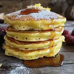 For perfect lemon ricotta pancakes, you need a few key ingredients. Here’s what you will need: - 1 cup ricotta cheese - 1 cup all-purpose flour - 1/4 cup granulated sugar - 1/2 teaspoon baking powder - 1/4 teaspoon baking soda - 1/4 teaspoon sea salt - 2 large eggs - 1 cup milk (whole or 2%) - Zest of 1 large lemon - 2 tablespoons freshly squeezed lemon juice - 1 teaspoon pure vanilla extract - Butter or vegetable oil for cooking These ingredients work together to create a light and fluffy texture. The ricotta adds creaminess and richness, while the lemon zest and juice provide a bright, zesty flavor. You can customize your pancakes with a variety of toppings and add-ins. Here are some ideas to make them even more delightful: - Fresh berries (strawberries, blueberries, raspberries) - Maple syrup or honey - Whipped cream - Chopped nuts (walnuts, pecans) - A sprinkle of powdered sugar - A dollop of yogurt Feel free to mix in blueberries or chocolate chips into the batter for a fun twist. These options add flavor and texture, making each bite special. Using high-quality ingredients makes a big difference. Here are some tips: - Choose fresh ricotta cheese for the best taste. - Use organic eggs for better flavor and nutrition. - Fresh lemons give the best zest and juice. - Look for pure vanilla extract, not imitation. These small choices elevate your pancakes from ordinary to extraordinary. Quality ingredients lead to a better flavor, making your pancakes a true treat. For the complete recipe, check out the Full Recipe section! To start, gather your ingredients. You will need ricotta cheese, eggs, milk, lemon juice, lemon zest, and vanilla extract. In a large bowl, whisk them together. Make sure the mixture is smooth. The ricotta should break down well. Next, take another bowl for the dry mix. Combine all-purpose flour, sugar, baking powder, baking soda, and sea salt. Sifting these ingredients helps aerate the flour. This step makes your pancakes light and fluffy. Then, slowly add the dry mix to the wet mix. Use a spatula to fold them together. Be gentle; you can leave some lumps. Over-mixing can make the pancakes tough. Now, heat your non-stick skillet over medium heat. Add a little butter or oil to the pan. You want it hot enough that a drop of water sizzles when it hits the surface. Pour 1/4 cup of batter onto the skillet for each pancake. Cook until you see small bubbles on the surface, about 3-4 minutes. When the edges look set, flip the pancake. Cook for another 2-3 minutes until it turns golden brown. Keep cooking until you use all the batter. Add more butter or oil as needed. Adjust the heat so the pancakes cook evenly and do not burn. Serve your pancakes warm for the best taste. Add fresh berries, maple syrup, or powdered sugar on top. You can stack them high on a pretty plate. Garnish with lemon slices and mint for a nice touch. For extra fun, include whipped cream on the side. Find the full recipe in the main article if you want to try these pancakes today! To make your pancakes fluffy, focus on mixing. When you whisk the ricotta, eggs, and milk, mix until smooth. Do not over-mix after adding dry ingredients. Small lumps are okay. This keeps the batter light. Another tip is to let the batter rest for a few minutes. This allows the flour to absorb moisture, making your pancakes even fluffier. One common mistake is using cold ingredients. Always use room temperature eggs and milk. Cold ingredients can make your pancakes dense. Another mistake is cooking on high heat. This can burn the outside while leaving the inside raw. Cook on medium heat for the best results. Lastly, don't skip the lemon zest. It adds a lovely flavor that brightens each bite. Serve your pancakes warm for the best taste. Stack them high on a nice plate. Add fresh berries, whipped cream, or a dusting of powdered sugar for fun. A few lemon slices and mint can make it look fancy. For a twist, drizzle with honey or maple syrup. These little touches make your dish pop and impress your guests. Remember, presentation can make a simple dish feel special. For the full recipe, check out the Lemon Ricotta Pancakes Delight section above. {{image_4}} You can add fresh blueberries to the batter. This twist adds sweetness and color. Use about 1 cup of blueberries. Gently fold them in to avoid breaking them. The blueberries burst when cooked, giving you juicy pockets in each bite. This option pairs perfectly with a drizzle of lemon syrup. For a gluten-free version, swap the all-purpose flour with a gluten-free blend. Make sure to choose a blend that includes xanthan gum. This keeps your pancakes fluffy and light. Another option is to use almond flour, which adds a nice nutty flavor. Just remember, almond flour may yield denser pancakes. If you prefer a vegan recipe, ricotta can be replaced with cashew cream. Simply blend soaked cashews with a bit of water, lemon juice, and some nutritional yeast. This will give a creamy texture. You can also try silken tofu blended with lemon juice and a touch of maple syrup. This choice keeps your pancakes moist and flavorful. For the full recipe, check out the Lemon Ricotta Pancakes Delight 🥞 section. To store leftover pancakes, let them cool first. Place them in an airtight container. You can also layer parchment paper between each pancake. This way, they won't stick together. Store the container in the fridge for up to three days. This keeps them fresh and ready for a quick breakfast. When you're ready to reheat, you have a few choices. The microwave is quick. Place a pancake on a microwave-safe plate, cover it with a damp paper towel, and heat for about 30 seconds. If you want them crispy, use a skillet. Heat a small amount of butter in the pan and warm each pancake for about 1-2 minutes on each side. This gives them a nice texture. To freeze pancakes, stack cooled pancakes with parchment paper between each one. Wrap them tightly in plastic wrap or place them in a freezer bag. Remove as much air as possible to avoid freezer burn. You can freeze them for up to two months. To reheat frozen pancakes, let them thaw in the fridge overnight and follow the reheating instructions. Enjoy your Lemon Ricotta Pancakes even when the mood strikes! For the full recipe, check out the details earlier in the article. Yes, you can make these pancakes ahead of time. Cook the pancakes and let them cool. Store them in an airtight container in the fridge. They stay good for about 3 days. When you want to eat them, just reheat in a toaster or microwave. This way, you save time on busy mornings. If you don’t have ricotta cheese, you can use cottage cheese instead. Blend it until smooth for a similar texture. You can also try cream cheese or even Greek yogurt. These options keep the pancakes creamy and tasty. To make these pancakes healthier, use whole wheat flour instead of all-purpose flour. You can reduce the sugar by half or use a natural sweetener like honey or maple syrup. Adding fruit, like blueberries or bananas, boosts nutrition and flavor. These changes keep your pancakes delicious and guilt-free. You now know the key ingredients for delicious Lemon Ricotta Pancakes. I shared tips on making batter, cooking, and serving them. We explored tasty variations, storage tips, and answered common questions. These pancakes shine at breakfast or brunch. With the right ingredients and steps, you can impress anyone. Enjoy your cooking adventure, and get creative with your toppings!