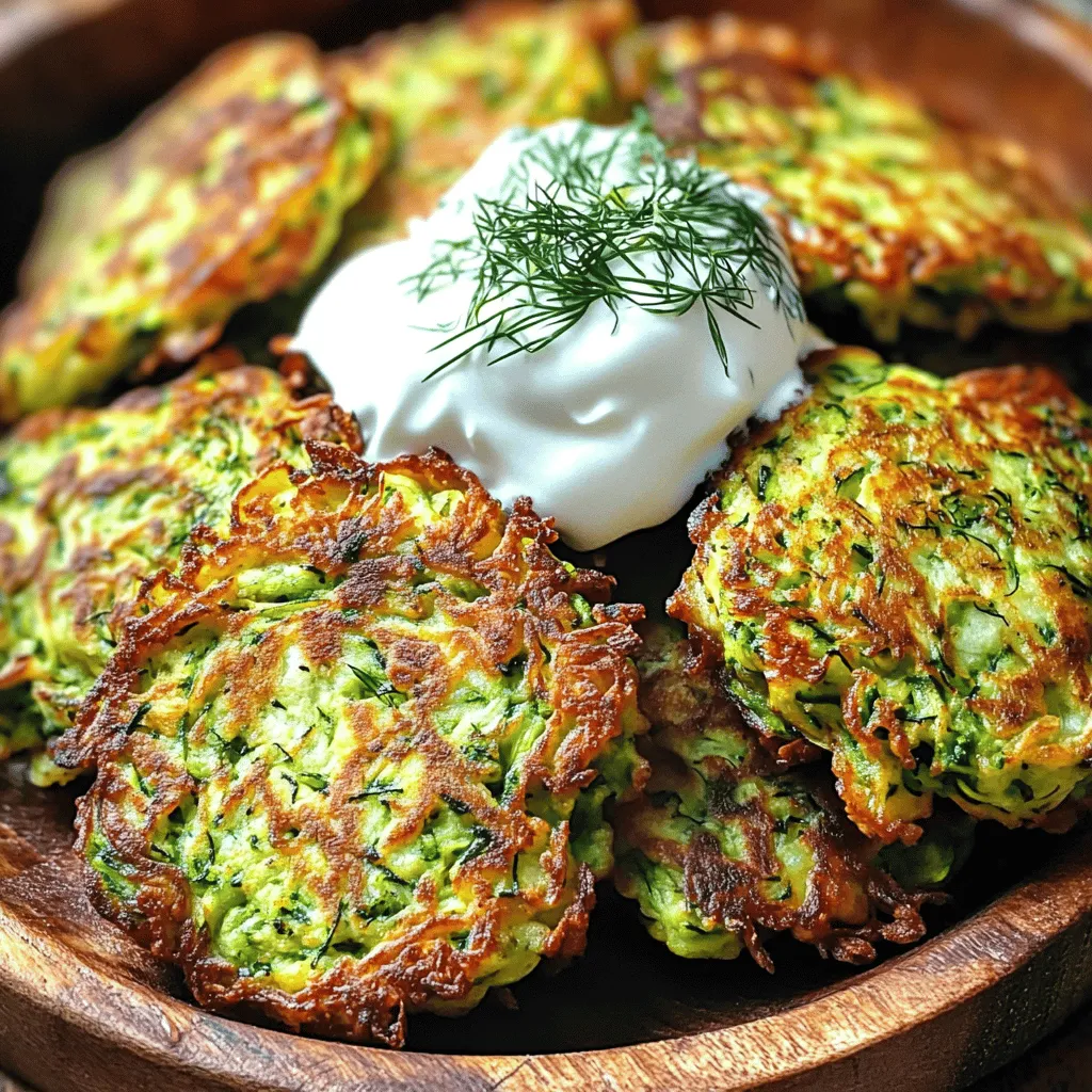 - 2 medium zucchinis, finely grated - ½ cup all-purpose flour - ¼ cup freshly grated Parmesan cheese - 1 large egg, beaten - 1 green onion, finely chopped Zucchini is the star of this dish. It gives the fritters a nice texture and flavor. The all-purpose flour helps bind the ingredients together. Parmesan cheese adds a rich, savory taste. The egg acts as a glue to hold everything. Green onion adds a fresh, mild onion flavor that brightens the fritters. - 1 teaspoon sea salt - ½ teaspoon freshly ground black pepper - ¼ teaspoon cayenne pepper (optional for a kick of heat) Seasoning is key to making these fritters pop. Sea salt enhances the natural flavors of the zucchini. Black pepper adds a bit of warmth. If you like some heat, cayenne pepper gives it a nice kick without overpowering the dish. - 3 tablespoons olive oil (for frying) - Sour cream or Greek yogurt for serving - Fresh herbs (such as dill or parsley) for garnish Olive oil keeps the fritters from sticking and helps them get crispy. Serving them with sour cream or Greek yogurt adds creaminess. Fresh herbs not only look pretty but also add a burst of fresh flavor. You can find the full recipe above to guide you through the cooking process. Grating the zucchini Start by grating the zucchini. Use a box grater or food processor. Make sure you have about two medium zucchinis. The finer you grate them, the better the fritters will hold together. Drawing out moisture with salt Once grated, sprinkle one teaspoon of sea salt on the zucchini. Mix it well, then let it sit for about 10 minutes. This helps to remove excess moisture, which is key for crispy fritters. Combining zucchini with flour and seasonings After the zucchini has rested, grab a clean kitchen towel. Gather the edges of the towel and squeeze out the moisture. Transfer the dry zucchini to a large bowl. Now add ½ cup of all-purpose flour, along with black pepper and optional cayenne pepper for some heat. Adding egg and cheese Next, add one beaten egg and ¼ cup of grated Parmesan cheese to the mixture. Toss in a finely chopped green onion and two minced garlic cloves. Stir everything together until it forms a thick, cohesive mixture. Heating the skillet Heat a large non-stick skillet over medium heat. Add two tablespoons of olive oil and let it heat until it shimmers. This step is important for even cooking. Forming and frying the fritters Using a tablespoon, scoop out a portion of the mixture. Drop it into the hot skillet and flatten it gently. Aim for fritters about half an inch thick. Cook for 3-4 minutes on each side until they are golden brown. Draining excess oil Once cooked, remove the fritters and place them on a paper towel-lined plate to drain any excess oil. If you need to cook more, add more olive oil to the skillet as needed. Enjoy these fritters hot with your choice of sour cream or Greek yogurt! For the full recipe, check out the detailed ingredient list and steps above. To get the right mix for your zucchini fritters, start with the zucchini. Grate it finely to help it blend well. Sprinkle salt on the grated zucchini. This step draws out moisture, which is key. Let it sit for ten minutes, then squeeze out the excess water using a clean towel. This will prevent soggy fritters. Next, when you cook the fritters, keep your skillet at medium heat. If it is too hot, the outside burns before the inside cooks. If it is too low, the fritters won't crisp up. Aim for a golden brown on each side. This takes about three to four minutes. For a stunning presentation, stack the fritters on a colorful plate. Add a dollop of sour cream or Greek yogurt on top. Fresh herbs like dill or parsley add a nice touch. You can also serve lemon wedges on the side. They give a bright flavor that pairs well with the fritters. To make your fritters more exciting, add herbs or spices. Fresh dill or basil adds a fresh taste. You can also mix in garlic powder or onion powder for depth. If you're looking for a different cheese, try feta or goat cheese instead of Parmesan. These give a unique flavor twist that elevates your dish. {{image_4}} To make your zucchini fritters stand out, try these fun twists: - Spicy zucchini fritters with jalapeños: For a kick, add diced jalapeños to your mix. This will bring heat and flavor to each bite. - Cheesy zucchini fritters with different cheeses: Swap out Parmesan for cheddar or feta. Each cheese will give a unique taste and texture. If you have specific dietary needs, these options help: - Gluten-free option with almond flour: Use almond flour instead of all-purpose flour. This keeps the fritters tasty and safe for gluten-free diets. - Vegan zucchini fritters using flax egg: Replace the egg with a flax egg. Combine one tablespoon of ground flaxseed with three tablespoons of water. Let it thicken for a few minutes before mixing it in. Zucchini fritters are versatile: - Appetizers, snacks, or main courses: You can serve them as a light snack or a full meal. They fit any occasion. - Accompaniments like salads or dips: Pair them with a fresh salad or a tangy dip. Sour cream or Greek yogurt works well, adding creaminess to balance the flavors. For the full recipe, check out the Zesty Zucchini Fritters. Enjoy your cooking adventure! To keep your zucchini fritters fresh, refrigerate them within two hours of cooking. Place them in an airtight container. This helps to maintain their taste and texture. You can store them in the fridge for up to three days. If you want to save them for longer, freezing is a great option. Wrap each fritter in plastic wrap and place them in a freezer bag. They can last up to three months in the freezer. When you are ready to enjoy your leftovers, reheating them can be simple. The best way to reheat zucchini fritters is in an oven or skillet. Preheat your oven to 375°F (190°C). Place the fritters on a baking sheet and heat for about 10-12 minutes. This keeps them crispy. If you use a skillet, add a little olive oil and heat on medium. Fry each fritter for about two minutes on each side. Avoid the microwave if you can, as it makes them soggy. In the fridge, zucchini fritters stay fresh for about three days. Always check for signs of spoilage before eating. If they smell off or show mold, throw them away. Fresh zucchini fritters should have a nice golden color and a pleasant aroma. Always trust your senses when it comes to food safety. For more details, check the Full Recipe. Zucchini fritters are small, savory cakes made from grated zucchini. They have a crispy outside and a soft inside. These fritters are popular in many cuisines and date back to ancient times. They often serve as appetizers, snacks, or side dishes. You can find them in many variations around the world. They are easy to make and taste great! Yes, you can use frozen zucchini for fritters. However, there are pros and cons. Pros: - Frozen zucchini is convenient and saves prep time. - It is often available year-round. Cons: - Frozen zucchini may have more moisture than fresh. - The texture can change, making them less crisp. If you decide to use frozen zucchini, thaw and drain it well. This helps to remove excess moisture. To make zucchini fritters crispy, follow these key tips: - Remove Excess Moisture: After grating, salt the zucchini. Let it sit to draw out water. Squeeze it dry using a towel. - Use the Right Flour: All-purpose flour helps bind the mixture. It also adds crispiness. - Heat the Oil Properly: Make sure the oil is hot before adding the fritters. The right heat locks in the moisture, creating a crispy outer layer. - Don’t Crowd the Pan: Fry in small batches. This allows heat to circulate, ensuring each fritter cooks evenly. These tips will help you achieve the perfect crispiness in your zucchini fritters. For more details, check the full recipe. This blog post covered how to make tasty zucchini fritters with simple steps. We discussed choosing fresh ingredients and shared clear methods for preparation and cooking. You learned tips for perfect texture and flavor, plus how to store any leftovers. Zucchini fritters are fun and easy to make. Try adding your own twist to the recipe. Enjoy them as snacks, apps, or even meals. You can create something delicious that everyone will love. Happy cooking!
