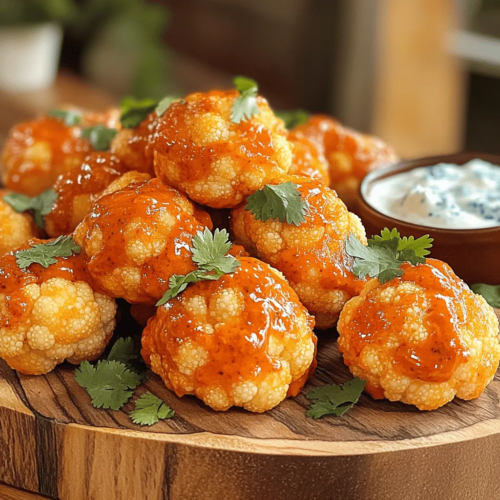 - 1 large head of cauliflower, trimmed and cut into bite-sized florets - 1 cup all-purpose flour (substitute with gluten-free flour for a gluten-free option) - 1 cup water (or your choice of plant-based milk) - 1 teaspoon garlic powder - 1 teaspoon onion powder - 1 teaspoon smoked paprika - 1/2 teaspoon salt - 1/2 teaspoon freshly ground black pepper - 1 cup buffalo sauce (store-bought or homemade for a personal touch) - 2 tablespoons extra virgin olive oil - Fresh cilantro or parsley, finely chopped, for garnish - Optional: blue cheese or ranch dressing for a creamy dipping option When I make buffalo cauliflower bites, I always start with fresh ingredients. The large head of cauliflower is key. It should be firm and bright white. Next, I choose all-purpose flour, but you can use a gluten-free version if needed. Water or plant-based milk helps create a nice batter. I like to add garlic powder, onion powder, and smoked paprika for flavor. These spices give the bites a tasty kick. Don’t forget the salt and black pepper; they enhance all the flavors. Buffalo sauce is the star of this dish. You can buy it or make your own for a special touch. I use extra virgin olive oil to help with baking and add richness. Finally, fresh herbs like cilantro or parsley make a great garnish. If you want a creamy dip, blue cheese or ranch dressing pairs perfectly. Each ingredient plays a role in making these bites crispy and full of flavor. You can find the full recipe to make these delicious snacks. - Preheat your oven to 450°F (230°C). This high heat helps create crispy bites. - Cut the cauliflower into bite-sized florets. Aim for even sizes for uniform cooking. - In a bowl, whisk together 1 cup of all-purpose flour, 1 cup of water, 1 teaspoon of garlic powder, 1 teaspoon of onion powder, 1 teaspoon of smoked paprika, 1/2 teaspoon of salt, and 1/2 teaspoon of black pepper. Mix until smooth with no lumps. This is your tasty batter. - Dip each cauliflower floret into the batter. Make sure each piece is fully coated. Let excess batter drip off. - Place the coated florets on a lined baking sheet. Space them out so they crisp up nicely. - Bake for about 25 minutes until they turn golden brown and crispy. Keep an eye on them for that perfect crunch. - While baking, mix 1 cup of buffalo sauce with 2 tablespoons of olive oil in a small bowl. This adds richness and depth to your sauce. - Once baked, take the cauliflower out and toss it in the buffalo sauce mixture. Ensure every bite is drenched in flavor. - Spread the sauced cauliflower back on the baking sheet. Bake for another 10 minutes to set the sauce and enhance the flavor. - After baking, allow the bites to cool for a few minutes. Garnish with chopped cilantro or parsley for a fresh touch. Enjoy these Buffalo Cauliflower Bites as a fun snack or appetizer. For the full recipe, check out the details above. To get crispy buffalo cauliflower bites, follow some simple tips. First, ensure you space the florets well on the baking sheet. This step allows hot air to circulate around them, helping them crisp up. Second, bake at a high temperature of 450°F (230°C). This heat creates a nice golden crust. If you want an extra crunch, try adding a bit of cornmeal to the batter. This small tweak can make a big difference in texture. Spicing up your buffalo cauliflower bites can elevate the flavor. You can add more spices to the batter, like cayenne pepper or chili powder, for extra heat. If you love garlic, toss in more garlic powder for a stronger taste. You can also mix in some ranch seasoning for a fun twist. If you want to take it further, drizzle some extra buffalo sauce on the finished bites. This will give each bite a burst of flavor. Serving matters as much as taste. Arrange the buffalo cauliflower bites on a large platter. You can line the platter with fresh greens, like lettuce or kale, to add color. Place small bowls of ranch or blue cheese dressing around the bites. This not only looks great but also makes it easy for guests to dip. For a final touch, sprinkle chopped cilantro or parsley on top. This adds freshness and a pop of color. {{image_4}} To make buffalo cauliflower bites gluten-free, you can substitute all-purpose flour with a gluten-free flour blend. Options like almond flour, chickpea flour, or a store-bought gluten-free mix work well. Just ensure the blend is suitable for frying. Whisk it together with water, garlic powder, and spices until smooth. This keeps the bites crispy and delicious without gluten. You can easily adjust the heat of your buffalo cauliflower bites based on your taste. If you like it mild, use less buffalo sauce or mix it with some honey or barbecue sauce. For more heat, add cayenne pepper or hot sauce to the batter. This way, you control the spice to fit your preference. Experiment with different levels until you find your perfect kick! While buffalo sauce is classic, don’t stop there! Try other sauces to switch it up. BBQ sauce gives a smoky twist, while teriyaki adds sweetness. You can even mix sauces for a unique flavor. Just toss your baked cauliflower bites in your chosen sauce after baking. This lets you explore new taste profiles and keep things exciting. To store leftover buffalo cauliflower bites, place them in an airtight container. Make sure they are cool before sealing. This keeps them fresh for up to three days. When you're ready to eat, take them out of the fridge. They taste best when reheated. The best way to reheat them is in an oven. Preheat your oven to 350°F (175°C). Place the bites on a baking sheet and heat for about 10-15 minutes. This method keeps them crispy. You can also use an air fryer for this. Set it to 350°F (175°C) and heat for about 5-7 minutes. If you want to freeze the bites, first let them cool completely. Arrange them in a single layer on a baking sheet. Freeze for a few hours until solid. Then, transfer them to a freezer-safe bag. They can last up to three months. To thaw, place them in the fridge overnight before reheating. Enjoy them just as delicious as when they were fresh! For the full recipe, refer back to the earlier sections. Yes, you can make Buffalo Cauliflower Bites in an air fryer. It’s simple and gives great results. 1. First, preheat your air fryer to 400°F (200°C). 2. Prepare the cauliflower bites just like in the oven method. 3. Coat them in the batter and place them in the air fryer basket. 4. Make sure they are in a single layer for even cooking. 5. Cook for about 15-20 minutes. Shake the basket halfway through for crispness. 6. After air frying, toss the bites in buffalo sauce and return them to the air fryer for 2-3 more minutes. This method keeps them crispy and saves time. Buffalo Cauliflower Bites pair well with many sides and dips. Here are some great options: - Celery sticks for a fresh crunch - Carrot sticks for a sweet touch - Blue cheese dressing for a creamy dip - Ranch dressing for a mild flavor - Guacamole for a creamy, green alternative These sides balance the heat and add fun to your snack. You can easily adjust the heat level of Buffalo Cauliflower Bites. Here’s how: - For spicier: Add more buffalo sauce or mix in cayenne pepper to the batter. - For milder: Use less buffalo sauce or choose a mild variety. You can also mix in some honey for sweetness. This way, you can cater to your taste and spice levels. Enjoy your flavorful, crispy snack! For the full recipe, check out the detailed instructions above. Buffalo cauliflower bites combine flavor and health. We covered the best ingredients and step-by-step instructions. You learned how to prepare, coat, and bake the bites until crispy. Remember to experiment with spices and sauces to fit your taste. Use storage tips to keep leftovers fresh. These bites work great for parties or casual snacks. Enjoy making them your own, and savor every crunchy bite. This recipe is sure to impress friends and family alike!