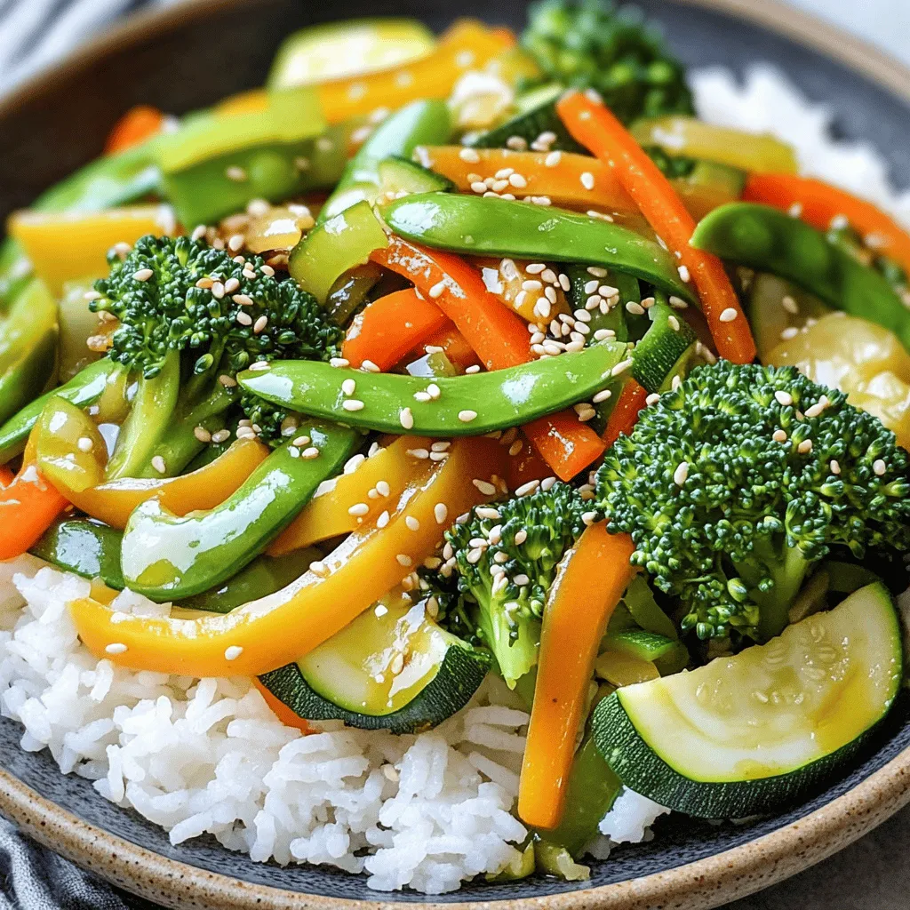 - 1 cup fresh broccoli florets - 1 medium bell pepper (choose red or yellow for color) - 1 large carrot, peeled and julienned - 1 cup snap peas, trimmed - 1 medium zucchini, sliced into half-moons - 3 cloves garlic, finely minced - 1-inch piece fresh ginger, freshly grated - 3 tablespoons soy sauce (or tamari for a gluten-free option) - 1 tablespoon toasted sesame oil - 1 tablespoon extra virgin olive oil - Salt and pepper to taste - 1 tablespoon sesame seeds (optional, for garnish) - Cooked rice or noodles (opt for jasmine rice or whole grain noodles for added flavor) - Serve in vibrant bowls for a colorful display - Garnish with extra sesame seeds or fresh herbs like cilantro or green onions Using these fresh vegetables and flavors makes this easy veggie stir fry a healthy and quick dinner option. You’ll love how bright and tasty it looks on the plate. For the full recipe, check out the complete instructions to guide you through the cooking process. Start with clean vegetables. Wash the broccoli, bell pepper, carrot, snap peas, and zucchini. Cut the broccoli into small pieces. Slice the bell pepper into thin strips. Julienne the carrot into matchsticks. Trim the snap peas and slice the zucchini into half-moons. Place all the veggies in bowls for easy access while you cook. Heat a large non-stick pan or wok over medium-high heat. Add olive oil when the pan is hot. Next, toss in minced garlic and grated ginger. Sauté them for about 30 seconds until they smell good. Now, add the broccoli and julienned carrots first. Stir-fry these for 2-3 minutes until they soften a bit. Then, add the bell pepper, snap peas, and zucchini. Pour in soy sauce and toasted sesame oil. Stir-fry for 3-4 minutes until all veggies are tender but still crunchy. Taste your stir-fry and add salt and pepper if needed. If you want, sprinkle some sesame seeds on top for a nice touch. Serve the vibrant mix over fluffy rice or noodles. This makes your meal complete and satisfying. For a beautiful display, use colorful bowls and add fresh herbs as a garnish. You can find the Full Recipe for more detailed guidance. To master stir-frying, start with high heat. Heat your pan or wok until it’s very hot. Use a non-stick pan for easy cooking. Keep all your ingredients ready. This makes cooking fast and fun. Stir your veggies quickly to keep them crisp. Aim for bright colors and keep an eye on them. Always add harder veggies first so they cook well. One common mistake is overcrowding the pan. When the pan is too full, the heat drops. This leads to soggy veggies. Another mistake is not cutting the veggies evenly. If the sizes differ, they cook at different times. Finally, don’t skip the seasoning. A little salt and pepper go a long way in flavor. When you have leftovers, store them in an airtight container. You can reheat them in the microwave or on the stove. For a twist, add the stir-fry to a salad or wrap. It tastes great cold or warm. If you want a new meal, mix it with scrambled eggs. This gives you a tasty breakfast option. Check out the Full Recipe for more ideas. {{image_4}} You can easily boost your veggie stir fry with protein. Adding protein makes it more filling and tasty. Here are some great options: - Tofu: Use firm or extra-firm tofu. Press it to remove extra water, then cut into cubes. Stir-fry it until golden. - Chicken: Slice boneless chicken breast into thin strips. Cook it until no longer pink before adding the veggies. - Shrimp: Use peeled and deveined shrimp. They cook quickly and add a nice flavor. - Tempeh: Cut tempeh into thin slices. Sauté until crispy for a nutty flavor. Adding protein gives your dish a new twist and makes it more satisfying. If you need gluten-free or vegan options, you can still enjoy this stir fry. Here’s how: - Soy Sauce: Swap regular soy sauce for tamari. Tamari is gluten-free and has a similar taste. - Oils: Use the same oils, as they are naturally gluten-free. - Veggies: Stick to fresh vegetables. All the ingredients in the Full Recipe are vegan and gluten-free. These options help you enjoy this dish while meeting dietary needs. You can switch up the vegetables based on what you have at home or your taste. Here are some fun alternatives: - Mushrooms: They add a rich flavor. Try shiitake or button mushrooms. - Spinach: Toss in fresh spinach at the end. It wilts nicely and adds color. - Cauliflower: Use cauliflower florets for a different texture. - Green Beans: Add fresh green beans for a crunchy bite. Feel free to get creative! The key is to use what you love and make it fun. To keep your veggie stir fry fresh, store it in an airtight container. Place it in the fridge within two hours of cooking. It will stay good for up to three days. When you are ready to eat, check for any off smells or changes in texture. You can freeze this stir fry for longer storage. Use a freezer-safe container or bag. Make sure to remove as much air as possible to prevent freezer burn. It will last for up to three months. When you are ready to use it, thaw it overnight in the fridge. Reheat your stir fry on the stove for the best taste. Use a non-stick pan over medium heat. Add a splash of water or soy sauce to keep it moist. Stir frequently for even heating. You can also use a microwave, but the stove method keeps the veggies crisp. For best results, finish with a sprinkle of sesame seeds. For the full recipe, check back to see how you can make this dish shine on your table! Easy Veggie Stir Fry lasts about 3 to 4 days in the fridge. Make sure to store it in an airtight container. This keeps the veggies fresh and tasty. If you want to enjoy it longer, consider freezing it. Yes, you can use frozen vegetables! They make cooking quick and easy. Just remember to add them to the pan for a bit longer. This helps them heat through and soften. Frozen veggies can still taste great in your stir fry. Jasmine rice is my top choice for this dish. It has a lovely aroma and a soft texture. You can also use brown rice for a nutty flavor and more fiber. Both options pair well with the crisp veggies in your stir fry. To spice up your Easy Veggie Stir Fry, add red pepper flakes. Start with a small amount and taste as you go. You can also use fresh chili peppers for heat. Slicing them thinly and adding them during cooking gives a nice kick! For more heat, try a drizzle of sriracha before serving. In this article, we covered a simple veggie stir fry. We discussed fresh vegetables, seasonings, and oils for great flavor. You learned easy steps to prep and cook, along with tips to avoid common mistakes. We shared variations for proteins and dietary needs. Lastly, we covered storage and reheating for leftovers. Embrace the joy of stir-frying. It’s a quick way to enjoy healthy meals. With these tips, you can create delicious dishes every time.