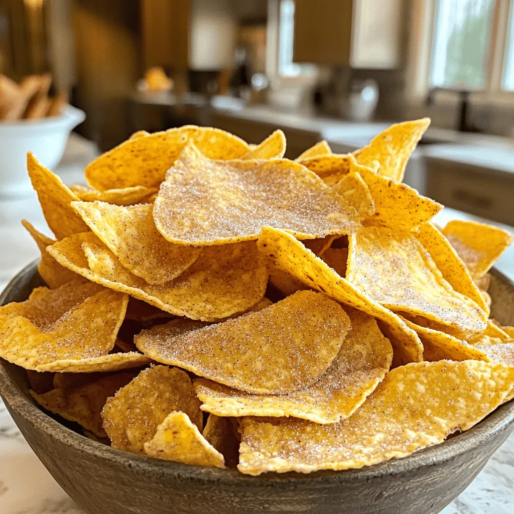 To make these tasty chips, you need a few simple ingredients: - 6 small flour tortillas - 1/4 cup granulated sugar - 1 tablespoon ground cinnamon - 1/4 cup unsalted butter, melted - Pinch of salt These ingredients come together to create a sweet and crunchy snack. The flour tortillas give the chips their base, while the sugar and cinnamon mix adds a delightful sweetness. The melted butter helps the mixture stick and adds richness, while a tiny pinch of salt balances the flavors. To prepare these delicious chips, gather these handy tools: - Baking sheet - Parchment paper - Mixing bowl - Knife or pizza cutter Using a baking sheet lined with parchment paper makes for an easy cleanup. A mixing bowl helps you combine the sugar and cinnamon evenly. A sharp knife or pizza cutter will make slicing the tortillas quick and easy. With these ingredients and tools ready, you can create a snack that your friends and family will love. Check out the Full Recipe for step-by-step instructions to make your own cinnamon sugar tortilla chips! First, preheat your oven to 350°F (175°C). This step is key for making crispy chips. Next, line a baking sheet with parchment paper. This will stop the chips from sticking and help with cleanup later. In a small bowl, combine 1/4 cup granulated sugar and 1 tablespoon ground cinnamon. Mix well until it looks uniform. Set this sweet blend aside for later use. The aroma is already so inviting! Take your six small flour tortillas and brush both sides with 1/4 cup melted unsalted butter. This adds flavor and helps the sugar stick. After buttering, generously sprinkle the cinnamon sugar mixture on both sides. Press down gently so it sticks well. Now, stack the tortillas and slice them into 8 wedges each. A sharp knife or pizza cutter works best for this. Lay the wedges flat on your prepared baking sheet without overlapping. This ensures they cook evenly. Place the baking sheet in your preheated oven. Bake for 10-12 minutes. Keep an eye on them! They should turn golden brown and crisp. Once done, let the chips cool slightly. They will get crunchier as they cool. You can serve them warm or at room temperature. Enjoy the delightful crunch of your cinnamon sugar tortilla chips! For the full recipe, check out the details provided earlier. To get the best crunch, keep your oven at 350°F. This temperature cooks the chips evenly. If the oven is too hot, the chips might burn. If it’s too low, they stay soft. Even layering is key. Lay the tortilla wedges flat on the baking sheet without overlapping. This allows hot air to circulate. When they bake, they will crisp up nicely. If they are stacked, some parts will stay soft. If you have extra chips, store them in an airtight container. This keeps them fresh and crispy. Place a paper towel in the container to absorb moisture. To re-crisp your chips, preheat your oven to 350°F. Spread the chips on a baking sheet. Bake for 5 minutes. They will regain their crunch, making them just as good as fresh. For a fun twist, dip your chips in chocolate or fresh fruit salsa. The sweet flavors pair well with the cinnamon sugar. You can also sprinkle some extra cinnamon sugar on top for added sweetness. When serving, use a bright bowl to showcase the chips. You can add a few fresh fruits around the bowl. This makes your snack look even more inviting. For the full recipe, check the earlier section. {{image_4}} You can change the flavor of your cinnamon sugar tortilla chips. Try adding a pinch of nutmeg for warmth. Nutmeg gives your chips a cozy taste that is different yet delicious. You can also add a splash of vanilla extract. It adds sweetness and depth to the chips. Experiment with these flavors to find what you love best. If you want a healthier option, use whole wheat tortillas. Whole wheat adds fiber and nutrients. It makes your chips a bit heartier. You can also swap out the sugar for sugar substitutes. Options like stevia or monk fruit can work well. They keep the sweetness without the extra calories. These changes let you enjoy your favorite snack in a better way. Cinnamon sugar is not just for tortilla chips. You can sprinkle it on toast for a tasty breakfast. It makes plain toast feel special. You can also use it as a topping for desserts. Try it on ice cream or cupcakes for a sweet kick. This simple mix can add joy to many dishes, so don't be shy to experiment! When you crave cinnamon sugar tortilla chips but lack the time to make them, several brands offer tasty options. Some popular brands include: - Tortilla Chips Co.: Known for their crispy texture and strong cinnamon flavor. Many people love their sweet crunch. - Snack Time Snacks: Their chips are thinner and lighter, making them a great choice for dipping. - Sweet Crunch: With a thicker chip, they provide a satisfying bite. Their cinnamon flavor is sweet but not overpowering. Each brand varies in taste and texture. If you prefer a crunchier chip, Tortilla Chips Co. might be your best bet. For a lighter snack, go for Snack Time Snacks. You can find pre-made cinnamon sugar tortilla chips in various places. - Local Grocery Stores: Check the snack aisle or the specialty chip section. Stores like Walmart and Target usually carry them. - Online Retailers: Websites like Amazon and Instacart offer a wide selection. You can read reviews and compare prices easily. Buying online often gives you access to unique brands that your local store may not have. Prices for cinnamon sugar tortilla chips can vary. - Budget-friendly options: You can find bags starting around $3. These are often found in regular grocery stores. - Premium brand offerings: Some gourmet brands may charge $5 or more. These chips usually offer unique flavors or organic ingredients. It’s worth trying different brands to find your favorite. Each one brings a unique twist to this crunchy snack! Yes, you can! Use gluten-free flour tortillas. Many brands offer tasty options. Just check the label to ensure they are certified gluten-free. You can also try corn tortillas for a different taste and texture. Homemade tortilla chips last about 1 week. Store them in an airtight container at room temperature. Avoid moisture to keep them crispy. For best quality, enjoy them within a few days. Absolutely! Corn tortillas give a different flavor and texture. They tend to be crunchier and have a more robust taste. If you prefer a classic flavor, stick with flour tortillas. Both are delicious! These chips shine with sweet dips! Try chocolate sauce, caramel, or fruit salsa. Cream cheese frosting also makes a fun dip. Get creative and mix flavors to find your favorite combo! Yes, kids love these sweet chips! Let them help sprinkle the cinnamon sugar. Serve with fun dips to make it more appealing. They will enjoy both making and eating these tasty treats! Cinnamon sugar tortilla chips are simple and tasty. You need just a few ingredients and tools. Preheat your oven, mix your sugar with cinnamon, and prepare your tortillas. Remember the tips for crispiness and storage. Feel free to explore variations or store-bought options. These chips pair well with many dips and make a fun snack or dessert. Enjoy making this easy treat that everyone loves!