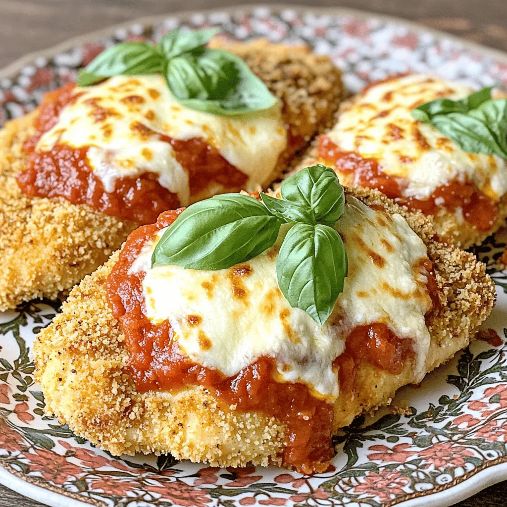 For Oven-Baked Chicken Parmesan, you need simple ingredients. Each one adds flavor and texture. This dish is easy to make and a delight to eat. - 4 boneless, skinless chicken breasts - Salt and freshly cracked pepper, to taste - 1 cup all-purpose flour - 2 large eggs, beaten until smooth - 1 cup seasoned breadcrumbs (preferably Italian-style) - 1 cup freshly grated Parmesan cheese - 2 cups marinara sauce (store-bought or homemade) - 2 cups shredded mozzarella cheese - 1 tablespoon dried oregano - 1 tablespoon fresh basil, finely chopped (or 1 teaspoon dried basil) - Olive oil spray for coating You can add a few extras to boost taste. Some options include: - Red pepper flakes for heat - Fresh spinach for a pop of color and nutrition - Garlic powder for rich flavor - Extra herbs like thyme or parsley for freshness These optional ingredients can transform the dish. Experiment and find what you love best. First, heat your oven to 400°F (200°C). This step is key for a crispy finish. While the oven warms up, take your chicken breasts and place them on a cutting board. Use a meat mallet or a rolling pin to pound the chicken lightly. Aim for an even thickness; this helps the chicken cook evenly. Next, sprinkle each piece with salt and freshly cracked pepper. This adds flavor right from the start. Now, it’s time to set up your breading station. Grab three shallow dishes. Fill the first with flour, the second with beaten eggs, and the third with seasoned breadcrumbs. Mix in half a cup of Parmesan cheese, dried oregano, and fresh basil into the breadcrumbs. Start breading by taking a chicken breast and dipping it in the flour. Shake off any extra flour. Next, dip it in the eggs, coating it well. Finally, press it into the breadcrumb mix. Make sure both sides are covered. This step gives the chicken a nice crunch when baked. With the chicken breaded, place each piece on a baking sheet lined with parchment paper. Lightly spray the tops with olive oil spray. This helps achieve that golden color. Now, put the baking sheet in the oven. Bake for about 25 to 30 minutes. You want the chicken cooked through and the breading golden brown. After baking, take the chicken out and spoon marinara sauce over each piece. Sprinkle the remaining Parmesan cheese on top, then add the mozzarella cheese. Return the baking sheet to the oven for another 10 to 15 minutes. Look for the cheese to be bubbly and lightly golden. Once done, let the chicken rest for a few minutes before serving. Enjoy your crispy and flavorful Oven-Baked Chicken Parmesan! Check out the Full Recipe for more tips. For great breading, follow this simple method. First, set up three bowls. One should hold flour, another beaten eggs, and the last seasoned breadcrumbs mixed with Parmesan and herbs. Take a chicken breast and coat it in flour first. Shake off the extra flour. Next, dip it in the eggs, letting any excess drip off. Finally, press it into the breadcrumb mix. Make sure every part is covered well. This creates a crisp crust that you will love. The key to a perfect texture lies in baking. First, don't crowd the chicken on the baking sheet. Give each piece space to breathe. This helps the hot air circulate around each piece. Second, lightly spray the chicken with olive oil. This will make the crust golden and crisp. Bake at 400°F for about 25-30 minutes. For the last step, add marinara and cheese. Bake until the cheese is bubbly and just brown. This will give you that ooey-gooey texture everyone craves. Using the right tools makes the process easier. Here’s what I recommend: - Three shallow dishes for breading - A meat mallet to pound the chicken - A baking sheet lined with parchment paper - A spatula for flipping the chicken - A sharp knife for cutting and serving These utensils will help you create the best Oven-Baked Chicken Parmesan. For the full recipe, check out the earlier section to get all the steps. {{image_4}} You can change the flavor of your Oven-Baked Chicken Parmesan by using different sauces. While marinara is a classic, consider trying a creamy Alfredo sauce or a spicy arrabbiata for a kick. Each sauce brings new tastes and textures. You can even mix sauces, like a marinara-cream blend. This option adds depth and richness to your dish. Baking your chicken instead of frying it makes this dish much healthier. Frying adds extra oil and calories, while baking keeps it light. You still get a crispy texture when you follow the right breading process. Another option is to use whole-grain breadcrumbs. They offer more fiber and nutrients than regular breadcrumbs. This small change can boost health without losing flavor. If you want a vegetarian twist, try Eggplant Parmesan. Instead of chicken, use slices of eggplant. Just slice, salt, and let the eggplant sit to draw out moisture. Then, bread and bake the slices just like you would with chicken. Top them with the same marinara and cheese. This variation is just as delightful and full of flavor. It’s a great way to enjoy a classic dish in a new way. For the complete recipe, check out the Full Recipe. After enjoying your Oven-Baked Chicken Parmesan, you might have some leftovers. To keep them fresh, let the chicken cool down. Then, place it in an airtight container. Store it in the fridge. It will last up to three days. If you want to keep it longer, consider freezing it. When you're ready to enjoy your leftovers, reheating is key. You can use an oven or a microwave. For the oven, preheat it to 350°F (175°C). Place the chicken on a baking sheet and cover it with foil. Heat for about 15-20 minutes. If using a microwave, place the chicken on a microwave-safe plate. Heat for 1-2 minutes. Check to ensure it's hot all the way through. Freezing is a great option for meal prep. After cooling, wrap each piece of chicken in plastic wrap. Then, place them in a freezer bag. Make sure to remove as much air as possible. You can freeze it for up to three months. When you’re ready to eat, thaw it in the fridge overnight before reheating. This method helps keep the flavors intact. For the full recipe, check out the earlier sections in this article. Yes, you can use frozen chicken breasts. However, you must thaw them first. Place your frozen chicken in the fridge overnight. You can also use the microwave for quick thawing. Once thawed, follow the recipe as usual. This ensures even cooking and a juicy result. To make Oven-Baked Chicken Parmesan gluten-free, swap regular flour and breadcrumbs. Use gluten-free flour and gluten-free breadcrumbs instead. Check the labels of your marinara sauce and cheese for gluten. This way, you keep the flavors while making it safe for gluten-sensitive guests. Oven-Baked Chicken Parmesan pairs well with several sides. Try serving it with: - Spaghetti or any pasta - A fresh garden salad - Garlic bread or breadsticks - Steamed vegetables like broccoli or green beans These sides complement the rich flavors of the chicken without overpowering it. For the full recipe, check the earlier section. In this post, I covered how to make Oven-Baked Chicken Parmesan. We looked at the essential ingredients and optional ones to boost flavor. The step-by-step guide made it easy to prep, bread, and bake the chicken. I shared tips for perfect breading and the right tools. You can try fun variations, like using different sauces or making a veggie version. Finally, I provided storage tips to keep your leftovers fresh. Enjoy your tasty dish and feel free to experiment!
