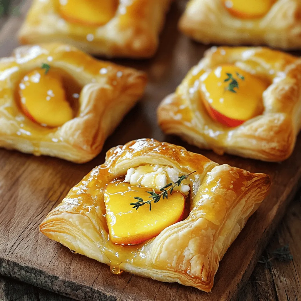 To make Peach and Brie Puff Pastry Bites, you will need: - 1 sheet of puff pastry, thawed - 1 medium ripe peach, thinly sliced - 4 ounces Brie cheese, thinly sliced - 2 tablespoons honey - 1 teaspoon fresh thyme leaves - 1 egg, beaten (for egg wash) - Pinch of salt and pepper Using high-quality ingredients makes a big difference. Fresh peaches bring sweetness and flavor. The Brie cheese adds creaminess and richness. Quality puff pastry puffs up better, creating a flaky texture. Good honey adds a natural sweetness that balances the dish. Fresh thyme adds a lovely herbal note. Each ingredient enhances the overall taste. You can replace some ingredients if needed. If you can't find Brie, try Camembert or goat cheese. For a sweeter touch, use apricot preserves instead of honey. Fresh thyme can be swapped with rosemary or basil for a different flavor. If you want a fruit twist, use figs or pears in place of peaches. These swaps keep the recipe fun and tasty. First, preheat your oven to 400°F (200°C). This helps your pastries get nice and golden. Next, take your puff pastry sheet and let it thaw. Once thawed, flour a clean surface. Roll the pastry gently to remove any creases. You want even thickness for the best bite. Cut the pastry into 2-inch squares using a sharp knife or a pizza cutter. This size works great for a perfect snack. Now it’s time to build your bites! Place the pastry squares on a lined baking sheet. Leave space between them for puffing. On each square, add a slice of Brie cheese. Then, add a thin slice of ripe peach on top. Make sure the peach overlaps the Brie a little. This combo gives a nice flavor. Drizzle a bit of honey over the peach and cheese. Sprinkle fresh thyme leaves on top. Finish with a pinch of salt and pepper to boost the taste. Fold the corners of each pastry square towards the center. Pinch the seams tightly to seal in all the flavors. Brush the tops with a beaten egg wash. This step gives your bites a beautiful golden look. Now, place the baking sheet in the oven. Bake for 15-20 minutes. Watch for the pastries to puff up and turn golden brown. Once done, take them out and let them cool slightly. This helps the flavors settle before you enjoy them! You can find the full recipe for these bites above. One big mistake is using cold puff pastry. Always thaw it completely before using. If your pastry is too cold, it won’t puff up well. Another common error is overcrowding the baking sheet. Leave space between each bite to allow for proper puffing. Also, don’t skip the egg wash. It gives the bites a nice golden color. For the best flaky texture, handle the dough gently. Overworking the pastry can make it tough. When rolling it out, use a light touch and keep it even. A little flour on your surface helps prevent sticking. If you want extra flakiness, fold the dough a few times. This creates layers that puff beautifully in the oven. These bites are done when they are golden brown and puffed up nicely. Keep an eye on them as they bake. You want a deep golden color, but not burnt edges. If you’re unsure, use a toothpick to test one. It should come out clean if the filling is cooked through. Let them cool slightly before serving to let the flavors develop. {{image_4}} If you're looking for vegetarian options, you can easily switch out the peach. Try using ripe pears or sweet figs instead. Both pair well with Brie cheese. These fruits have a similar sweetness and texture. You can also add sautéed mushrooms for an earthy flavor. This will add depth while keeping it meat-free. You can play with flavors in your pastry bites. Consider adding a drizzle of balsamic glaze for a tangy twist. This will balance the sweetness of the fruit. You might also try a sprinkle of crushed red pepper for a kick. The heat will complement the creamy Brie wonderfully. Don’t hesitate to mix different herbs, like rosemary or basil, for extra zest. Feel free to experiment with different cheeses. Goat cheese adds a tangy flavor that works well with sweet fruits. A sharp cheddar can give a nice contrast and depth. You can also swap out the Brie for cream cheese for a lighter option. As for fruits, apples or berries can also shine in this recipe. Just keep the flavors in mind to ensure a delicious bite. For the full recipe, check out the complete guide. After enjoying your Peach and Brie Puff Pastry Bites, store leftovers in an airtight container. This keeps them fresh for up to three days. If you want to keep them longer, consider freezing. Just be sure to let them cool completely before storing. To reheat your bites, preheat your oven to 350°F (175°C). Place the bites on a baking sheet lined with parchment paper. Heat them for about 10 minutes, or until warm and crispy. Avoid using a microwave, as it can make the pastry soggy. You can freeze these bites before baking. Assemble them as per the recipe and place them on a baking sheet. Freeze them for about 1-2 hours, then transfer to a freezer bag. When ready to bake, no need to thaw. Just add a few extra minutes to the baking time. Enjoy making these delightful bites last! Peach and Brie Puff Pastry Bites stay fresh for about three days when stored correctly. Keep them in an airtight container at room temperature. If you place them in the fridge, they may last a bit longer, but the pastry could lose some crispness. Yes, you can prepare these bites ahead of time. Assemble them and keep them in the fridge for up to 24 hours. Just remember to cover them tightly to keep them fresh. Bake them when you are ready to serve. This makes hosting easy and fun! These puff pastry bites pair well with sweet and savory items. Try serving them with: - A fresh salad - A fruit platter - A selection of cheeses - A glass of sparkling wine or iced tea These options will enhance the flavors and make your snack time more enjoyable. For the full recipe, don't forget to check out the detailed steps! In this blog post, we explored how to make delicious Peach and Brie Puff Pastry Bites. We covered the ingredients you need and why quality matters. I shared how to prep and bake the bites for the best taste. We discussed tips to avoid mistakes and how to customize flavors. Finally, we looked at storage and common questions. These bites are simple, tasty, and great for any occasion. Enjoy your cooking and get creative!