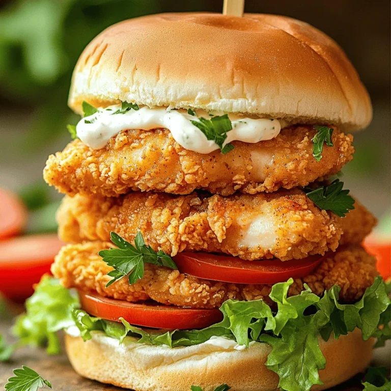 - 2 boneless, skinless chicken breasts - 1 cup buttermilk - 3 cloves garlic, minced - 1 cup all-purpose flour - 1 teaspoon paprika - 1 teaspoon onion powder - ½ teaspoon salt - ½ teaspoon black pepper - ½ teaspoon cayenne pepper (optional) - 1 cup panko breadcrumbs - Vegetable oil (for frying) - 4 fresh hamburger buns - Crisp lettuce leaves - Juicy tomato slices - Mayonnaise or garlic aioli for spreading - Fresh parsley, chopped for garnish These ingredients create a tasty garlic chicken sandwich. The chicken soaks in the buttermilk and garlic mix. This makes it juicy and flavorful. You’ll need a few tools for this recipe. Here’s what you should have: - A medium-sized mixing bowl - Two shallow bowls for breading - A deep skillet or frying pan - A meat thermometer - Paper towels for draining Having these tools ready helps you make the sandwich easily. You can cook the chicken evenly and check for doneness. Feel free to get creative with your sandwich. Here are some fun add-ins and toppings: - Sliced pickles for a tangy crunch - Avocado for creaminess - Spicy mustard for a kick - Coleslaw for extra texture These options add unique flavors to your crispy garlic chicken sandwich. Mix and match to find your favorite combination. For the complete recipe, check out the full recipe section. Start by making the marinade. In a medium bowl, mix the buttermilk, minced garlic, salt, and black pepper. This mix adds flavor and tenderizes the chicken. Place the chicken breasts in the bowl. Ensure they are fully covered with the marinade. Cover the bowl with plastic wrap and place it in the fridge. Let it sit for at least 1 hour. For the best taste, marinate overnight. While the chicken marinates, set up your breading station. You need two bowls. In the first bowl, mix the flour, paprika, onion powder, cayenne pepper, and a pinch of salt. In the second bowl, add the panko breadcrumbs. This setup helps you coat the chicken easily. After marinating, take the chicken out of the fridge. Let the excess marinade drip off. First, dredge each chicken breast in the flour mix. Shake off any extra flour. Then, dip the chicken into the panko breadcrumbs. Press down firmly so the crumbs stick well. For frying, heat vegetable oil in a skillet to about 350°F (175°C). Carefully add the chicken and cook for about 5-7 minutes per side. The chicken should be golden brown and reach an internal temperature of 165°F (75°C). When done, place the chicken on a plate lined with paper towels to drain extra oil. Now it’s time to build your sandwich. Lightly toast the hamburger buns until they are golden. On each bottom bun, spread a generous layer of mayonnaise or garlic aioli. Place a crispy chicken breast on top. Add a layer of crisp lettuce and a few slices of juicy tomato. Finish by placing the top half of the bun over the fillings. Enjoy your delicious creation! For the full recipe, check out the ingredients above. To get that crunchy bite, use panko breadcrumbs. They give a lighter, crispier texture than regular breadcrumbs. Make sure to press the crumbs onto the chicken well. This step helps them stick during frying. For extra crunch, fry the chicken at the right temperature. Aim for about 350°F (175°C). If the oil is too cool, the chicken will soak up grease. Too hot, and the outside burns before the inside cooks. You can easily adjust this recipe for different diets. For gluten-free options, replace all-purpose flour and panko with gluten-free versions. Use almond milk or coconut milk instead of buttermilk for a dairy-free option. If you're cutting down on fat, bake the chicken instead of frying. Just coat the chicken in breadcrumbs and bake at 400°F (200°C) for about 20 minutes. This crispy garlic chicken sandwich shines with fresh toppings. Serve it on toasted buns with crisp lettuce and juicy tomato slices. Add garlic aioli or mayo for extra flavor. You can pair it with sides like fries or a fresh salad. For a fun twist, try adding pickles or avocado slices. These toppings enhance the taste and make each bite exciting. Enjoy every flavorful bite! {{image_4}} You can add heat to your crispy garlic chicken sandwich easily. Just mix in cayenne pepper with the breading. You might also try a spicy sauce. A dash of hot sauce mixed with mayo can do the trick. This adds a kick that many enjoy. If you love heat, feel free to add more cayenne. Adjust it to your taste! You can swap the chicken for a veggie option. A crispy portobello mushroom works well. Just follow the same steps as you would for the chicken. Marinate the mushroom in the buttermilk, then bread it. Fry it until golden brown. You can also use a store-bought veggie patty. Just ensure it’s crispy to match the sandwich’s texture. If you want to change the flavors, play with the spices. Use garlic powder if you want a stronger garlic taste. You can also add herbs like thyme or rosemary for a fresh twist. If a sweeter flavor is your goal, try adding a touch of brown sugar to the breading mix. This balances well with the savory notes of the chicken. Experiment until you find your favorite mix! You can find the full recipe above to get started. To store any leftover crispy garlic chicken sandwiches, wrap each sandwich tightly in plastic wrap. This keeps them fresh and prevents them from drying out. Place the wrapped sandwiches in an airtight container or a resealable bag. Store them in the fridge for up to three days. If you want to keep them longer, consider freezing them. When you're ready to enjoy your leftover sandwiches, take them out of the fridge. I recommend reheating them in an oven for the best results. Preheat your oven to 350°F (175°C). Unwrap the sandwiches and place them on a baking sheet. Heat them for about 10-12 minutes. This will make the chicken crispy again. You can also use a microwave, but this may make the bread soggy. Heat them for 30 seconds to 1 minute, checking often. If you want to freeze the chicken, first, let it cool completely. Then, wrap each piece in plastic wrap and place it in a freezer bag. Make sure to remove as much air as possible. You can freeze the chicken for up to three months. When you’re ready to eat, thaw the chicken overnight in the fridge. Reheat it as mentioned above for that crispiness you love. This way, you can enjoy a delicious crispy garlic chicken sandwich anytime! For the full recipe, check out the Crispy Garlic Chicken Sandwich instructions. To make your chicken extra crispy, use panko breadcrumbs. They add a great crunch. You can also double-coat the chicken. First, dip it in flour, then in buttermilk, and back in flour before coating with panko. This gives a thicker, crunchier crust. Let the coated chicken rest for a few minutes before frying. This helps the coating stick better. Many sides work great with this sandwich. Here are a few ideas: - Golden fries - Sweet potato fries - Coleslaw - Fresh garden salad - Pickles Each side adds a nice touch to your meal. Yes, you can make this recipe in an air fryer! Preheat your air fryer to 400°F (200°C). Spray the basket lightly with oil. Place the breaded chicken in a single layer. Cook for about 12-15 minutes, flipping halfway through. Check the chicken reaches 165°F (75°C) to ensure it's safe to eat. Sauces can add great flavor to your sandwich. Here are some tasty options: - Classic mayonnaise - Garlic aioli - Spicy sriracha mayo - Honey mustard - BBQ sauce You can mix and match, or even add a special sauce of your own! For the full recipe, check out the detailed instructions above. This blog post covered how to make a crispy garlic chicken sandwich. You learned about key ingredients, tools, and optional toppings. I guided you through each step, from marinating to frying. You also discovered tips for the perfect crunch and variations for different tastes. In the end, creating this sandwich is both fun and rewarding. Enjoy it fresh or store it for later. With these tips and tricks, you can impress your family and friends with your cooking skills.