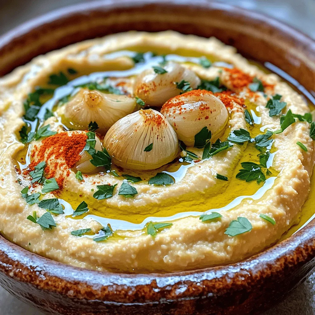 The main ingredients are simple and easy to find. Here’s what you need: - 1 cup canned chickpeas, thoroughly drained and rinsed - 1/4 cup tahini (sesame paste) - 4 cloves roasted garlic - 2 tablespoons freshly squeezed lemon juice - 2 tablespoons olive oil (plus more for drizzling) - 1/2 teaspoon ground cumin - Salt, to taste - 2-3 tablespoons water (adjust as needed for consistency) Each ingredient adds its own unique flavor. The chickpeas provide a creamy base. Tahini adds a rich, nutty taste. Roasted garlic brings sweetness, while lemon juice adds brightness. Olive oil gives a smooth finish, and cumin adds warmth. You can make your hummus even better with a few garnishes. Consider these options: - Paprika for a pop of color - Fresh parsley, finely chopped Serve your hummus with warm pita, crunchy veggies, or homemade chips. You can also pair it with olives or pickles for extra flavor. These additions make your dish look great and add more taste. You will need a few tools to make this hummus. Gather the following: - Oven for roasting garlic - Food processor for blending - Aluminum foil for wrapping garlic - Measuring cups and spoons for accuracy Having the right tools makes cooking easier. This helps you get smooth and creamy hummus every time. Roasting garlic is easy and fun. Start by preheating your oven to 400°F (200°C). Take a whole head of garlic and slice off the top. This exposes the cloves. Next, place the garlic on a piece of aluminum foil. Drizzle it with olive oil. Wrap it tightly in the foil. Roast it for about 30-35 minutes. The cloves should be soft and caramelized when done. Let it cool for a few minutes. Squeeze the roasted cloves out of their skins into a bowl. Once you have the roasted garlic, it’s time to blend. In a food processor, add the drained chickpeas, tahini, roasted garlic, lemon juice, olive oil, ground cumin, and salt. Blend the mixture for 1-2 minutes. Stop to scrape down the sides to help it blend evenly. You want a smooth and velvety texture. Now, taste your hummus! If it’s too thick, add water one tablespoon at a time. Blend until you reach your preferred creamy texture. You can also adjust the flavor. If you want more zing, add a bit more lemon juice or salt. This step helps make the hummus just right for you. When you are satisfied, it's ready to serve. For the full recipe, check out the details above. Enjoy your hummus! To make your hummus creamy, start with warm chickpeas. If you use canned chickpeas, drain and rinse them well. You can even soak dried chickpeas overnight for a softer texture. Roasting garlic adds a sweet and nutty taste. Make sure to roast it until it's soft and golden. Use fresh tahini for the best flavor. Blend the mixture long enough to reach a smooth texture. If it feels thick, add water slowly until it’s just right. Store your hummus in an airtight container. It lasts up to a week in the fridge. To keep it fresh, drizzle a thin layer of olive oil on top before sealing. This helps prevent it from drying out. If you freeze hummus, use a freezer-safe container. It will stay good for about three months. When ready to use, thaw it overnight in the fridge. Stir well before serving to restore its creamy texture. One common mistake is under-blending the mixture. Less blending can lead to a chunky texture. Make sure to scrape down the sides of your food processor during blending. Another mistake is adding too much salt at once. Taste as you go and adjust gradually. Lastly, don’t skip the lemon juice. It brightens the flavor and balances the richness of tahini. Following these tips can elevate your roasted garlic hummus from good to great! {{image_4}} You can change the flavor of your hummus easily. To make it spicy, add a pinch of cayenne or red pepper flakes. For a herby twist, mix in fresh herbs like basil or cilantro. These small changes can bring new life to this classic dish. Chickpeas are great, but other beans work too. White beans or black beans can be used instead. Each type of bean gives a different taste. Feel free to experiment. The key is to keep the same base flavors, like garlic and lemon, to maintain the hummus vibe. This hummus is already vegan and gluten-free. You can enjoy it without worry. If you want more flavor, try adding nutritional yeast. It gives a cheesy taste without dairy. This way, your hummus remains light and healthy, while still being packed with flavor. For the complete recipe, check out the Full Recipe section above. Hummus is a tasty dip made from chickpeas. It is high in protein and fiber. A serving gives you energy and keeps you full. The chickpeas help with digestion and support heart health. Hummus also has healthy fats from tahini and olive oil. These fats are good for your skin and heart. Plus, hummus is rich in vitamins and minerals. It offers iron, magnesium, and B vitamins, which boost your overall health. Garlic is more than just a flavor boost. It has powerful health benefits. First, garlic can help your immune system fight off sickness. It may also reduce blood pressure and cholesterol levels. These effects can lower your risk of heart disease. Garlic is also known for its anti-inflammatory properties. It can help reduce swelling in your body. Plus, the strong smell of garlic can keep some bugs away, making it a natural repellent. When enjoying hummus, portion control is key. A serving size is about 2 tablespoons. This amount provides great taste without too many calories. Pair it with veggies or whole-grain pita for a balanced snack. Remember, moderation is important. You can enjoy your hummus and still keep healthy. If you make a big batch, watch your servings to avoid overeating. Try to savor each bite! For a full recipe, check out the Roasted Garlic Hummus section. Yes, you can make roasted garlic hummus ahead of time. It tastes great after a day in the fridge. This gives the flavors time to blend. Just store it in an airtight container. When you're ready to serve, give it a good stir. You can also drizzle more olive oil on top for extra flavor. Homemade hummus lasts about 4 to 5 days in the fridge. Make sure to keep it sealed well to prevent it from drying out. If you see any changes in color or smell, it’s best to toss it. Freshness is key for the best taste! Serve roasted garlic hummus with warm pita bread or crunchy veggie sticks. You can also use it as a spread on sandwiches. For a fun twist, serve it with homemade pita chips. Don’t forget to add a drizzle of olive oil and a sprinkle of paprika on top for a beautiful finish! For the full recipe, check out the detailed instructions above. Roasted garlic hummus is simple and fun to make. We went over key ingredients, tips, and variations. You learned how to roast garlic and blend it just right. Remember to adjust flavors for your taste. Creamy hummus has health benefits, too, thanks to garlic and peas. Keep these tips close to make the best hummus. Enjoy this tasty treat with friends or family!