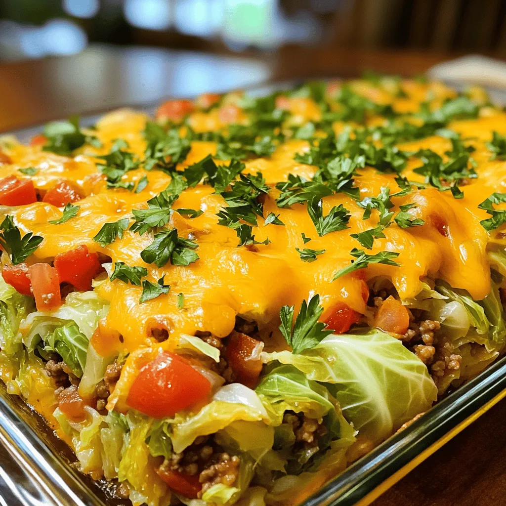- 1 large head of green cabbage, thoroughly chopped - 1 pound of ground turkey or beef (your choice) - 1 cup of cooked rice (opt for jasmine or basmati for added aroma) - 1 medium onion, finely chopped - 2 cloves of garlic, minced - 1 can (15 oz) of rich tomato sauce - 1 can (14.5 oz) of diced tomatoes, undrained - 1 tablespoon of Worcestershire sauce - 1 teaspoon of dried oregano - 1 teaspoon of smoked paprika - 1/2 teaspoon of salt - 1/4 teaspoon of freshly cracked black pepper - 1 cup of shredded cheddar cheese (optional) - Fresh parsley, finely chopped for garnish - 1 cup of chopped bell peppers for extra crunch - 1 teaspoon of red pepper flakes for heat - 1 tablespoon of fresh herbs like basil or thyme - Large skillet for sautéing - 9x13 inch baking dish for layering - Aluminum foil to cover the dish - Sharp knife for chopping - Cutting board for easy prep Using these ingredients helps create a tasty and hearty Cabbage Roll Casserole. Feel free to customize it with optional ingredients for extra flavor. Don't forget to check out the full recipe for detailed steps! Start by chopping the large head of green cabbage. Aim for bite-sized pieces. This makes it easy to layer in the casserole. Cabbage provides great texture and flavor. It also gives a nice crunch when baked. Grab a large skillet and heat a splash of olive oil over medium heat. Add in the finely chopped onion and minced garlic. Sauté them for about five minutes. You want the onion to be soft and fragrant. This step builds a strong flavor base for your dish. Next, add the ground turkey or beef to the skillet. Cook until it’s browned and no longer pink. Make sure to drain any excess fat. Then, mix in the cooked rice, tomato sauce, diced tomatoes, Worcestershire sauce, oregano, smoked paprika, salt, and black pepper. Stir well to combine all the flavors. Heat it through for a few minutes. In a 9x13 inch baking dish, start layering. Place half of the chopped cabbage at the bottom. Then, add half of the meat and rice mixture on top. Repeat the layers with the remaining cabbage and meat mixture. This will help each bite be full of flavor. Cover the dish tightly with aluminum foil. Bake it in the preheated oven at 350°F for 45 minutes. This allows the flavors to meld together. After 45 minutes, remove the foil and sprinkle the shredded cheddar cheese on top if you want. Bake it uncovered for another 15 minutes until the cheese melts. Let it rest for about 10 minutes before serving. This helps the layers settle. To get the best taste, let the casserole rest after baking. This time helps the flavors blend. When you mix the ingredients, do it gently. This way, you keep the textures intact. Use a wooden spoon to avoid mashing the meat or rice. For an extra boost, try adding fresh herbs. Chopped basil or dill can lift the dish's flavor. You can personalize this dish easily. Want more crunch? Add some bell peppers or zucchini. If you like heat, sprinkle in some red pepper flakes. For a creamier texture, mix in sour cream before baking. This adds richness and flavor. You can also swap the rice. Quinoa or cauliflower rice works great for different textures. Watch your baking time closely. If you overcook the casserole, it can dry out. Set a timer for 45 minutes with foil on top. After that, check if it’s warm throughout. If so, remove the foil and add cheese. Bake until the cheese is bubbly. Let it sit for ten minutes before serving. This helps everything set and keeps it moist. For more details, check the full recipe. {{image_4}} To make a vegetarian version of cabbage roll casserole, replace the meat with lentils or beans. Use one can of black beans or one cup of cooked lentils. They add protein and fiber. You can also add more veggies like bell peppers or mushrooms for extra flavor. Replace the Worcestershire sauce with a splash of soy sauce for depth. For a gluten-free casserole, you can skip the Worcestershire sauce or find a gluten-free brand. Use rice as your base. Make sure the tomato sauce and diced tomatoes are gluten-free too. This way, you keep all the yum without any gluten. You can use various meats in this casserole. Ground chicken or pork are great options. They will give different flavors. You can also use a mix of meats for a richer taste. Just make sure to cook the meat thoroughly before adding it to the casserole. Each meat choice adds a unique twist to the dish. To keep your Cabbage Roll Casserole fresh, let it cool down first. Once cooled, cover it tightly with plastic wrap or foil. You can also use an airtight container for best results. Store it in the fridge for up to three days. This dish tastes even better after the flavors mingle overnight! When you’re ready to enjoy leftovers, preheat your oven to 350°F (175°C). Place the casserole in an oven-safe dish and cover it. Heat for about 20 minutes or until it’s hot all the way through. You can also reheat individual portions in the microwave. Heat for 1-2 minutes, stirring halfway for even warmth. If you want to freeze your casserole, it's best to do this before baking. Prepare the dish as normal, but don’t bake it yet. Cover it tightly with plastic wrap and then with foil. You can freeze it for up to three months. When you're ready, thaw it in the fridge overnight. Bake it at 350°F (175°C) for about 1 hour, until it’s hot and bubbly. Enjoy the convenience of a homemade meal anytime! For the full recipe, check out the Cabbage Roll Casserole Extravaganza 🥘. You can prepare Cabbage Roll Casserole a day before serving. Simply follow the steps until layering the casserole. Then, cover it with foil and store it in the fridge. When ready to bake, let it sit at room temperature for 30 minutes. Bake it as usual for about 45 minutes, then add cheese and bake more. This saves time and lets flavors develop overnight. Yes, you can change the vegetables to fit your taste. Bell peppers add crunch and sweetness. Carrots can add color and a hint of sweetness. Zucchini or spinach also works well for added nutrition. Just chop them finely and layer them in with the cabbage and meat. This keeps the dish colorful and fun. Cabbage Roll Casserole goes great with many side dishes. A simple green salad adds freshness. Garlic bread offers a nice crunch and flavor. You can also serve it with steamed broccoli or green beans for a healthy touch. Each side adds balance and makes the meal more filling. You can find the full recipe for Cabbage Roll Casserole in the section titled "Full Recipe." This will guide you through each step to make this tasty dish. This blog post covered how to make Cabbage Roll Casserole. We looked at the ingredients, tools, and step-by-step instructions. You learned tips to enhance flavors and customize your dish. We also explored variations for dietary needs and storage methods. Remember, cooking should be fun and creative. Enjoy experimenting with your own ideas. The right recipe can bring comfort and joy. Happy cooking!